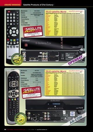 AWARD WINNING                       Satellite Products of 21st Century


                               Manufacturer                     ABC BIZNIS
                               Website                       www.opensat.info
                                                                                      TELE-satellite World                          www.TELE-satellite.com/...
                                                                                      Read Indepth Review of This Product Directly on the Internet:
                               Function
                                                       HDTV Satellite Receiver with   Arabic         ‫ﺍﻟﻌﺮﺑﻴﺔ‬      www.TELE-satellite.com/TELE-satellite-0901/ara/opensat.pdf
                                                             Two CI Slots             Indonesian     Indonesia    www.TELE-satellite.com/TELE-satellite-0901/bid/opensat.pdf
                                                                                      Bulgarian      Български    www.TELE-satellite.com/TELE-satellite-0901/bul/opensat.pdf
                               DVB-S2/LAN                           ●/—               Czech          Česky        www.TELE-satellite.com/TELE-satellite-0901/ces/opensat.pdf
                               Channel Memory                         !               German         Deutsch      www.TELE-satellite.com/TELE-satellite-0901/deu/opensat.pdf
                                                                                      English        English      www.TELE-satellite.com/TELE-satellite-0901/eng/opensat.pdf
                               DiSEqC                                1.2              Spanish        Español      www.TELE-satellite.com/TELE-satellite-0901/esp/opensat.pdf
                                                                                      Farsi          ‫ﻓﺎﺭﺳﻲ‬        www.TELE-satellite.com/TELE-satellite-0901/far/opensat.pdf
                               S-Video/HDMI                         —/●               French         Français     www.TELE-satellite.com/TELE-satellite-0901/fra/opensat.pdf
                                                                                      Greek          Ελληνικά     www.TELE-satellite.com/TELE-satellite-0901/hel/opensat.pdf
                               Scart/Digital Audio                  ●/●               Croatian       Hrvatski     www.TELE-satellite.com/TELE-satellite-0901/hrv/opensat.pdf
                                                                                      Italian        Italiano     www.TELE-satellite.com/TELE-satellite-0901/ita/opensat.pdf
                                                                                      Hungarian      Magyar       www.TELE-satellite.com/TELE-satellite-0901/mag/opensat.pdf
                                                                                      Mandarin       中文           www.TELE-satellite.com/TELE-satellite-0901/man/opensat.pdf
                                                                                      Dutch          Nederlands   www.TELE-satellite.com/TELE-satellite-0901/ned/opensat.pdf
                                                                                      Polish         Polski       www.TELE-satellite.com/TELE-satellite-0901/pol/opensat.pdf
                                                                                      Portuguese     Português    www.TELE-satellite.com/TELE-satellite-0901/por/opensat.pdf
                                                                  12-01/2009          Romanian       Românesc     www.TELE-satellite.com/TELE-satellite-0901/rom/opensat.pdf
                                                               -950 0 HD              Russian        Русский      www.TELE-satellite.com/TELE-satellite-0901/rus/opensat.pdf
                                                OPENSAT XT                 gle        Swedish        Svenska      www.TELE-satellite.com/TELE-satellite-0901/sve/opensat.pdf
                                                            tance in a sin
                                            St yle and subs age                       Turkish        Türkçe       www.TELE-satellite.com/TELE-satellite-0901/tur/opensat.pdf
                                                        pa ck




                      0.52



                              Manufacturer                       AB-COM

                              Website                       www.abipbox.com
                                                                                      TELE-satelliteThis Product Directly on the Internet:
                                                                                      Read Indepth Review of
                                                                                                             World www.TELE-satellite.com/...
                                                       Digital Linux-based HDTV       Arabic        ‫ﺍﻟﻌﺮﺑﻴﺔ‬       www.TELE-satellite.com/TELE-satellite-0901/ara/abcom.pdf
                              Function                 PVR Receiver for DVB-S,        Indonesian    Indonesia     www.TELE-satellite.com/TELE-satellite-0901/bid/abcom.pdf
                                                      DVB-S2, DVB-C and DVB-T         Bulgarian     Български     www.TELE-satellite.com/TELE-satellite-0901/bul/abcom.pdf
                                                                                      Czech         Česky         www.TELE-satellite.com/TELE-satellite-0901/ces/abcom.pdf
                              DVB-S2/LAN                           ●/●                German        Deutsch       www.TELE-satellite.com/TELE-satellite-0901/deu/abcom.pdf
                                                                                      English       English       www.TELE-satellite.com/TELE-satellite-0901/eng/abcom.pdf
                              Channel Memory                       10000              Spanish       Español       www.TELE-satellite.com/TELE-satellite-0901/esp/abcom.pdf
                                                                                      Farsi         ‫ﻓﺎﺭﺳﻲ‬         www.TELE-satellite.com/TELE-satellite-0901/far/abcom.pdf
                              DiSEqC                        1.0 / 1.1 / 1.2 / 1.3     French        Français      www.TELE-satellite.com/TELE-satellite-0901/fra/abcom.pdf
                                                                                      Greek         Ελληνικά      www.TELE-satellite.com/TELE-satellite-0901/hel/abcom.pdf
                              S-Video/HDMI                         —/●                Croatian      Hrvatski      www.TELE-satellite.com/TELE-satellite-0901/hrv/abcom.pdf
                                                                                      Italian       Italiano      www.TELE-satellite.com/TELE-satellite-0901/ita/abcom.pdf
                              Scart/Digital Audio                  ●/●                Hungarian     Magyar        www.TELE-satellite.com/TELE-satellite-0901/mag/abcom.pdf
                                                                                      Mandarin      中文            www.TELE-satellite.com/TELE-satellite-0901/man/abcom.pdf
                                                                                      Dutch         Nederlands    www.TELE-satellite.com/TELE-satellite-0901/ned/abcom.pdf
                                                                                      Polish        Polski        www.TELE-satellite.com/TELE-satellite-0901/pol/abcom.pdf
                                                                                      Portuguese    Português     www.TELE-satellite.com/TELE-satellite-0901/por/abcom.pdf
                                                                                      Romanian      Românesc      www.TELE-satellite.com/TELE-satellite-0901/rom/abcom.pdf
                                                              12-01/2009              Russian       Русский       www.TELE-satellite.com/TELE-satellite-0901/rus/abcom.pdf
                                                                                      Swedish       Svenska       www.TELE-satellite.com/TELE-satellite-0901/sve/abcom.pdf
                                                              0HD
                                               AB IPBOX 90          a family as       Turkish       Türkçe        www.TELE-satellite.com/TELE-satellite-0901/tur/abcom.pdf
                                                    eiver both for
                                    Perfect HD rec              thusiast
                                           for the satellite en




                             0.61



60 TELE-satellite — Broadband & Fiber-Optic — 10-1
                                                 1/2009 — www.TELE-satellite.com
 