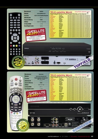 Manufacturer                        Topﬁeld
         Website                       www.topﬁeld.co.kr
                                                                     TELE-satellite World                             www.TELE-satellite.com/...
                                                                     Read Indepth Review of This Product Directly on the Internet:
         Function               HDTV PVR Satellite Receiver          Arabic          ‫ﺍﻟﻌﺮﺑﻴﺔ‬         www.TELE-satellite.com/TELE-satellite-0811/ara/topﬁeld.pdf
                                                                     Indonesian      Indonesia       www.TELE-satellite.com/TELE-satellite-0811/bid/topﬁeld.pdf
         DVB-S2/LAN                           ●/—                    Bulgarian       Български       www.TELE-satellite.com/TELE-satellite-0811/bul/topﬁeld.pdf
                                                                     Czech           Česky           www.TELE-satellite.com/TELE-satellite-0811/ces/topﬁeld.pdf
         Channel Memory                       5000                   German          Deutsch         www.TELE-satellite.com/TELE-satellite-0811/deu/topﬁeld.pdf
                                                                     English         English         www.TELE-satellite.com/TELE-satellite-0811/eng/topﬁeld.pdf
         DiSEqC                        1.0 / 1.1 / 1.2 / 1.3         Spanish         Español         www.TELE-satellite.com/TELE-satellite-0811/esp/topﬁeld.pdf
                                                                     Farsi           ‫ﻓﺎﺭﺳﻲ‬           www.TELE-satellite.com/TELE-satellite-0811/far/topﬁeld.pdf
         S-Video/HDMI                         —/●                    French          Français        www.TELE-satellite.com/TELE-satellite-0811/fra/topﬁeld.pdf
                                                                     Greek           Ελληνικά        www.TELE-satellite.com/TELE-satellite-0811/hel/topﬁeld.pdf
         Scart/Digital Audio                  ●/●                    Croatian        Hrvatski        www.TELE-satellite.com/TELE-satellite-0811/hrv/topﬁeld.pdf
                                                                     Italian         Italiano        www.TELE-satellite.com/TELE-satellite-0811/ita/topﬁeld.pdf
                                                                     Hungarian       Magyar          www.TELE-satellite.com/TELE-satellite-0811/mag/topﬁeld.pdf
                                                                     Mandarin        中文              www.TELE-satellite.com/TELE-satellite-0811/man/topﬁeld.pdf
                                                                     Dutch           Nederlands      www.TELE-satellite.com/TELE-satellite-0811/ned/topﬁeld.pdf
                                                                     Polish          Polski          www.TELE-satellite.com/TELE-satellite-0811/pol/topﬁeld.pdf
                                                                     Portuguese      Português       www.TELE-satellite.com/TELE-satellite-0811/por/topﬁeld.pdf
                                                                     Romanian        Românesc        www.TELE-satellite.com/TELE-satellite-0811/rom/topﬁeld.pdf
                                         10 -1 20 08
                                              1/                     Russian         Русский         www.TELE-satellite.com/TELE-satellite-0811/rus/topﬁeld.pdf
                                                                     Swedish         Svenska         www.TELE-satellite.com/TELE-satellite-0811/sve/topﬁeld.pdf
                                       7700 HSCI
                       TOPFIELD TF d HDTV rec eiver                  Turkish         Türkçe          www.TELE-satellite.com/TELE-satellite-0811/tur/topﬁeld.pdf
                                      an
              A so lidly built SDTV variety of very
                                   a
                     that includes features
                            practical




0.48



          Manufacturer                     Sonicview
          Website                   www.sonicviewusa.com             TELE-satelliteThis Product Directly on the Internet:
                                                                     Read Indepth Review of
                                                                                            World www.TELE-satellite.com/...
                                Digital Satellite PVR Receiver       Arabic          ‫ﺍﻟﻌﺮﺑﻴﺔ‬       www.TELE-satellite.com/TELE-satellite-0811/ara/sonicview.pdf
          Function
                                       With Two Tuners               Indonesian      Indonesia     www.TELE-satellite.com/TELE-satellite-0811/bid/sonicview.pdf
          DVB-S2/LAN                         —/—                     Bulgarian       Български     www.TELE-satellite.com/TELE-satellite-0811/bul/sonicview.pdf
                                                                     Czech           Česky         www.TELE-satellite.com/TELE-satellite-0811/ces/sonicview.pdf
          Channel Memory                      6000                   German          Deutsch       www.TELE-satellite.com/TELE-satellite-0811/deu/sonicview.pdf
                                                                     English         English       www.TELE-satellite.com/TELE-satellite-0811/eng/sonicview.pdf
          DiSEqC                         1.0 / 1.1 / 1.2             Spanish         Español       www.TELE-satellite.com/TELE-satellite-0811/esp/sonicview.pdf
                                                                     Farsi           ‫ﻓﺎﺭﺳﻲ‬         www.TELE-satellite.com/TELE-satellite-0811/far/sonicview.pdf
          S-Video/HDMI                        ●/—                    French          Français      www.TELE-satellite.com/TELE-satellite-0811/fra/sonicview.pdf
                                                                     Greek           Ελληνικά      www.TELE-satellite.com/TELE-satellite-0811/hel/sonicview.pdf
          Scart/Digital Audio                 —/●                    Croatian        Hrvatski      www.TELE-satellite.com/TELE-satellite-0811/hrv/sonicview.pdf
                                                                     Italian         Italiano      www.TELE-satellite.com/TELE-satellite-0811/ita/sonicview.pdf
                                                                     Hungarian       Magyar        www.TELE-satellite.com/TELE-satellite-0811/mag/sonicview.pdf
                                                                     Mandarin        中文            www.TELE-satellite.com/TELE-satellite-0811/man/sonicview.pdf
                                                                     Dutch           Nederlands    www.TELE-satellite.com/TELE-satellite-0811/ned/sonicview.pdf
                                                                     Polish          Polski        www.TELE-satellite.com/TELE-satellite-0811/pol/sonicview.pdf
                                           10 -1 20 08
                                                1/                   Portuguese      Português     www.TELE-satellite.com/TELE-satellite-0811/por/sonicview.pdf
                                                                     Romanian        Românesc      www.TELE-satellite.com/TELE-satellite-0811/rom/sonicview.pdf
                                                    PVR                              Русский       www.TELE-satellite.com/TELE-satellite-0811/rus/sonicview.pdf
                                    SV-360 ELITE                     Russian
                   SONI CV IE W                   easiest to                         Svenska       www.TELE-satellite.com/TELE-satellite-0811/sve/sonicview.pdf
                                dly rec eiver and                    Swedish
                A family-fr ien      ltitude of featur
                                                       es            Turkish         Türkçe        www.TELE-satellite.com/TELE-satellite-0811/tur/sonicview.pdf
                    use with a mu




          4
       0.5



                                                                 www.TELE-satellite.com — 10-1
                                                                                             1/2009 — TELE-satellite — Broadband & Fiber-Optic                    61
 