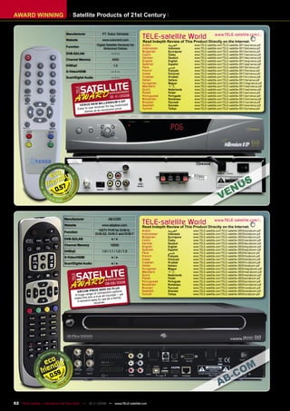 AWARD WINNING                      Satellite Products of 21st Century


                               Manufacturer                  PT. Subur Semesta
                               Website                       www.subursmt.com
                                                                                         TELE-satellite World                         www.TELE-satellite.com/...
                                                                                         Read Indepth Review of This Product Directly on the Internet:
                               Function
                                                        Digital Satellite Receiver for   Arabic        ‫ﺍﻟﻌﺮﺑﻴﺔ‬        www.TELE-satellite.com/TELE-satellite-0811/ara/venus.pdf
                                                              Motorized Dishes           Indonesian    Indonesia      www.TELE-satellite.com/TELE-satellite-0811/bid/venus.pdf
                                                                                         Bulgarian     Български      www.TELE-satellite.com/TELE-satellite-0811/bul/venus.pdf
                               DVB-S2/LAN                           —/—                  Czech         Česky          www.TELE-satellite.com/TELE-satellite-0811/ces/venus.pdf
                                                                                         German        Deutsch        www.TELE-satellite.com/TELE-satellite-0811/deu/venus.pdf
                               Channel Memory                        4000
                                                                                         English       English        www.TELE-satellite.com/TELE-satellite-0811/eng/venus.pdf
                               DiSEqC                                 1.2                Spanish       Español        www.TELE-satellite.com/TELE-satellite-0811/esp/venus.pdf
                                                                                         Farsi         ‫ﻓﺎﺭﺳﻲ‬          www.TELE-satellite.com/TELE-satellite-0811/far/venus.pdf
                               S-Video/HDMI                         —/—                  French        Français       www.TELE-satellite.com/TELE-satellite-0811/fra/venus.pdf
                                                                                         Greek         Ελληνικά       www.TELE-satellite.com/TELE-satellite-0811/hel/venus.pdf
                               Scart/Digital Audio                  —/—                  Croatian      Hrvatski       www.TELE-satellite.com/TELE-satellite-0811/hrv/venus.pdf
                                                                                         Italian       Italiano       www.TELE-satellite.com/TELE-satellite-0811/ita/venus.pdf
                                                                                         Hungarian     Magyar         www.TELE-satellite.com/TELE-satellite-0811/mag/venus.pdf
                                                                                         Mandarin      中文             www.TELE-satellite.com/TELE-satellite-0811/man/venus.pdf
                                                                                         Dutch         Nederlands     www.TELE-satellite.com/TELE-satellite-0811/ned/venus.pdf
                                                                                         Polish        Polski         www.TELE-satellite.com/TELE-satellite-0811/pol/venus.pdf
                                                                   10 -1 20 08
                                                                        1/               Portuguese    Português      www.TELE-satellite.com/TELE-satellite-0811/por/venus.pdf
                                                                                         Romanian      Românesc       www.TELE-satellite.com/TELE-satellite-0811/rom/venus.pdf
                                                                          II- EP                       Русский        www.TELE-satellite.com/TELE-satellite-0811/rus/venus.pdf
                                                         MI LLENNIUM                     Russian
                                          VENUS NE W                       tor ized                    Svenska        www.TELE-satellite.com/TELE-satellite-0811/sve/venus.pdf
                                                             er for big mo               Swedish
                                         Easy to use rec eiv              ce             Turkish       Türkçe         www.TELE-satellite.com/TELE-satellite-0811/tur/venus.pdf
                                                            ec onomic pri
                                              dishes at an




                         0.57



                              Manufacturer                        AB-COM
                              Website                        www.abipbox.com
                                                                                         TELE-satelliteThis Product Directly on the Internet:
                                                                                         Read Indepth Review of
                                                                                                                World www.TELE-satellite.com/...
                              Function
                                                         HDTV PVR for DVB-S,             Arabic        ‫ﺍﻟﻌﺮﺑﻴﺔ‬       www.TELE-satellite.com/TELE-satellite-0809/ara/abcom.pdf
                                                       DVB-S2, DVB-C and DVB-T           Indonesian    Indonesia     www.TELE-satellite.com/TELE-satellite-0809/bid/abcom.pdf
                                                                                         Bulgarian     Български     www.TELE-satellite.com/TELE-satellite-0809/bul/abcom.pdf
                              DVB-S2/LAN                             ●/●                 Czech         Česky         www.TELE-satellite.com/TELE-satellite-0809/ces/abcom.pdf
                                                                                         German        Deutsch       www.TELE-satellite.com/TELE-satellite-0809/deu/abcom.pdf
                              Channel Memory                        10000                English       English       www.TELE-satellite.com/TELE-satellite-0809/eng/abcom.pdf
                              DiSEqC                         1.0 / 1.1 / 1.2 / 1.3       Spanish       Español       www.TELE-satellite.com/TELE-satellite-0809/esp/abcom.pdf
                                                                                         Farsi         ‫ﻓﺎﺭﺳﻲ‬         www.TELE-satellite.com/TELE-satellite-0809/far/abcom.pdf
                              S-Video/HDMI                           ●/●                 French        Français      www.TELE-satellite.com/TELE-satellite-0809/fra/abcom.pdf
                                                                                         Greek         Ελληνικά      www.TELE-satellite.com/TELE-satellite-0809/hel/abcom.pdf
                              Scart/Digital Audio                    ●/●                 Croatian      Hrvatski      www.TELE-satellite.com/TELE-satellite-0809/hrv/abcom.pdf
                                                                                         Italian       Italiano      www.TELE-satellite.com/TELE-satellite-0809/ita/abcom.pdf
                                                                                         Hungarian     Magyar        www.TELE-satellite.com/TELE-satellite-0809/mag/abcom.pdf
                                                                                         Mandarin      中文            www.TELE-satellite.com/TELE-satellite-0809/man/abcom.pdf
                                                                                         Dutch         Nederlands    www.TELE-satellite.com/TELE-satellite-0809/ned/abcom.pdf
                                                                                         Polish        Polski        www.TELE-satellite.com/TELE-satellite-0809/pol/abcom.pdf
                                                                                         Portuguese    Português     www.TELE-satellite.com/TELE-satellite-0809/por/abcom.pdf
                                                               08-09/2008                Romanian      Românesc      www.TELE-satellite.com/TELE-satellite-0809/rom/abcom.pdf
                                                                    US                   Russian       Русский       www.TELE-satellite.com/TELE-satellite-0809/rus/abcom.pdf
                                                      X 90 00 HD PL
                                      ABCOM IPBO connection options                      Swedish       Svenska       www.TELE-satellite.com/TELE-satellite-0809/sve/abcom.pdf
                                                   of                                                  Türkçe
                                     A huge range true all -rounder – yet                Turkish                     www.TELE-satellite.com/TELE-satellite-0809/tur/abcom.pdf
                                                  a
                                     make this box sy to use as a family
                                      it remains ea eiver.
                                                   rec




                      0.59



62 TELE-satellite — Broadband & Fiber-Optic — 10-1
                                                 1/2009 — www.TELE-satellite.com
 