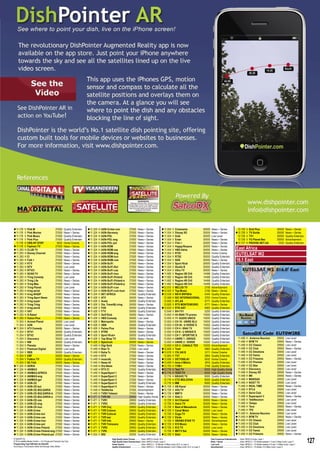 SatcoDX Satellite TV Handbook 12-01/2010
     Freq Pol Channel Name               Symbol Rate Programming Type             Freq Pol Channel Name            Symbol Rate Programming Type                           Freq Pol Channel Name                   Symbol Rate Programming Type                          Freq Pol Channel Name                      Symbol Rate Programming Type
     GHz                                   ksym/sec SatcoDX Deﬁnition             GHz                                ksym/sec SatcoDX Deﬁnition                           GHz                                       ksym/sec SatcoDX Deﬁnition                          GHz                                          ksym/sec SatcoDX Deﬁnition




 11.178    V   Pink M               27500                Quality Entertain.    11.324   H   AXN-Crime-rum                27500      News + Series                   11.554     V   Cinemania                          30000    News + Series                      12.726      V   Svet Plus                              30000      News + Series
 11.178    V   Pink Movies          27500                News + Series         11.324   H   AXN-Germany                  27500      News + Series                   11.554     V   Disney XD                          30000    News + Series                     12.726      V   TV Guide                               30000      News + Series
 11.178    V   Pink Music           27500                Quality Entertain.    11.324   H   AXN-POL                      27500      News + Series                   11.554     V   DoQ                                30000    Low Level                          12.726      V   TV1                                    30000      Quality Entertain.
 11.178    V   Pink Plus            27500                Quality Entertain.    11.324   H   AXN-POL-eng                  27500      News + Series                   11.554     V   Enter                              30000    News + Series                      12.726      V   YU Planet Bec                          30000      Advertisement
  11.178    H   CBS-NY STBY           5632                Home Cinema           11.324   H   AXN-POL-pol                  27500      News + Series                   11.554     V   Film +                             30000    News + Series                     12.727      H   PROVSE.NET.UA                           3333      Quality Entertain.
 11.178    V   Fashion TV           27500                News + Series         11.324   H   AXN-ROM                      27500      News + Series                   11.554     V   Happy/Kosava                       30000    News + Series
 11.283    H   CLUB TV              27500                News + Series         11.324   H   AXN-ROM-cze                  27500      News + Series                   11.554     V   HBO Adria                          30000    News + Series                    East Africa
 11.283
 11.283
            H
            H
                Disney Channel
                E!
                                     27500
                                     27500
                                                          News + Series
                                                          News + Series
                                                                                11.324
                                                                                11.324
                                                                                          H
                                                                                          H
                                                                                              AXN-ROM-eng
                                                                                              AXN-ROM-hun
                                                                                                                           27500
                                                                                                                           27500
                                                                                                                                      News + Series
                                                                                                                                      News + Series
                                                                                                                                                                      11.554
                                                                                                                                                                      11.554
                                                                                                                                                                                  V
                                                                                                                                                                                  V
                                                                                                                                                                                      RTS1
                                                                                                                                                                                      RTS2
                                                                                                                                                                                                                         30000
                                                                                                                                                                                                                         30000
                                                                                                                                                                                                                                  Home Cinema
                                                                                                                                                                                                                                  Quality Entertain.
                                                                                                                                                                                                                                                                   EUTELSAT W2
 11.283    H   Folk +               27500                News + Series         11.324   H   AXN-ROM-rum                  27500      News + Series                   11.554     V   SOS                                30000    News + Series                    16.1 East
 11.283    H   KTV                  27500                News + Series         11.324   H   AXN-SciFi                    27500      News + Series                   11.554     V   Sport Klub                         30000    Quality Entertain.               EUT0W2RE
 11.283    H   NTV                  27500                Low Level             11.324   H   AXN-SciFi-Bul                27500      News + Series                   11.554     V   Studio B                           30000    Quality Entertain.
 11.283    H   RTV21                27500                News + Series         11.324   H   AXN-SciFi-cze                27500      News + Series                   11.554     V   Ultra TV                           30000    News + Series
 11.283    H   SCAN TV              27500                News + Series         11.324   H   AXN-SciFi-hun                27500      News + Series                   11.682     V   Region 2B Ch5                      14468    Quality Entertain.
 11.283    H   Tring Comedy         27500                Low Level             11.324   H   AXN-SciFi-Poland             27500      News + Series                   11.682     V   Region 3B Ch5                      14468    Quality Entertain.
 11.283    H   Tring Life           27500                News + Series         11.324   H   AXN-SciFi-Poland-e           27500      News + Series                   11.682     V   Region 4B Ch5                      14468    Quality Entertain.
 11.283    H   Tring Max            27500                News + Series         11.324   H   AXN-SciFi-Poland-p           27500      News + Series                   11.682     V   Region 5B Ch5                      14468    Quality Entertain.
 11.283    H   Tring Planet         27500                Low Level             11.324   H   AXN-SciFi-rum                27500      News + Series                   12.513     V   MELOS TV                            2156    Advertisement
 11.283    H   tring serial         27500                News + Series         11.324   H   AXN-SciFi-rum-hum            27500      News + Series                   12.520     V   Top Music                           2156    News + Series
 11.283    H   tring SHQIP          27500                News + Series         11.324   H   SET AFRICA                   27500      Quality Entertain.              12.538     V   BN R SRPSKA                         4340    Quality Entertain.
 11.283    H   Tring Sport News     27500                News + Series         11.428   V   ATV                          30000      News + Series                    12.568     H   SIC INTERNACIONAL                   3703    Home Cinema
 11.283    H   tring super          27500                News + Series         11.428   V   Avala                        30000      Quality Entertain.               12.600     V   ATLAS                               6771    Quality Entertain.
 11.283    H   Tring Tring          27500                News + Series         11.428   V   Dis. Travel&Living           30000      News + Series                    12.600     V   RTV MONTENEGRO                      6771    News + Series
 11.283    H   tring world          27500                News + Series         11.428   V   FOX                          30000      Quality Entertain.              12.633     V   RTK-SAT                             4883    Quality Entertain.
 11.283    H   VH1                  27500                News + Series         11.428   V   FTV                          30000      Quality Entertain.               12.648     V   BH-TV1                              5200    Quality Entertain.
 11.283    H   X-Rated              27500                News + Series         11.428   V   Golf Klub                    30000      News + Series                    12.650     H   44-SNAI TV promo                   15000    Quality Entertain.
 11.283    H   Vizion Plus          27500                News + Series         11.428   V   HBO Comedy                   30000      Low Level                        12.650     H   77- AUDIO UNICO                    15000    Quality Entertain.
  11.304    V   Animal Planet        30000                Low Level             11.428   V   Metropolis                   30000      News + Series                    12.650     H   CH 10 - UNIRE BLU                  15000    Quality Entertain.
  11.304    V   AXN                  30000                Low Level             11.428   V   OBN                          30000      Quality Entertain.               12.650     H   CH 20 - U VERDE S                  15000    Quality Entertain.
 11.304    V   bTV Comedy           30000                News + Series         11.428   V   Palma Plus                   30000      News + Series                    12.650     H   CH 4 - SNAI TV                     15000    Quality Entertain.
  11.304    V   BTV1                 30000                Quality Entertain.    11.428   V   RTRS                         30000      News + Series                    12.650     H   CH 6 - U GRIGIO S                  15000    Quality Entertain.
  11.304    V   BTV2                 30000                Quality Entertain.    11.428   V   Sport Klub+                  30000      Quality Entertain.               12.650     H   CH 7 - SPORTIVE S                  15000    Quality Entertain.
  11.304    V   Discovery            30000                Low Level             11.428   V   Top Shop TV                  30000      News + Series                    12.650     H   UNIRE 1 - GRIGIO                   15000    Quality Entertain.                 11.486      H   .Antenne Reunion                       29950      Low Level
  11.304    V   NW                   30000                Quality Entertain.    11.428   V   Spectrum                     30000      News + Series                    12.650     H   UNIRE 2 - VERDE                    15000    Quality Entertain.                 11.486      H   BFM TV                                 29950      News + Series
  11.304    V   Planeta              30000                News + Series          11.449   H   Digi Gold                    27500      News + Series                    12.650     H   CH 3 - CANALE TES                  15000    Advertisement                      11.486      H   CC Classic                             29950      Low Level
  11.304    V   Premium Digital      30000                Low Level              11.449   H   Klan Tv                      27500      Low Level                       12.656     V   Tvsh                                4883    Quality Entertain.                 11.486      H   CC Club                                29950      News + Series
  11.304    V   RBS                  30000                Quality Entertain.     11.449   H   Koha Tv                      27500      News + Series                   12.678     V   ITA 340 B                           6111    Home Cinema                        11.486      H   CC Emotions                            29950      Low Level
  11.304    V   EBF                  30000                News + Series          11.449   H   KTV                          27500      News + Series                    12.683     H   TV7                                 2894    Quality Entertain.                 11.486      H   CC Famiz                               29950      Low Level
  11.304    V   Folklor TV           30000                Quality Entertain.     11.449   H   musicAL                      27500      News + Series                   12.695     V   DETVSBLN1                           5632    Home Cinema                        11.486      H   CC Frissons                            29950      News + Series
  11.304    V   SC Folk              30000                News + Series          11.449   H   News 24                      27500      News + Series                   12.699     H   Auto 4 Mbit/s                       2816    Quality Entertain.                 11.486      H   CC Premier                             29950      Low Level
 11.324    H   ADRIA                27500                News + Series          11.449   H   Ora News                     27500      News + Series                   12.703     H   TVM-I                               2748    Quality Entertain.                 11.486      H   CC Star                                29950      Low Level
 11.324    H   ANIMAX               27500                News + Series          11.449   H   RTV 21                       27500      Quality Entertain.              12.719     H   Test TV                             9000    High Quality Home                  11.486      H   Discovery                              29950      Low Level
 11.324    H   ANIMAX-AFRICA        27500                News + Series          11.449   H   SuperSport 1                 27500      News + Series                   12.719     H   TEST-TV                             9000    High Quality Home                  11.486      H   Disney XD                              29950      News + Series
 11.324    H   ANIMAX-eng           27500                News + Series          11.449   H   SuperSport 2                 27500      News + Series                    12.719     H   BRAVO TV                            9000    Quality Entertain.                 11.486      H   M6                                     29950      News + Series
 11.324    H   ANIMAX-ger           27500                News + Series          11.449   H   SuperSport 3                 27500      News + Series                    12.719     H   CTC MOLDOVA                         9000    Quality Entertain.                 11.486      H   MANGAS                                 29950      Low Level
 11.324    H   AXN-CE               27500                News + Series          11.449   H   SuperSport 4                 27500      Quality Entertain.               12.719     H   MM                                  9000    Quality Entertain.                11.486      H   NOOT TV                                29950      Low Level
 11.324    H   AXN-CE-bul           27500                News + Series          11.449   H   SuperSport 5                 27500      News + Series                   12.726     V   AB Kanal                           30000    News + Series                      11.486      H   REAL TIME                              29950      News + Series
 11.324    H   AXN-CE-BULGARIA      27500                News + Series          11.449   H   TeleNorba                    27500      Advertisement                   12.726     V   Alfa TV                            30000    News + Series                      11.486      H   RTL9                                   29950      Low Level
 11.324    H   AXN-CE-BULGARIA-b 27500                   News + Series          11.449   H   TVSH Tokesor                 27500      News + Series                   12.726     V   MMTV                               30000    News + Series                      11.486      H   Serie Club                             29950      Low Level
 11.324    H   AXN-CE-BULGARIA-e 27500                   News + Series         11.471   V   TVR HD                       29950      High Quality Home               12.726     V   Sitel 3                            30000    News + Series                      11.486      H   Supersport 3                           29950      News + Series
 11.324    H   AXN-CE-cze           27500                News + Series         11.471   V   TVR1                         29950      Quality Entertain.               12.726     V   Art Channel                        30000    News + Series                      11.486      H   TeleReunion                            29950      Low Level
 11.324    H   AXN-CE-eng           27500                News + Series         11.471   V   TVR2                         29950      Quality Entertain.               12.726     V   Astro TV                           30000    News + Series                      11.486      H   Tempo                                  29950      Low Level
 11.324    H   AXN-CE-hun           27500                News + Series         11.471   V   TVR Cluj                     29950      Quality Entertain.               12.726     V   Best of Macedonia                  30000    News + Series                      11.486      H   Teva                                   29950      News + Series
 11.324    H   AXN-Crime            27500                News + Series         11.471   V   TVR Craiova                  29950      Quality Entertain.              12.726     V   Canal Motor                        30000    Low Level                          11.486      H   TF6                                    29950      Low Level
 11.324    H   AXN-Crime-bul        27500                News + Series         11.471   V   TVR Cultural                 29950      Quality Entertain.               12.726     V   Duga TV                            30000    News + Series                     11.490      H   .Antenne Reunion                       29950      Low Level
 11.324    H   AXN-Crime-cze        27500                News + Series         11.471   V   TVR Iasi                     29950      Quality Entertain.              12.726     V   Ekids                              30000    News + Series                     11.490      H   BFM TV                                 29950      News + Series
 11.324    H   AXN-Crime-hun        27500                News + Series         11.471   V   TVR Info                     29950      News + Series                    12.726     V   GRAND STAR TV                      30000    Advertisement                     11.490      H   CC Classic                             29950      Low Level
 11.324    H   AXN-Crime-pol        27500                News + Series         11.471   V   TVR Timisoara                29950      Quality Entertain.              12.726     V   K15 Music                          30000    News + Series                     11.490      H   CC Club                                29950      Low Level
 11.324    H   AXN-Crime-Poland     27500                News + Series         11.471   V   TVR3                         29950      Quality Entertain.              12.726     V   K15 TV                             30000    Low Level                         11.490      H   CC Emotions                            29950      Low Level
 11.324    H   AXN-Crime-Poland-eng 27500                News + Series         11.471   V   TVRi                         29950      Quality Entertain.               12.726     V   MKTV Sat                           30000    News + Series                     11.490      H   CC Famiz                               29950      Low Level
 11.324    H   AXN-Crime-Poland-pol 27500                News + Series         11.554   V   B92                          30000      Quality Entertain.              12.726     V   Sitel                              30000    News + Series                     11.490      H   CC Frissons                            29950      News + Series
© SatcoDX Inc
© TELE-satellite Medien GmbH — For Private and Personal Use Only
Programming Type Deﬁnition by SatcoDX
                                                                                                      High Quality Home Cinema ...........Video: MPEG-4 Audio: AC3
                                                                                                      High Quality Home Entertainment Video: MPEG-4 Audio: Layer 2
                                                                                                      Home Cinema ..................................Video: MPEG-2 + TS Bitrate >5 Mbps Audio: AC3, or Layer 2
                                                                                                                                                                                                                                 Cost Conscious Entertainment .....Video: MPEG-4 Audio: Layer 1
                                                                                                                                                                                                                                 News + Series .................................Video: MPEG-2 + TS Bitrate between 1.5 and 3 Mbps Audio: Layer 2
                                                                                                                                                                                                                                 Low Level ........................................Video: MPEG-2 + TS Bitrate between 0.5 and 1.5 Mbps Audio: Layer 2
                                                                                                                                                                                                                                                                                                                                                            127
According to Transmission Mode and Average Video Bitrate                                              Quality Entertainment ....................Video: MPEG-2 + TS Bitrate between 3 and 5 Mbps Audio: AC3, or Layer 2           Advertisement .................................Video: MPEG-2 + TS Bitrate <0.5 Mbps Audio: Layer 2
 