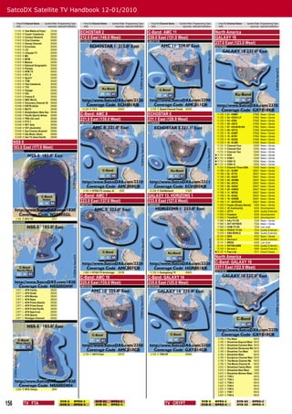 SatcoDX Satellite TV Handbook 12-01/2010

         Freq Pol Channel Name       Symbol Rate Programming Type     Freq Pol Channel Name   Symbol Rate Programming Type     Freq Pol Channel Name   Symbol Rate Programming Type      Freq Pol Channel Name       Symbol Rate Programming Type
         GHz                           ksym/sec SatcoDX Deﬁnition     GHz                       ksym/sec SatcoDX Deﬁnition     GHz                       ksym/sec SatcoDX Deﬁnition      GHz                           ksym/sec SatcoDX Deﬁnition
       11.174
       11.610
                H
                H
                    Tele Wallis et Futun
                    Canal+ Caledonie
                                           23150
                                           30000
                                                                    ECHOSTAR 2                                               C-Band: AMC 11                                           North America
       11.610   H   Cartoon Network        30000                    212.0 East (148.0 West)                                  229.0 East (131.0 West)                                  GALAXY 18
       11.610   H   Cine Cinemas           30000
       11.610   H   Disney Channel         30000
                                                                    ECH001KB                                                 AMC011CB
                                                                                                                                                                                      237.0 East (123.0 West)
       11.610   H   Euronews               30000                                                                                                                                      GXY018KB
       11.610   H   LCI                    30000
       11.610   H   LEquipe TV             30000
       11.610   H   M6                     30000
       11.610   H   MCM                    30000
       11.610   H   Motors                 30000
       11.610   H   National Geographic    30000
       11.610   H   Planete                30000
       11.610   H   RFM TV                 30000
       11.610   H   RTL 9                  30000
       11.610   H   Sport+                 30000
       11.610   H   TCM                    30000
       11.610   H   Tele Caledonie         30000
       11.610   H   TV5                    30000
       11.610   H   Voyage                 30000
       11.610   H   XXL                    30000
       11.610   H   France O               30000
       12.648   H   BBC World              28066
       12.648   H   Discovery Channel (N   28066
       12.648   H   EWTN (Asia)            28066
       12.648   H   MUTV                   28066                     12.224 R TV 5                 20000                      3.720 V Speed Channel Feeds 30000
       12.648   H   Nickelodeon (New Zea   28066
       12.648   H   Paciﬁc Sports Netwo    28066                    C-Band: AMC 8                                            ECHOSTAR 5                                                 11.720   V   01 - KMMF              27692   News + Series
                                                                                                                                                                                        11.720   V   04 - KDEV-LP           27692   News + Series
       12.648
       12.648
                H
                H
                    PBS info card
                    PTV 1
                                           28066
                                           28066
                                                                    221.0 East (139.0 West)                                  231.1 East (128.9 West)                                    11.720   V   05 - KPBI              27692   News + Series
                                                                    AMC008CB                                                 ECH005KB                                                   11.720   V   06 - KBTZ              27692   News + Series
       12.648   H   SET Asia               28066
       12.648   H   VH1 (Australia)        28066                                                                                                                                        11.720   V   07 - KXUN/KLRA         27692   News + Series
       12.648   H   Zee Cinema (Australi   28066                                                                                                                                        11.720   V   09 - KEYU              27692   Advertisement
       12.648   H   Zee Music (Asia)       28066                                                                                                                                        11.720   V   10 - KAMT              27692   News + Series
       12.648   H   Zee TV (Asia Paciﬁc    28066                                                                                                                                        11.720   V   13 - KFDF              27692   News + Series
                                                                                                                                                                                        11.720   V   15 - KEGS              27692   News + Series
      NSS 9                                                                                                                                                                             11.720   V   16 - KLMN              27692   News + Series
                                                                                                                                                                                        11.731   H   Channel Four           13240   News + Series
      183.0 East (177.0 West)                                                                                                                                                           11.731   H   Channel One            13240   News + Series
      NSS005GL                                                                                                                                                                          11.731   H   Channel Two            13240   News + Series
                                                                                                                                                                                       11.731   H   EES                    13240   News + Series
                                                                                                                                                                                       11.731   H   VISN 1                 13240   News + Series
                                                                                                                                                                                       11.731   H   VISN 10                13240   News + Series
                                                                                                                                                                                       11.731   H   VISN 12                13240   News + Series
                                                                                                                                                                                        11.731   H   Channel Three-VBA      13240   News + Series
                                                                                                                                                                                        11.798   V   01 - KUWF              26657   News + Series
                                                                                                                                                                                        11.798   V   02 - KTVC              26657   News + Series
                                                                                                                                                                                        11.798   V   03 - KQUP              26657   News + Series
                                                                                                                                                                                        11.798   V   05 - WUMN              26657   News + Series
                                                                                                                                                                                        11.798   V   06 - KKYK              26657   News + Series
                                                                                                                                                                                        11.798   V   08 - KQDK              26657   News + Series
                                                                                                                                                                                        11.798   V   09 - KWKO              26657   News + Series
                                                                      3.783 H KTOO-TV Juneau, Al    4200                      12.224 R DishNetwork          21500
                                                                                                                                                                                        11.798   V   11 - WPXS              26657   News + Series
                                                                    C-Band: AMC 7                                            GALAXY 13, HORIZONS 1                                      11.798   V   15 - KCBU              26657   News + Series
                                                                                                                                                                                        11.798   V   16 - KWBM              26657   News + Series
                                                                    223.0 East (137.0 West)                                  233.0 East (127.0 West)                                    11.798   V   17 - DAYSTAR           26657   News + Series
                                                                    AMC007CB                                                 HOR001KB                                                   11.805   H   Feeds ({Empty Name})    4580   News + Series
                                                                                                                                                                                        11.855   V   3C Community            5000   Advertisement
                                                                                                                                                                                        11.855   V   3CTV                    5000   Quality Entertain.
                                                                                                                                                                                        11.855   V   Freedom                 5000   Advertisement
                                                                                                                                                                                        11.855   V   TimeShift               5000   Advertisement
        4.185 R BYU TV                      4377
                                                                                                                                                                                        11.965   V   AAJ-TV HD               7234   News + Series
      NSS005NW
                                                                                                                                                                                        11.965   V   AVT KHYBER              7234   News + Series
                                                                                                                                                                                        11.965   V   HUM-TV HD               7234   Low Level
                                                                                                                                                                                        11.965   V   PEACE TV HD             7234   Quality Entertain.
                                                                                                                                                                                        12.078   V   KBS WORLD               3680   Quality Entertain.
                                                                                                                                                                                        12.104   V   SNG                     2222   News + Series
                                                                                                                                                                                        12.110   V   Service 2               3400   Quality Entertain.
                                                                                                                                                                                        12.114   V   WRDE                    4340   Low Level
                                                                                                                                                                                        12.114   V   RETROJAMS               4340   Quality Entertain.
                                                                                                                                                                                        12.136   V   Service 1               2666   Quality Entertain.
                                                                                                                                                                                       12.137   H   Pup Link                6111   Home Cinema

                                                                                                                                                                                      North America
                                                                                                                                                                                      C-Band: GALAXY 18
                                                                                                                                                                                      237.1 East (122.9 West)
                                                                                                                                                                                      GXY018CB
                                                                      3.880 H KTUU-TV Anchorage    25196                      11.720 H Guangdong TV         26800

                                                                    C-Band: AMC 10                                           C-Band: GALAXY 14
                                                                    225.0 East (135.0 West)                                  235.0 East (125.0 West)
                                                                    AMC010CB                                                 GXY014CB
        3.977 L AFN Family                 28000
        3.977 L AFN Guide                  28000
        3.977 L AFN Movies                 28000
        3.977 L AFN News                   28000
        3.977 L AFN Prime Atlantic         28000
        3.977 L AFN Prime Korea            28000
        3.977 L AFN Prime Paciﬁc           28000
        3.977 L AFN Spectrum               28000
        3.977 L AFN Sports                 28000
        3.977 L Pentagon Channel           28000
      NSS005WH




                                                                                                                                                                                        3.795    V   Flix West            19510
                                                                                                                                                                                        3.795    V   Showtime Beyond West 19510
                                                                                                                                                                                        3.795    V   Showtime Extreme Wes 19510
                                                                                                                                                                                        3.795    V   Showtime Showcase We 19510
                                                                                                                                                                                        3.795    V   Showtime Too West    19510
                                                                      3.720 V HGTV East            29270                      3.720 H TBN HD                26666                       3.795    V   Showtime West        19510
                                                                                                                                                                                        3.795    V   Sundance Channel Wes 19510
                                                                                                                                                                                        3.795    V   The Movie Channel We 19510
                                                                                                                                                                                        3.795    V   The Movie Channel Xt 19510
                                                                                                                                                                                        3.812    V   Showtime Family West 9760
                                                                                                                                                                                        3.812    V   Showtime Next West    9760
                                                                                                                                                                                        3.812    V   Showtime Women West 9760
                                                                                                                                                                                        3.837    V   TVN 2                19510
                                                                                                                                                                                        3.837    V   TVN 3                19510
                                                                                                                                                                                        3.837    V   TVN 4                19510
                                                                                                                                                                                        3.837    V   TVN 5                19510
        3.920 R RFO-Tempo                   2893                                                                                                                                        3.837    V   TVN 6                19510
                                                                                                                                                                                        3.837    V   TVN 7                19510
                                                                                                                                                                                        3.837    V   TVN 8                19510


156             TV FTA
                                                   DVB-S
                                                   DVB-S
                                                               MPEG-2
                                                               MPEG-4
                                                                                DVB-S2
                                                                                DVB-S2
                                                                                              MPEG-2
                                                                                              MPEG-4                                       TV CRYPT
                                                                                                                                                                          DVB-S
                                                                                                                                                                          DVB-S
                                                                                                                                                                                      MPEG-2
                                                                                                                                                                                      MPEG-4
                                                                                                                                                                                                             DVB-S2
                                                                                                                                                                                                             DVB-S2
                                                                                                                                                                                                                            MPEG-2
                                                                                                                                                                                                                            MPEG-4
 