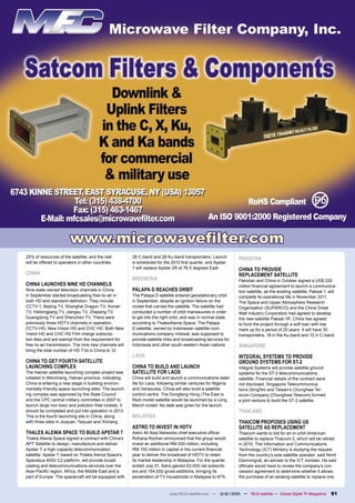 25% of resources of the satellite, and the rest         28 C-band and 28 Ku-band transponders. Launch           PAKISTAN
will be offered to operators in other countries.        is scheduled for the 2012 ﬁrst quarter, and Apstar
                                                        7 will replace Apstar 2R at 76.5 degrees East.          CHINA TO PROVIDE
CHINA                                                                                                           REPLACEMENT SATELLITE
                                                        INDONESIA                                               Pakistan and China in October signed a US$ 220
CHINA LAUNCHES NINE HD CHANNELS                                                                                 million ﬁnancial agreement to launch a communica-
Nine state-owned television channels in China           PALAPA D REACHES ORBIT                                  tion satellite, as the existing satellite, Paksat-1, will
in September started broadcasting free-to-air in        The Palapa D satellite entered geostationary orbit      complete its operational life in November 2011.
both HD and standard-deﬁnition. They include            in September, despite an ignition failure on the        The Space and Upper Atmosphere Research
CCTV-1, Beijing TV, Shanghai Dragon TV, Hunan           rocket that carried the satellite. The satellite had    Organisation (SUPARCO) and the China Great
TV, Heilongjiang TV, Jiangsu TV, Zhejiang TV,           conducted a number of orbit manoeuvres in order         Wall Industry Corporation had agreed to develop
Guangdong TV and Shenzhen TV. There were                to get into the right orbit, and was in normal state,   the new satellite Paksat-1R. China has agreed
previously three HDTV channels in operation,            according to ThalesAlenia Space. The Palapa             to fund the project through a soft loan with low
CCTV-HD, New Vision HD and CHC HD. Both New             D satellite, owned by Indonesian satellite com-         mark up for a period of 20 years. It will have 30
Vision HD and CHC HD Film charge subscrip-              munications company Indosat, was supposed to            transponders, 18 in the Ku-band and 12 in C-band.
tion fees and are exempt from the requirement for       provide satellite links and broadcasting services for
free-to-air transmission. The nine new channels will    Indonesia and other south-eastern Asian nations.        SINGAPORE
bring the total number of HD TVs in China to 12.
                                                        LAOS                                                    INTEGRAL SYSTEMS TO PROVIDE
CHINA TO GET FOURTH SATELLITE                                                                                   GROUND SYSTEMS FOR ST-2
LAUNCHING COMPLEX                                       CHINA TO BUILD AND LAUNCH                               Integral Systems will provide satellite ground
The Hainan satellite launching complex project was      SATELLITE FOR LAOS                                      systems for the ST-2 telecommunications
initiated in Wenchang, Hainan province, indicating      China will build and launch a communications satel-     satellite. Financial details of the contract were
China is entering a new stage in building environ-      lite for Laos, following similar ventures for Nigeria   not disclosed. Singapore Telecommunica-
mentally-friendly space-launching sites. The launch-    and Venezuela. China will also build a satellite        tions (SingTel) and Taiwan’s Chunghwa Tel-
ing complex was approved by the State Council           control centre. The Dongfang Hong (The East is          ecom Company (Chunghwa Telecom) formed
and the CPC central military committee in 2007 to       Red) model satellite would be launched by a Long        a joint venture to build the ST-2 satellite.
launch large non-toxic and pollution-free rockets. It   March rocket. No date was given for the launch.
should be completed and put into operation in 2013.                                                             THAILAND
This is the fourth launching site in China, along       MALAYSIA
with three sites in Jiuquan, Taiyuan and Xichang.                                                               THAICOM PROPOSES USING US
                                                        ASTRO TO INVEST IN HDTV                                 SATELLITE AS REPLACEMENT
THALES ALENIA SPACE TO BUILD APSTAR 7                   Astro All Asia Networks chief executive ofﬁcer          Thaicom wants to bid for an in-orbit American
Thales Alenia Space signed a contract with China’s      Rohana Rozhan announced that the group would            satellite to replace Thaicom 2, which will be retired
APT Satellite to design, manufacture and deliver        invest an additional RM 200 million, including          in 2010. The Information and Communications
Apstar 7, a high-capacity telecommunication             RM 100 million in capital in the current ﬁnancial       Technology (ICT) Ministry is studying the request
satellite. Apstar 7, based on Thales Alenia Space’s     year to deliver the broadcast of HDTV to retain         from the country’s sole satellite operator, said Nimit
Spacebus 4000 C2 platform, will provide broad-          its market leadership in Malaysia. For the quarter      Damrongrat, an adviser to the ICT minister. He said
casting and telecommunications services over the        ended July 31, Astro gained 53,000 net subscrib-        ofﬁcials would have to review the company’s con-
Asia-Paciﬁc region, Africa, the Middle East and a       ers and 154,000 gross additions, bringing its           cession agreement to determine whether it allows
part of Europe. The spacecraft will be equipped with    penetration of TV households in Malaysia to 47%.        the purchase of an existing satellite to replace one


                                                                            www.TELE-satellite.com — 12-01/2010 — TELE-satellite — Global Digital TV Magazine        91
 