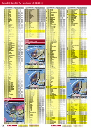 SatcoDX Satellite TV Handbook 12-01/2010

         Freq Pol Channel Name     Symbol Rate Programming Type         Freq Pol Channel Name         Symbol Rate Programming Type         Freq Pol Channel Name      Symbol Rate Programming Type           Freq Pol Channel Name        Symbol Rate Programming Type
         GHz                         ksym/sec SatcoDX Deﬁnition         GHz                             ksym/sec SatcoDX Deﬁnition         GHz                          ksym/sec SatcoDX Deﬁnition           GHz                            ksym/sec SatcoDX Deﬁnition
       11.490   H   CC Premier         29950   Low Level             10.719   V   Cartoon Network        27500   High Quality Home      11.758   V   MTV TWO               27500   Quality Entertain.     12.031 H National Geographic 27500         Quality Entertain.
       11.490   H   CC Star            29950   Low Level             10.719   V   Fox Crime              27500   High Quality Home      11.758   V   MTV TWO.              27500   News + Series         12.031 H Sky Bundesliga       27500        Quality Entertain.
       11.490   H   Discovery          29950   Low Level             10.719   V   Fox Life               27500   High Quality Home     11.758   V   Nick                  27500   News + Series         12.031 H Sky Sport 1          27500        Home Cinema
       11.490   H   Disney XD          29950   News + Series         10.719   V   HD-5                   27500   High Quality Home      11.758   V   NICKELODEON Franc     27500   News + Series         12.031 H Sky Sport 2          27500        News + Series
       11.490   H   M6                 29950   News + Series         10.719   V   MGM                    27500   High Quality Home      11.758   V   VH1                   27500   News + Series          12.031 H Spiegel Geschichte   27500        News + Series
       11.490   H   MANGAS             29950   Low Level             10.719   V   Nat Geo                27500   High Quality Home      11.758   V   VH1 Classic           27500   News + Series         12.031 H Sky Select           27500        Quality Entertain.
       11.490   H   NOOT TV            29950   News + Series         10.719   V   Nat Geo Wild           27500   High Quality Home      11.758   V   VH1 Classic.          27500   News + Series          12.305 H Animal Planet        27500        News + Series
       11.490   H   REAL TIME          29950   Low Level             10.719   V   SuperSonic Tv          27500   High Quality Home      11.758   V   VH1.                  27500   News + Series          12.305 H Discovery Channel    27500        News + Series
       11.490   H   RTL9               29950   News + Series         10.719   V   Tirana Tv              27500   High Quality Home     11.759   H   Beate-Uhse.TV         27500   Low Level             12.305 H Disney Channel       27500        News + Series
       11.490   H   Serie Club         29950   Low Level             10.719   V   Travel                 27500   High Quality Home     11.759   H   Classica              27500   Low Level              12.305 H Extreme Sports       27500        News + Series
       11.490   H   Supersport 3       29950   News + Series         10.719   V   X3                     27500   High Quality Home      11.759   H   Disney Channel        27500   Quality Entertain.     12.305 H Hallmark             27500        News + Series
       11.490   H   TeleReunion        29950   News + Series         10.719   V   X4                     27500   High Quality Home     11.759   H   Disney XD             27500   News + Series          12.305 H HBO Comedy           27500        News + Series
       11.490   H   Tempo              29950   News + Series         10.719   V   HD-6                   27500   High Quality Home      11.759   H   Goldstar TV           27500   News + Series          12.305 H Hustler TV           27500        News + Series
       11.490   H   Teva               29950   News + Series          10.892   H   BBC Prime              27500   News + Series          11.759   H   Heimatkanal           27500   News + Series          12.305 H JimJam               27500        News + Series
       11.490   H   TF6                29950   Low Level              10.892   H   Kanal A                27500   Quality Entertain.    11.759   H   Junior                27500   News + Series          12.305 H National Geographic 27500         News + Series
       11.534   H   + DE SPORT 2       30000   News + Series         10.892   H   POP TV                 27500   Quality Entertain.     11.759   H   Playhouse Disney      27500   News + Series          12.305 H NOVA SPORT           27500        News + Series
        11.534   H   13EME RUE          30000   News + Series         10.892   H   SLO 1                  27500   Quality Entertain.     11.759   H   SciFi                 27500   News + Series          12.305 H Zone Reality         27500        News + Series
        11.534   H   CANAL J            30000   News + Series         10.892   H   SLO 2                  27500   Quality Entertain.    11.759   H   Sky Bundesliga 6      27500   Advertisement          12.383 H CT1                  27500        News + Series
        11.534   H   DISNEY CHANNEL     30000   Quality Entertain.    10.892   H   Sport Klub SLO         27500   Quality Entertain.    11.759   H   Sky Bundesliga 7      27500   Advertisement          12.383 H CT2                  27500        News + Series
        11.534   H   EPL                30000   Advertisement         10.892   H   TV 3                   27500   News + Series         11.759   H   Sky Select 7          27500   Quality Entertain.     12.383 H CT4 Sport            27500        Quality Entertain.
        11.534   H   EUROSPORT          30000   Low Level              10.892   H   TV Pika                27500   News + Series         11.759   H   Sky Select 8          27500   Quality Entertain.     12.383 H Eurosport 2          27500        News + Series
        11.534   H   i TELE             30000   News + Series          10.892   H   Carli TV               27500   News + Series         11.759   H   Sky Select 9          27500   Quality Entertain.    12.383 H Eurosport 2 HUN      27500        News + Series
        11.534   H   L’EQUIPE TV        30000   News + Series          10.892   H   Golica TV              27500   News + Series         11.797   H   Sky Action            27500   Quality Entertain.     12.383 H Filmmuzeum           27500        Low Level
        11.534   H   LCI                30000   Quality Entertain.     10.892   H   Info TV                27500   News + Series         11.797   H   Sky Bundesliga 1      27500   Quality Entertain.     12.383 H NOVA Cinema          27500        News + Series
        11.534   H   MCM                30000   Low Level             10.930   H   Disney                 27500   Quality Entertain.    11.797   H   Sky Cinema            27500   Quality Entertain.     12.383 H Prima TV             27500        News + Series
        11.534   H   PARIS PREMIERE     30000   Low Level             10.930   H   ESPN America           27500   Quality Entertain.    11.797   H   Sky Cinema +1         27500   Quality Entertain.     12.383 H TV Barrandov         27500        News + Series
        11.534   H   PLANETE            30000   News + Series         10.930   H   Eurosport 2            27500   Quality Entertain.    11.797   H   Sky Cinema +24        27500   Quality Entertain.     12.383 H TV JOJ               27500        Low Level
        11.534   H   TCM                30000   Low Level             10.930   H   MGM                    27500   Quality Entertain.    11.797   H   Sky Comedy            27500   Quality Entertain.     12.383 H TV Markiza           27500        News + Series
        11.534   H   TEMPO/FRANCE Ô     30000   News + Series         10.930   H   Pink Folk              27500   Quality Entertain.    11.797   H   Sky Emotion           27500   Quality Entertain.     12.383 H TV Nova              27500        Low Level
        11.534   H   TMC                30000   News + Series         10.930   H   Test                   27500   Quality Entertain.    11.797   H   Sky Select 1          27500   Quality Entertain.     12.383 H XXX Xtreme           27500        News + Series
        11.534   H   TRACE              30000   News + Series                                                                            11.797   H   Sky Select 2          27500   Quality Entertain.     12.383 H CT24                 27500        News + Series
        11.534
        11.534
                 H
                 H
                     TV5
                     VOYAGE
                                        30000
                                        30000
                                                Low Level
                                                News + Series
                                                                     Europe                                                              11.797
                                                                                                                                         11.797
                                                                                                                                                   H
                                                                                                                                                   H
                                                                                                                                                       Sky Select Event A
                                                                                                                                                       Sky Select Event B
                                                                                                                                                                             27500
                                                                                                                                                                             27500
                                                                                                                                                                                     Quality Entertain.
                                                                                                                                                                                     Home Cinema
                                                                                                                                                                                                            12.515 H Film1.1
                                                                                                                                                                                                            12.515 H Film1.2
                                                                                                                                                                                                                                          22000
                                                                                                                                                                                                                                          22000
                                                                                                                                                                                                                                                       News + Series
                                                                                                                                                                                                                                                       News + Series
        11.534   H   W9                 30000   Quality Entertain.   ASTRA 1H,1KR,1L,1M                                                   11.817   V   C CINEMA EMOTION      27500   Quality Entertain.     12.515 H NED1                 22000        Quality Entertain.
       11.575   H   + DE SPORT 1       30000   Low Level                                                                                 11.817   V   C CINEMA FRISSON      27500   News + Series          12.515 H NED2                 22000        News + Series
        11.575   H   ANTENNE REUNION    30000   Low Level            19.2 East                                                            11.817   V   HISTOIRE              27500   News + Series          12.515 H NED3                 22000        Quality Entertain.
        11.575   H   BBC WORLD          30000   Low Level            AST01FH1                                                             11.817   V   ITELE                 27500   News + Series          12.515 H NGC                  22000        News + Series
        11.575   H   CANAL EVENEMENT    30000   Advertisement                                                                             11.817   V   JIMMY                 27500   Quality Entertain.     12.515 H Nickelodeon/Comedy C 22000        News + Series
        11.575   H   CUISINE.TV         30000   News + Series                                                                             11.817   V   LA CHAINE METEO       27500   News + Series          12.515 H Sport1               22000        Quality Entertain.
        11.575   H   DISNEY CINEMAGIC   30000   Low Level                                                                                 11.817   V   MEZZO                 27500   News + Series         12.552 V France 4             22000        Quality Entertain.
        11.575   H   EURONEWS           30000   Low Level                                                                                 11.817   V   MEZZO.                27500   Quality Entertain.    12.552 V Gulli                22000        News + Series
        11.575   H   GAME ONE           30000   Quality Entertain.                                                                       11.817   V   NRJ 12                27500   Quality Entertain.    12.552 V Virgin 17            22000        News + Series
        11.575   H   KANAL AUSTRAL      30000   Low Level                                                                                 11.817   V   PARIS PREMIERE        27500   News + Series          12.552 V Astra Vision         22000        News + Series
        11.575   H   LCP                30000   News + Series                                                                             11.817   V   SEASONS               27500   Quality Entertain.     12.552 V Bibel TV             22000        Quality Entertain.
        11.575   H   MCM POP            30000   Quality Entertain.                                                                        11.817   V   SPORT+                27500   News + Series          12.552 V Chamber TV           22000        News + Series
        11.575   H   MOTORS TV          30000   News + Series                                                                             11.876   H   AXN Action            27500   News + Series          12.552 V eUrotic NEU          22000        News + Series
        11.575   H   MTV                30000   News + Series                                                                             11.876   H   Boomerang             27500   News + Series          12.552 V LibertyTV FR         22000        News + Series
        11.575   H   PLAYHOUSE DISNEY   30000   Low Level                                                                                 11.876   H   Cinema HD             27500   News + Series          12.552 V LUXE.TV SD           22000        Quality Entertain.
        11.575   H   SPORT+             30000   News + Series                                                                             11.876   H   Discovery HD          27500   News + Series          12.552 V QVC Deutschland      22000        Home Cinema
        11.575   H   TELE MAISON        30000   Low Level                                                                                 11.876   H   Disney Cinemagic HD   27500   News + Series          12.552 V RTL Tele Letzebuerg 22000         News + Series
        11.575   H   TEST               30000   News + Series                                                                             11.876   H   e.clips               27500   News + Series          12.574 H Eredivisielive 1     22000        News + Series
        11.575   H   TEVA               30000   News + Series                                                                             11.876   H   Eurosport HD          27500   News + Series          12.574 H MGM                  22000        News + Series
        11.575   H   XXL                30000   News + Series                                                                             11.876   H   History               27500   Quality Entertain.     12.574 H NET5                 22000        News + Series
       11.596   H   AB moteurs         30000   News + Series                                                                             11.876   H   History HD            27500   News + Series          12.574 H SBS6                 22000        News + Series
       11.596   H   CNN I              30000   Low Level                                                                                 11.876   H   Kinowelt TV           27500   News + Series          12.574 H Schlager TV          22000        News + Series
       11.596   H   Comedie            30000   Low Level                                                                                 11.876   H   NatGeo HD             27500   News + Series          12.574 H TMF                  22000        News + Series
       11.596   H   DORCEL TV.         30000   Low Level                                                                                 11.876   H   Romance TV            27500   News + Series          12.574 H Veronica/JETIX       22000        News + Series
       11.596   H   Equidia            30000   Low Level                                                                                 11.876   H   Sport HD              27500   News + Series          12.574 H BVN                  22000        News + Series
       11.596   H   Eurosport          30000   News + Series         11.435 V C+ DCINE HD                 22000 High Qual. Cinema        11.876   H   sportdigital.tv       27500   Quality Entertain.     12.574 H Film1.3              22000        Advertisement
       11.596   H   Eurosport 2        30000   Low Level             11.435 V C+ DEPORT HD                22000 High Qual. Cinema        11.876   H   TNT Film (TCM)        27500   News + Series         12.604 H Sky News Intl        22000        Quality Entertain.
       11.596   H   Infosport          30000   Low Level             11.435 V CANAL+ HD                   22000 High Qual. Cinema        11.895   V   CINECINEMA CLUB       27500   News + Series          12.604 H WDR Aachen           22000        Home Cinema
       11.596   H   LCI                30000   Low Level            AST01GKU                                                             11.895   V   M6                    27500   News + Series          12.604 H WDR Bonn             22000        Home Cinema
       11.596   H   M6 Music Black     30000   News + Series                                                                             11.895   V   MCM                   27500   Quality Entertain.     12.604 H WDR Duisburg         22000        Home Cinema
       11.596   H   M6 Music Hits      30000   News + Series                                                                             11.895   V   MCM POP               27500   Quality Entertain.     12.604 H WDR Wuppertal        22000        Home Cinema
       11.596   H   Odyssee            30000   Low Level                                                                                 11.895   V   MCM TOP               27500   News + Series         12.669 V BRAVA HD             22000        High Qual. Cinema
       11.596   H   Planete Justice    30000   Low Level                                                                                 11.895   V   TELEMAISON            27500   Quality Entertain.    12.669 V PENTHOUSE HD         22000        High Qual. Cinema
       11.596   H   Sport Evenement    30000   Low Level                                                                                 11.895   V   TF1                   27500   News + Series          12.669 V SCI FI HD            22000        High Qual. Cinema
       11.596   H   Star Plus          30000   News + Series                                                                             11.895   V   VIRGIN 17             27500   News + Series          12.669 V EUROSPORT HD         22000        High Qual. Cinema
       11.596   H   Supersport 7       30000   News + Series                                                                            11.895   V   W9                    27500   News + Series          12.669 V SCI FI HD            22000        High Qual. Cinema
       11.596   H   TF1                30000   News + Series                                                                             11.934   V   CANAL J               27500   News + Series          12.669 V USHUAIA TV HD        22000        High Quality Home
       11.596   H   TPS FOOT           30000   Low Level                                                                                 11.934   V   CUISINE TV            27500   News + Series        AST01HKU
       11.596   H   TPS Star           30000   News + Series                                                                             11.934   V   EUROSPORT             27500   Quality Entertain.
       11.596   H   TV Breizh          30000   Low Level                                                                                11.934   V   JUNE                  27500   News + Series
       11.596   H   W9                 30000   News + Series                                                                             11.934   V   LCI                   27500   News + Series
       11.658   H   CANAL+             30000   News + Series                                                                             11.934   V   PLANETE               27500   News + Series
       11.658   H   CANAL+ CINEMA      30000   News + Series                                                                             11.934   V   SCI FI                27500   News + Series
       11.658   H   CANAL+ FAMILY      30000   Low Level                                                                                 11.934   V   TIJI                  27500   News + Series
       11.658   H   CANAL+ SPORT       30000   News + Series                                                                             11.934   V   TMC                   27500   News + Series
       11.658   H   Cartoon Network    30000   News + Series                                                                             11.934   V   VOYAGE                27500   Quality Entertain.
       11.658   H   CINEMA EMOTION     30000   News + Series                                                                            11.934   V   ARTE                  27500   News + Series
       11.658   H   CINEMA FAMIZ       30000   Low Level                                                                                11.934   V   LCP                   27500   News + Series
       11.658   H   CINEMA FRISSON     30000   News + Series                                                                             11.973   V   MTV ENTERTAINMENT     27500   Low Level
       11.658   H   CINEMA PREMIER     30000   Low Level                                                                                 11.973   V   MTV Euro              27500   News + Series
                                                                       11.720   H   Disney Cinemagic       27500   Home Cinema
       11.658   H   DISNEY XD          30000   Low Level                                                                                 11.973   V   MTV IDOL              27500   Quality Entertain.
                                                                       11.720   H   MGM                    27500   Quality Entertain.
       11.658   H   EQUIDIA            30000   News + Series                                                                             11.973   V   MTV Music             27500   Quality Entertain.
                                                                      11.720   H   Sky Bundesliga 2       27500   Quality Entertain.
       11.658   H   M6                 30000   News + Series                                                                             11.973   V   MTV NL                27500   News + Series
                                                                      11.720   H   Sky Bundesliga 3       27500   Advertisement
       11.658   H   RTL9               30000   Low Level                                                                                 11.973   V   MTV PULSE             27500   News + Series
                                                                      11.720   H   Sky Bundesliga 4       27500   Advertisement
       11.658   H   TELE REUNION       30000   News + Series                                                                             11.973   V   NICK PREMIUM (S)      27500   News + Series
                                                                      11.720   H   Sky Bundesliga 5       27500   Advertisement
       11.658   H   TF1                30000   News + Series                                                                             11.973   V   COMEDY CENTRAL Ge     27500   News + Series
                                                                      11.720   H   Sky Cinema Hits        27500   Home Cinema
       11.658   H   TF6                30000   News + Series                                                                             11.973   V   MTV Germany           27500   News + Series
                                                                      11.720   H   Sky Nostalgie          27500   Quality Entertain.
       11.658   H   ZEE MUZIC          30000   Quality Entertain.                                                                        11.973   V   NICK/COMEDY           27500   News + Series
                                                                      11.720   H   Sky Select 3           27500   Quality Entertain.
                                                                                                                                          11.973   V   VIVA Germany          27500   Quality Entertain.
      EUROBIRD 16A                                                    11.720   H   Sky Select 4           27500   Quality Entertain.
                                                                                                                                          11.993   H   Cool                  27500   Quality Entertain.     11.778   V   MTVNHD                27500   High Qual. Cinema
                                                                      11.720   H   Sky Select 5           27500   Quality Entertain.
      16.2 East                                                       11.720   H   Sky Select 6           27500   Quality Entertain.
                                                                                                                                          11.993
                                                                                                                                          11.993
                                                                                                                                                   H
                                                                                                                                                   H
                                                                                                                                                       deko
                                                                                                                                                       Duna TV
                                                                                                                                                                             27500
                                                                                                                                                                             27500
                                                                                                                                                                                     Quality Entertain.
                                                                                                                                                                                     Quality Entertain.
                                                                                                                                                                                                            11.778
                                                                                                                                                                                                            11.778
                                                                                                                                                                                                                     V
                                                                                                                                                                                                                     V
                                                                                                                                                                                                                         Boomerang
                                                                                                                                                                                                                         Cartoon Network
                                                                                                                                                                                                                                               27500
                                                                                                                                                                                                                                               27500
                                                                                                                                                                                                                                                       Quality Entertain.
                                                                                                                                                                                                                                                       Quality Entertain.
      EUB016KW                                                        11.720   H   Sky Sport Info         27500   Quality Entertain.                                                                       11.778   V   TCM                   27500   Quality Entertain.
                                                                                                                                          11.993   H   Echo TV               27500   News + Series
                                                                       11.739   V   GAME ONE               27500   News + Series                                                                            11.778   V   TVBS                  27500   Quality Entertain.
                                                                                                                                          11.993   H   Film+                 27500   Low Level
                                                                      11.739   V   MTV                    27500   News + Series                                                                            11.778   V   CNN Int.              27500   News + Series
                                                                                                                                          11.993   H   HBO                   27500   Quality Entertain.
                                                                      11.739   V   MTV BASE               27500   News + Series                                                                            11.836   H   Bayerisches FS Nord   27500   Quality Entertain.
                                                                                                                                          11.993   H   HBO2                  27500   News + Series
                                                                       11.739   V   MTV Dance              27500   News + Series                                                                            11.836   H   Bayerisches FS Süd    27500   Quality Entertain.
                                                                                                                                          11.993   H   m2                    27500   Low Level
                                                                       11.739   V   MTV ESP                27500   Low Level                                                                                11.836   H   BR-alpha*             27500   Quality Entertain.
                                                                                                                                          11.993   H   Magyar ATV            27500   Quality Entertain.
                                                                       11.739   V   MTV Hits               27500   News + Series                                                                            11.836   H   Das Erste             27500   Home Cinema
                                                                                                                                          11.993   H   Minimax / Animax      27500   Low Level
                                                                       11.739   V   MTV Hits.              27500   News + Series                                                                            11.836   H   hr-fernsehen          27500   Home Cinema
                                                                                                                                          11.993   H   Sport 1               27500   Low Level
                                                                       11.739   V   MTV TWO                27500   Quality Entertain.                                                                       11.836   H   SWR Fernsehen BW      27500   Quality Entertain.
                                                                                                                                          11.993   H   Sport 2               27500   Quality Entertain.
                                                                       11.739   V   MTV TWO.               27500   Quality Entertain.                                                                       11.836   H   WDR Köln              27500   Home Cinema
                                                                                                                                          11.993   H   TV Paprika            27500   Quality Entertain.
                                                                      11.739   V   Nick                   27500   News + Series                                                                           11.915   H   Sky Cinema HD         27500   High Qual. Cinema
                                                                                                                                          12.012   V   FRANCE 2              27500   News + Series
                                                                       11.739   V   NICKELODEON Franc      27500   News + Series                                                                            11.915   H   Discovery HD          27500   High Qual. Cinema
                                                                                                                                          12.012   V   FRANCE 3              27500   Quality Entertain.
                                                                       11.739   V   VH1                    27500   News + Series                                                                            11.915   H   Eurosport HD          27500   High Qual. Cinema
                                                                                                                                         12.012   V   FRANCE 4              27500   News + Series
                                                                       11.739   V   VH1 Classic            27500   News + Series                                                                           11.915   H   Sky Sport HD          27500   High Qual. Cinema
                                                                                                                                         12.012   V   FRANCE 5              27500   News + Series
                                                                       11.739   V   VH1 Classic.           27500   News + Series                                                                            11.954   H   3sat                  27500   Quality Entertain.
                                                                                                                                         12.012   V   FRANCE Ô              27500   News + Series
                                                                       11.739   V   VH1.                   27500   News + Series                                                                            11.954   H   KiKa                  27500   Quality Entertain.
                                                                                                                                         12.012   V   GULLI                 27500   News + Series
                                                                       11.758   V   GAME ONE               27500   News + Series                                                                            11.954   H   ZDF                   27500   Quality Entertain.
                                                                                                                                          12.012   V   A LA CARTE 10         27500   News + Series
                                                                      11.758   V   MTV                    27500   News + Series                                                                            11.954   H   ZDFdokukanal          27500   Quality Entertain.
                                                                                                                                          12.012   V   A LA CARTE 11         27500   Quality Entertain.
                                                                      11.758   V   MTV BASE               27500   News + Series                                                                            11.954   H   ZDFinfokanal          27500   Home Cinema
                                                                                                                                          12.012   V   CINE+                 27500   News + Series
                                                                       11.758   V   MTV Dance              27500   News + Series                                                                            11.954   H   ZDFtheaterkanal       27500   Quality Entertain.
                                                                                                                                          12.031   H   Blue Movie            27500   News + Series
                                                                       11.758   V   MTV ESP                27500   Quality Entertain.                                                                      12.051    V   PULS 4 Austria        27500   News + Series
                                                                                                                                          12.031   H   Discovery Channel     27500   Quality Entertain.
                                                                       11.758   V   MTV Hits               27500   News + Series                                                                           12.051    V   Kabel 1 Austria       27500   Quality Entertain.
       10.719 V A1                     27500 High Quality Home                                                                           12.031   H   Focus Gesundheit      27500   News + Series
                                                                       11.758   V   MTV Hits.              27500   News + Series                                                                           12.051    V   Kabel 1 Schweiz       27500   News + Series
       10.719 V BBF                    27500 High Quality Home                                                                           12.031   H   NatGeo Wild           27500   Quality Entertain.


128              TV FTA
                                                  DVB-S
                                                  DVB-S
                                                                MPEG-2
                                                                MPEG-4
                                                                                      DVB-S2
                                                                                      DVB-S2
                                                                                                      MPEG-2
                                                                                                      MPEG-4                                               TV CRYPT
                                                                                                                                                                                             DVB-S
                                                                                                                                                                                             DVB-S
                                                                                                                                                                                                          MPEG-2
                                                                                                                                                                                                          MPEG-4
                                                                                                                                                                                                                                 DVB-S2
                                                                                                                                                                                                                                 DVB-S2
                                                                                                                                                                                                                                               MPEG-2
                                                                                                                                                                                                                                               MPEG-4
 