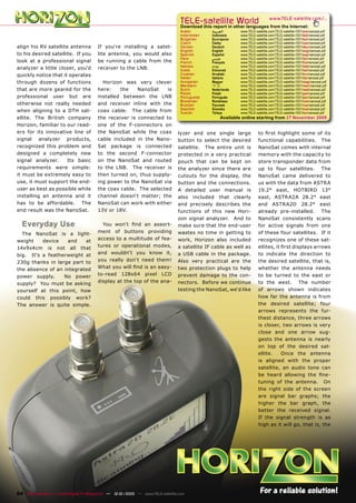 TELE-satellite World                           www.TELE-satellite.com/...
                                                                                  Download this report in other languages from the Internet:
                                                                                  Arabic        ‫ﺍﻟﻌﺮﺑﻴﺔ‬       www.TELE-satellite.com/TELE-satellite-1001/ara/nanosat.pdf
                                                                                  Indonesian    Indonesia     www.TELE-satellite.com/TELE-satellite-1001/bid/nanosat.pdf
                                                                                  Bulgarian     Български     www.TELE-satellite.com/TELE-satellite-1001/bul/nanosat.pdf
                                                                                  Czech         Česky         www.TELE-satellite.com/TELE-satellite-1001/ces/nanosat.pdf
align his RV satellite antenna          If you‘re installing a satel-             German        Deutsch       www.TELE-satellite.com/TELE-satellite-1001/deu/nanosat.pdf
                                                                                  English       English       www.TELE-satellite.com/TELE-satellite-1001/eng/nanosat.pdf
to his desired satellite. If you        lite antenna, you would also              Spanish       Español       www.TELE-satellite.com/TELE-satellite-1001/esp/nanosat.pdf
                                                                                  Farsi         ‫ﻓﺎﺭﺳﻲ‬         www.TELE-satellite.com/TELE-satellite-1001/far/nanosat.pdf
look at a professional signal           be running a cable from the               French        Français      www.TELE-satellite.com/TELE-satellite-1001/fra/nanosat.pdf
                                                                                  Hebrew        ‫עברית‬         www.TELE-satellite.com/TELE-satellite-1001/heb/nanosat.pdf
analyzer a little closer, you‘d         receiver to the LNB.                      Greek         Ελληνικά      www.TELE-satellite.com/TELE-satellite-1001/hel/nanosat.pdf
quickly notice that it operates                                                   Croatian      Hrvatski      www.TELE-satellite.com/TELE-satellite-1001/hrv/nanosat.pdf
                                                                                  Italian       Italiano      www.TELE-satellite.com/TELE-satellite-1001/ita/nanosat.pdf
through dozens of functions               Horizon was very clever                 Hungarian     Magyar        www.TELE-satellite.com/TELE-satellite-1001/mag/nanosat.pdf
                                                                                  Mandarin      中文            www.TELE-satellite.com/TELE-satellite-1001/man/nanosat.pdf
that are more geared for the            here:    the    NanoSat    is             Dutch         Nederlands    www.TELE-satellite.com/TELE-satellite-1001/ned/nanosat.pdf
                                                                                  Polish        Polski        www.TELE-satellite.com/TELE-satellite-1001/pol/nanosat.pdf
professional user but are               installed between the LNB                 Portuguese    Português     www.TELE-satellite.com/TELE-satellite-1001/por/nanosat.pdf
                                                                                  Romanian      Românesc      www.TELE-satellite.com/TELE-satellite-1001/rom/nanosat.pdf
otherwise not really needed             and receiver inline with the              Russian       Русский       www.TELE-satellite.com/TELE-satellite-1001/rus/nanosat.pdf
                                                                                  Swedish       Svenska       www.TELE-satellite.com/TELE-satellite-1001/sve/nanosat.pdf
when aligning to a DTH sat-             coax cable. The cable from                Turkish       Türkçe        www.TELE-satellite.com/TELE-satellite-1001/tur/nanosat.pdf
ellite. The British company             the receiver is connected to                                 Available online starting from 27 November 2009
Horizon, familiar to our read-          one of the F-connectors on
ers for its innovative line of          the NanoSat while the coax              lyzer and one single large               to ﬁrst highlight some of its
signal analyzer products,               cable included in the Nano-             button to select the desired             functional capabilities. The
recognized this problem and             Sat package is connected                satellite. The entire unit is            NanoSat comes with internal
designed a completely new               to the second F-connector               protected in a very practical            memory with the capacity to
signal analyzer.      Its basic         on the NanoSat and routed               pouch that can be kept on                store transponder data from
requirements were simple:               to the LNB. The receiver is             the analyzer since there are             up to four satellites. The
it must be extremely easy to            then turned on, thus supply-            cutouts for the display, the             NanoSat came delivered to
use, it must support the end-           ing power to the NanoSat via            button and the connections.              us with the data from ASTRA
user as best as possible while          the coax cable. The selected            A detailed user manual is                19.2° east, HOTBIRD 13°
installing an antenna and it            channel doesn‘t matter; the             also included that clearly               east, ASTRA2A 28.2° east
has to be affordable. The               NanoSat can work with either            and precisely describes the              and ASTRA2D 28.2° east
end result was the NanoSat.             13V or 18V.                             functions of this new Hori-              already pre-installed. The
                                                                                zon signal analyzer. And to              NanoSat consistently scans
  Everyday Use                            You won‘t ﬁnd an assort-              make sure that the end-user              for active signals from one
  The NanoSat is a light-               ment of buttons providing               wastes no time in getting to             of these four satellites. If it
weight    device    and   at            access to a multitude of fea-           work, Horizon also included              recognizes one of these sat-
14x9x4cm is not all that                tures or operational modes,             a satellite IF cable as well as          ellites, it ﬁrst displays arrows
big. It‘s a featherweight at            and wouldn‘t you know it,               a USB cable in the package.              to indicate the direction to
230g thanks in large part to            you really don‘t need them!             Also very practical are the              the desired satellite, that is,
the absence of an integrated            What you will ﬁnd is an easy-           two protection plugs to help             whether the antenna needs
power supply.     No power              to-read 128x64 pixel LCD                prevent damage to the con-               to be turned to the east or
supply? You must be asking              display at the top of the ana-          nectors. Before we continue              to the west. The number
yourself at this point, how                                                     testing the NanoSat, we‘d like           of arrows shown indicates
could this possibly work?                                                                                                how far the antenna is from
The answer is quite simple.                                                                                              the desired satellite; four
                                                                                                                         arrows represents the fur-
                                                                                                                         thest distance, three arrows
                                                                                                                         is closer, two arrows is very
                                                                                                                         close and one arrow sug-
                                                                                                                         gests the antenna is nearly
                                                                                                                         on top of the desired sat-
                                                                                                                         ellite.     Once the antenna
                                                                                                                         is aligned with the proper
                                                                                                                         satellite, an audio tone can
                                                                                                                         be heard allowing the ﬁne-
                                                                                                                         tuning of the antenna. On
                                                                                                                         the right side of the screen
                                                                                                                         are signal bar graphs; the
                                                                                                                         higher the bar graph, the
                                                                                                                         better the received signal.
                                                                                                                         If the signal strength is as
                                                                                                                         high as it will go, that is, the




64 TELE-satellite — Global Digital TV Magazine — 12-01/2010 — www.TELE-satellite.com
 