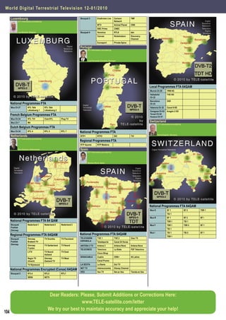 Wor l d D i g i t a l Te r r e strial Television 12-01/2010

      Luxembourg                                                         Bouquet 3           Eredivisie Live    Cartoon          TMF
            DTT Information provided by                                                                         Network
                                                                                             MTV                Animal Planet    CNN
                                                                                             BBC Prime          CNBC
            Leo Stouten, Belgium                                         Bouquet 4           Veronica           RTL8             één
                                                                                             Canvas             Nickelodeon      Discovery
                                                                                                                                 Channel
                                                                                             Eurosport          Private Spice

                                                                         Portugal
                                                                                  DTT Information provided by




                                                                                  Luis Fernando Carvalho, Portugal




                                                                                                                                                 Local Programmes FTA 64QAM
                                                                                                                                                 Murcia Ch 29      7RM HD
                                                                                                                                                 Valladolid        TVE HD
                                                                                                                                                 Ch 32
                                                                                                                                                 Barcelona         3HD
      National Programmes FTA                                                                                                                    Ch 43
      Mux Ch 27       RTL Télé            RTL Télé                                                                                               Valencia Ch 32    Canal 9 HD
                      Lëtzebuerg 1        Lëtzebuerg 2                                                                                           Zaragoza Ch 63    Aragón 2 HD
      French Belgium Programmes FTA                                                                                                              Teruel Ch 62
                                                                                                                                                 Huesca Ch 57
      Mux Ch 24       RTL TVI             Club RTL        Plug TV
      Mux Ch 7        M6                                                                                                                         Switzerland
                                                                                                                                                         DTT Information provided by
      Dutch Belgium Programmes FTA
      Mux Ch 24       RTL 4               RTL 5           RTL 7          National Programmes FTA
      Netherlands                                                        RTP1                RTP2               SIC              TVI
                                                                                                                                                         Heinz Koppitz, Germany
            DTT Information provided by
                                                                         Regional Programmes FTA
                                                                         RTP Açores          RTP Madeira

            Ron Eberson, Netherlands                                     Spain
                                                                                  DTT Information provided by




                                                                                  Mariano Roch, Spain




                                                                                                                                                 National Programmes FTA 64QAM
                                                                                                                                                 Mux D             SF 1                SF 2    TSR 1
                                                                                                                                                                   TSI 1
                                                                                                                                                 Mux R             SF 1                SF 2    SF i
      National Programmes FTA 64 QAM                                                                                                                               TSR 1               TSI 1
      Bouquet         Nederland 1         Nederland 2     Nederland 3                                                                            Mux F             TSR 1               TSR 2   SF 1
      Publiek
                                                                                                                                                                   TSI 1
      Omroep
                                                                                                                                                 Mux I             TSI 1               TSI 2   SF 1
      Regional Programmes FTA 64QAM                                      National Programmes FTA 64QAM
                                                                                                                                                                   TSR 1
      Bouquet         Omroep              TV Drenthe      TV Flevoland   TELEVISIÓN          TVE 1              TVE 2            Clan TV
      Publiek         Brabant TV                                         ESPAÑOLA            Teledeporte        Canal 24 Horas
      Omroep          Omroep              TV Gelderland   TV Noord       ANTENA 3 TV         Antena 3           Antena Neox      Antena Nova
                      Fryslan
                                                                         TELECINCO           Telecinco          La Siete         FDF Telecinco
                      L1TV                TV Noord        TV Oost
                                                                                             Cinco Shop
                                          Holland
                                                                         SOGECABLE           Cuatro             CNN+             40 Latino
                      Regio TV            Omroep          TV West
                      Utrecht             Zeeland TV                                         Canal Promo
                      TV Rijnmond                                        LA SEXTA            La Sexta           Gol TV
                                                                         NET TV              Intereconomía      Disney Channel
      National Programmes Encrypted (Conax) 64QAM
                                                                         VEO                 Veo TV             Set en Veo       Tienda en Veo
      Bouquet 2       RTL4                RTL5            RTL7
                      SBS6                NET5




                                              Dear Readers: Please, Submit Additions or Corrections Here:
                                                              www.TELE-satellite.com/letter
                                             We try our best to maintain accuracy and appreciate your help!
104
 