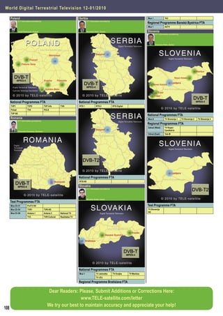 Wor l d D i g i t a l Te r r e strial Television 12-01/ 2010

      Poland                                                                Serbia                                                            Mux 1              TA3
               DTT Information provided by                                           DTT Information provided by
                                                                                                                                              Regional Programme Banská Bystrica FTA
                                                                                                                                              Mux 1              AZTV

               Jacek Pawlowski, Poland                                               Branislav Pekic, Serbia                                  Slovenia
                                                                                                                                                      DTT Information provided by




                                                                                                                                                      Branislav Pekic, Serbia




      National Programmes FTA                                               National Programmes FTA
      TVP1               TVP2                TVP Info       TVN             RTS 1               RTS 2              RTS Digital
      Polsat             TV4                 PULS
      TVP HD
                                                                                                                                              National Programmes FTA
      Romania                                                                                                                                 Mux A              TV Slovenija 1     TV Slovenija 2   TV Slovenija 3
               DTT Information provided by
                                                                                                                                              Regional Programmes FTA
                                                                                                                                              Zahod (West)       TV Koper-
               Alexandru Porosanu, Romania
                                                                                                                                                                 Cpodistria
                                                                                                                                              Vzhod (East)       Tele M




                                                                            National Programmes FTA
                                                                            RTS HD

                                                                            Slovakia
                                                                                     DTT Information provided by




                                                                                     Miroslav Kodet, Czech
      Test Programmes FTA
      Mux Ch 31          ProTV HD                                                                                                             Test Programme FTA
      Mux Ch 54          TVR1                TVR-HD                                                                                           TV Slovenija
                                                                                                                                              HD
      Mux Ch 59          Antena 1            Antena 3       National TV
                         TV3                 TVR Cultural   Realitatea TV




                                                                            National Programmes FTA
                                                                            Mux 1               TV Jednotka        TV Dvojka     TV Markiza
                                                                                                TV JOJ

                                                                            Regional Programme Bratislava FTA

                                                 Dear Readers: Please, Submit Additions or Corrections Here:
                                                                 www.TELE-satellite.com/letter
                                                We try our best to maintain accuracy and appreciate your help!
108
 