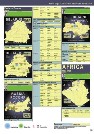 World Digital Terrestrial Television 1 2 - 0 1 / 2 0 1 0

Eastern Europe                                                           Первый канал
                                                                         Perviy Kanal
                                                                                        Телеканал
                                                                                        Россия
                                                                                                        Вести
                                                                                                        Vesti
                                                                                                                       Kultura              Ukraine
                                                                                                                                                    DTT Information provided by
                                                                                                                                                                                                            УКРАИНА
                                                                                                                                                                                              Информация представлена
Belarus                                                                                 Telekanal
        DTT Information provided by           Информация представлена
                                                                                        Rossiya
                                                                                        НТВ             5 канал        Бибигон +                    Pavel Goroshko, Ukraine                    Павлом Горошко, Украина
                                                                                                                       Теленяня
                                                                                        NTV             5 Kanal
        Pavel Goroshko, Ukraine                Павлом Горошко, Украина
                                                                                                                       Bibigon +
                                                                                                                       Telenyanya

                                                                         Local Programmes Moscow Encrypted
                                                                         Mux Ch 32      DVisionLive     DVisionNews    DVisionSpice

                                                                         Test Programme Moscow
                                                                         Mux Ch 34      VGTRK Test HD

                                                                         Regional Programmes Ekaterinburg
                                                                         Mux Ch 22      Муз-ТВ          Время          7ТВ
                                                                                        Muz-TV          Vremya         7 TV
                                                                                        Дом Кино        Орбита-4       Россия
                                                                                                                       Дубль 4
                                                                                        Dom Kino        Orbita-4
                                                                                                                       Russia
                                                                                                                       Double-4
                                                                                        Telecafe        Теленяня       TV Centr
                                                                                                        Telenyanya
                                                                         Mux Ch 40      Kanal 1         Телеканал      Вести
                                                                                                        Россия
                                                                                                                       Vesti                National Programmes FTA
                                                                                                        Telekanal
                                                                                                        Rossiya                             UDTVN               MEGASPORT             KULTURA            INTER
National Programmes FTA
                                                                                        Culture         Спорт          Теленяня                                 FOOTBALL              M2                 KDRTRK
1st Channel       Channel 8            OHT             Harmony
                                                                                                                                                                MUSICBOX              TBi                NTN
World             CTB                  RTR Belarus     NTV Belarus                                      Sports         Telenyanya
                                                                                                                                                                GUMOR TV
                                                                                        ОТВ             НТВ
                                                                                        OTV             NTV                                 Regional Programmes FTA
                                                                         Mux Ch 60      Дом Кино        Муз-ТВ         Канал 4              ERA                 UT-1                  K1                 RADA
                                                                                                                                            PRODUCTION          TV KYIV
                                                                                        Dom Kino        Muz-TV         Kanal 4
                                                                                                                                            KRRT                5 KANAL               MEGASPORT          TONIS
                                                                                        МИР             ТНТ            ТВЦ
                                                                                                                                                                OTV                   ICTV
                                                                                        MIR             TNT            TVC
                                                                                                                                            GAMMA               GAMMA                 M2                 M1
                                                                                        Luxe TV                                             CONSULTING          RUMUSIC               NEWS_ONE           TEST
                                                                         Regional Programmes Smolensk



                                                                                                                                            A FR I CA
                                                                         Mux Ch 50      Телеканал       Петербург 5    Югра
                                                                                        Россия          канал
                                                                                                                       Ugra
                                                                                        Telekanal       Petersburg 5
                                                                                        Rossiya         Kanal

                                                                         Regional Programmes Kazan
                                                                         Ren-TV         МИР             Муз-ТВ         TNV
                                                                                                                                            Maghreb
                                                                                                                                            Algeria                                                            ‫ﺍﳉــﺰﺍﺋـــﺮ‬
                                                                                        MIR             Muz-TV                                      DTT Information provided by                    ‫ﻣﻌـﻠﻮﻣـﺎﺕ ﻣﺘﻮﻓﺮﺓ ﻣﻦ ﺍﻟﺴﻴﺪ‬
                                                                         Sport          STS             Domashniy      ТНТ
                                                                         Telenyanya
                                                                                                                       TNT
                                                                                                                                                    Morsli Hallam, Algeria                               ‫ﺣﻼﻡ ﻣﺮﺳﻠﻰ, ﺍﳉـﺰﺍﺋـﺮ‬
National Programmes FTA                                                  2x2            Дом Кино

1st Channel       Channel 8            OHT             Harmony                          Dom Kino
World             CTB                  RTR Belarus     NTV Belarus       Regional Programmes Khanty-Mansiysk
Russia                                                      Россия       Mux Ch 40      Канал 1 +2      Телеканал      Вести
        DTT Information provided by          Информация предоставлена                                   Россия +2
                                                                                        Kanal 1 +2                     Vesti
                                                                                                        Telekanal
                                                                                                        Rossiya +2
        Nikolay Ovsyadovskiy, Russia      Николаем Овсядовским, Россия                  Culture         Спорт          Югра
                                                                                                        Sports         Ugra
                                                                                        Канал 5 +3      НТВ +2
                                                                                        Kanal 5 +3      NTV +2
                                                                         Mux Ch 50      ТВЦ             МИР            Дом Кино
                                                                                        TVC             MIR            Dom Kino
                                                                                        Время           Теленяня       Telecafe
                                                                                        Vremya          Telenyanya
                                                                                        Муз-ТВ          ТНТ
                                                                                        Muz-TV          TNT

                                                                                                                                            Test Programmes FTA
                                                                                                                                                   ‫ﻛﻨﺎﻝ ﺃﳉﻴﺮﻯ‬          ‫ﻗﻨﺎﺕ ﺍﻟﺜﺎﻟﺜﺔ‬    ‫ﺍﳉﺰﺍﺋﺮﻳﺔ ﺍﳋﺎﻣﺴﺔ‬        ‫ﺍﳉﺰﺍﺋﺮﻳﺔ ﺍﻟﺮﺍﺑﻌﺔ‬
                                                                                                                                            (Canal Algèrie)               (TV A3)       (TV Amazigh)            (TV Coran)
                                                                                                                                                ‫ﻗﻨﺎﺕ ﺍﻟﻮﻃﻨﻴﺔ‬
                                                                                                                                               Programme)
                                                                                                                                                  (National


National Programmes FTA

                                                                                                                        Multiplex Bouquet                                 Programme Name
                                                                                  VHF or                               Disclaimer: This Chart is for educational overview only and is neither complete nor
                Capital City                         Other City                   UHF Transmitter                      accurate. This Chart shall not be used commercially.
                                                                                                                       Maps by www.mapresources.com

                                                                                                                                                                                                                                 109
 