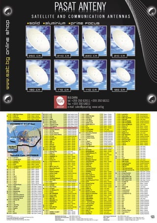 SatcoDX Satellite TV Handbook 12-01/2010
     Freq Pol Channel Name               Symbol Rate Programming Type             Freq Pol Channel Name             Symbol Rate Programming Type                           Freq Pol Channel Name                   Symbol Rate Programming Type                          Freq Pol Channel Name                      Symbol Rate Programming Type
     GHz                                   ksym/sec SatcoDX Deﬁnition             GHz                                 ksym/sec SatcoDX Deﬁnition                           GHz                                       ksym/sec SatcoDX Deﬁnition                          GHz                                          ksym/sec SatcoDX Deﬁnition




  12.597 V BBC World News                        27500    Quality Entertain.    10.834   V   n 57                          27500      High Quality Home                11.488     H   CNBC                               27500    News + Series                      11.604      H   arab-69.tv                             27500      Advertisement
 12.597 V DIAA TV                               27500    News + Series         10.834   V   n 58                          27500      High Quality Home                11.488     H   KINO POLSKA                        27500    News + Series                      11.604      H   Arab-Jins                              27500      Advertisement
  12.597 V Euronews                              27500    Quality Entertain.    10.834   V   n 59                          27500      High Quality Home                11.488     H   TRACE TV                           27500    News + Series                      11.604      H   ARD “Das Erste                         27500      Quality Entertain.
  12.597 V Sonshine TV                           27500    News + Series         10.834   V   NASN                          27500      High Qual. Cinema                11.488     H   TVP INFO                           27500    News + Series                      11.604      H   ASO SAT                                27500      Low Level
HOT008KB                                                                        10.834   V   Sport Klub                    27500      High Qual. Cinema                11.488     H   TVP SPORT                          27500    News + Series                      11.604      H   DW-TV ARABIA                           27500      Quality Entertain.
                                                                                10.834   V   Sport Klub +                  27500      High Qual. Cinema                11.488     H   ZONE CLUB                          27500    News + Series                      11.604      H   DW-TV EUROPA                           27500      Quality Entertain.
                                                                                 10.834   V   Travel & Living               27500      High Quality Home                11.488     H   ZONE REALITY                       27500    News + Series                      11.604      H   Erde und Mensch                        27500      Low Level
                                                                                10.834   V   TVP Historia                  27500      High Qual. Cinema                11.488     H   ITV                                27500    News + Series                      11.604      H   Ethnic TV                              27500      News + Series
                                                                                 10.834   V   Eska TV                       27500      Quality Entertain.               11.488     H   PULS                               27500    News + Series                      11.604      H   Italiamia                              27500      News + Series
                                                                                 10.949   V   Cartoon Network               27500      Quality Entertain.               11.488     H   TV POLONIA                         27500    Low Level                          11.604      H   Lebnaniat TV.                          27500      Advertisement
                                                                                 10.949   V   CN/TCM                        27500      Quality Entertain.               11.488     H   TVP Kultura                        27500    Quality Entertain.                 11.604      H   Love TV                                27500      Advertisement
                                                                                 10.949   V   Disney Channel                27500      Quality Entertain.              11.534     V   Discovery Channel                  27500    Quality Entertain.                 11.604      H   Napoli TLA                             27500      Low Level
                                                                                 10.949   V   Turner Classic Movie          27500      Quality Entertain.               11.534     V   Filmbox                            27500    Quality Entertain.                 11.604      H   Pali Television                        27500      News + Series
                                                                                 10.949   V   Al Forat                      27500      Quality Entertain.               11.534     V   Filmbox Extra                      27500    Quality Entertain.                 11.604      H   RTL 2 CH                               27500      Quality Entertain.
                                                                                 10.949   V   Al Hiwar TV                   27500      News + Series                    11.534     V   Filmbox Family                     27500    Quality Entertain.                 11.604      H   Sexty9 Arab                            27500      Advertisement
                                                                                 10.949   V   All Music                     27500      News + Series                   11.534     V   ID                                 27500    Quality Entertain.                 11.604      H   Sexy love girls                        27500      Advertisement
                                                                                 10.949   V   ANB                           27500      News + Series                    11.534     V   n Sport                            27500    Home Cinema                        11.604      H   Sexy Sexy TV                           27500      Advertisement
                                                                                 10.949   V   DMC TV                        27500      News + Series                    11.534     V   Religia.TV                         27500    Quality Entertain.                 11.604      H   Tele A                                 27500      News + Series
                                                                                 10.949   V   Noursat                       27500      News + Series                    11.534     V   TVP Sport                          27500    Quality Entertain.                 11.604      H   Tele A+                                27500      News + Series
                                                                                 10.949   V   Rete Capri                    27500      News + Series                    11.534     V   TVN Warszawa                       27500    Home Cinema                        11.727      V   S1                                     27500      Low Level
                                                                                10.949   V   Sat 7 Kids                    27500      News + Series                   11.541     V   LA7                                22000    Quality Entertain.                 11.727      V   S2                                     27500      Low Level
                                                                                10.949   V   Sat 7 Pars                    27500      News + Series                   11.541     V   50 Canale                          22000    News + Series                      11.727      V   S3                                     27500      Low Level
                                                                                 10.971   H   Asianet Plus                  27500      Low Level                        11.541     V   BERGAMOSAT                         22000    News + Series                      11.727      V   S4                                     27500      Low Level
                                                                                 10.971   H   Baby TV                       27500      News + Series                    11.541     V   Health&Beauty TV                   22000    Low Level                         11.727      V   S5                                     27500      Low Level
                                                                                 10.971   H   Al-Anwar                      27500      Low Level                        11.541     V   Italia 8                           22000    News + Series                      11.727      V   S6                                     27500      Low Level
                                                                                 10.971   H   ARMENIA TV                    27500      News + Series                    11.541     V   La Nuova TV                        22000    Low Level                         11.727      V   S7                                     27500      Low Level
  10.723    H   10.722 H                        29900     Quality Entertain.     10.971   H   GOD TV                        27500      News + Series                    11.541     V   Nessuno TV                         22000    Low Level                         11.727      V   SCT                                    27500      Low Level
 10.723    H   Private Spice                   29900     News + Series          10.971   H   Ictimai TV                    27500      Low Level                        11.541     V   Sardegna Channel                   22000    Low Level                          11.727      V   AVA MUSIC                              27500      Low Level
  10.723    H   Deepam TV                       29900     Quality Entertain.    10.971   H   Imam Hussein TV               27500      Advertisement                    11.541     V   Telelombardia                      22000    News + Series                      11.727      V   BBC Arabic                             27500      Quality Entertain.
  10.723    H   MTA INTL                        29900     Quality Entertain.     10.971   H   LA8                           27500      News + Series                    11.541     V   TeleTirreno                        22000    Low Level                          11.727      V   Canal 24 Horas                         27500      Quality Entertain.
  10.723    H   RTPi                            29900     News + Series          10.971   H   LA9                           27500      News + Series                    11.541     V   THOU TV                            22000    Low Level                          11.727      V   DM ARABIA                              27500      News + Series
 10.723    H   Teleippica CH1                  29900     Quality Entertain.     10.971   H   MRTV / Univ TV                27500      Low Level                        11.541     V   TIVUTIVU                           22000    Low Level                          11.727      V   TAK TV                                 27500      News + Series
  10.723    H   Thendral                        29900     News + Series          10.971   H   Music Box Russia              27500      News + Series                    11.541     V   Toscana Channel                    22000    Low Level                          11.727      V   TVE Internacional                      27500      Quality Entertain.
 10.757    V   23                              27500     News + Series          10.971   H   NTD TV                        27500      Low Level                        11.541     V   Umbria Channel                     22000    Low Level                          11.727      V   TVE Internacional As                   27500      Quality Entertain.
 10.757    V   24                              27500     News + Series          10.971   H   Payam-E-Afghan                27500      Low Level                        11.541     V   YOUDEM                             22000    News + Series                      11.785      H   Fox HD                                 27500      High Qual. Cinema
 10.757    V   25                              27500     News + Series          10.971   H   Russia Today                  27500      Quality Entertain.               11.566     H   Barada TV                          27500    News + Series                     11.785      H   Prima Fila HD 2                        27500      High Qual. Cinema
 10.757    V   26                              27500     News + Series          10.971   H   Suroyo tv                     27500      Low Level                        11.566     H   CALL SHOP TV                       27500    News + Series                      11.785      H   Fox Crime HD                           27500      High Qual. Cinema
 10.757    V   Test 1                          27500     News + Series          10.971   H   Telenova                      27500      Low Level                        11.566     H   Church Channel                     27500    News + Series                      11.785      H   NationalGeo HD                         27500      High Qual. Cinema
 10.757    V   Test 2                          27500     News + Series          10.971   H   The Word Network              27500      Low Level                        11.566     H   EL SHAFAA                          27500    News + Series                     11.785      H   SKY Calcio 1 HD                        27500      High Qual. Cinema
 10.757    V   Test 3                          27500     News + Series          10.971   H   TRT-TURK                      27500      Quality Entertain.               11.566     H   Good Shepherd TV Int               27500    Low Level                         11.785      H   SKY Calcio 2 HD                        27500      High Qual. Cinema
 10.757    V   Test 4                          27500     News + Series          11.054   H   bwtv                          27500      Quality Entertain.               11.566     H   JCTV                               27500    News + Series                      11.823      H   ALPHA TV                               27500      Quality Entertain.
 10.757    V   Test5                           27500     News + Series          11.054   H   Al Beladi TV                  27500      News + Series                   11.566     H   Kliksat.Farhad                     27500    Advertisement                      11.823      H   ALTER                                  27500      News + Series
  10.834    V   Animal Planet                   27500     High Quality Home     11.054   H   TAPESH                        27500      News + Series                    11.566     H   NEJAT TV                           27500    News + Series                      11.823      H   ANT-1                                  27500      Home Cinema
 10.834    V   AXN                             27500     High Qual. Cinema      11.470   V   Nick Polska                   27500      News + Series                    11.566     H   Noor TV                            27500    News + Series                     11.823      H   Disney XD                              27500      Low Level
  10.834    V   AXN Crime                       27500     High Qual. Cinema     11.470   V   Al Hayat                      27500      News + Series                    11.566     H   PARS TV                            27500    Low Level                          11.823      H   MEGA                                   27500      Quality Entertain.
  10.834    V   AXN SciFi                       27500     High Qual. Cinema      11.470   V   AL Malakoot TV                27500      News + Series                   11.566     H   Salaam TV                          27500    Low Level                          11.823      H   novacinema1                            27500      News + Series
 10.834    V   Boomerang                       27500     High Qual. Cinema      11.470   V   Ariana                        27500      Low Level                        11.566     H   Smile of a Child                   27500    News + Series                      11.823      H   novasports1                            27500      Home Cinema
 10.834    V   DaVinci                         27500     High Qual. Cinema      11.470   V   BET NAHRAIN                   27500      Quality Entertain.               11.566     H   Smile of a Child Rus               27500    News + Series                      11.823      H   novasports1 Cy                         27500      Home Cinema
  10.834    V   Discovery Historia              27500     High Quality Home     11.470   V   Kanal Jadid                   27500      News + Series                    11.566     H   TBN Europe                         27500    News + Series                      11.823      H   R1                                     27500      Quality Entertain.
  10.834    V   Discovery Science               27500     High Quality Home     11.470   V   KOMALA TV                     27500      News + Series                    11.566     H   TBN ITALIA                         27500    Low Level                          11.823      H   R11                                    27500      Home Cinema
  10.834    V   Discovery World                 27500     High Quality Home      11.470   V   Mktv Sat                      27500      News + Series                    11.566     H   TBN RUSSIA                         27500    News + Series                      11.823      H   R12                                    27500      Low Level
 10.834    V   Disney XD                       27500     High Qual. Cinema      11.470   V   MOHABAT TV                    27500      News + Series                    11.566     H   TBNEspain                          27500    News + Series                      11.823      H   R13                                    27500      Quality Entertain.
  10.834    V   H2                              27500     High Qual. Cinema      11.470   V   PROPHETIC                     27500      Low Level                        11.604     H   ‘ ‘ Hot Arab Sex                   27500    Advertisement                      11.823      H   R3                                     27500      Quality Entertain.
  10.834    V   H3                              27500     High Qual. Cinema      11.470   V   RIKSAT                        27500      News + Series                    11.604     H   +18 Love Girls                     27500    Advertisement                      11.823      H   R4                                     27500      Quality Entertain.
 10.834    V   Jetix Play                      27500     High Qual. Cinema     11.470   V   RTV                           27500      Low Level                        11.604     H   .arab babes                        27500    Advertisement                      11.823      H   R5                                     27500      Quality Entertain.
 10.834    V   JimJam                          27500     High Qual. Cinema     11.470   V   SATLINK OU                    27500      Quality Entertain.              11.604     H   121 India                          27500    Advertisement                      11.823      H   R6                                     27500      News + Series
  10.834    V   KidsCo                          27500     High Qual. Cinema      11.470   V   Tasvir Iran                   27500      Low Level                        11.604     H   7’armanat Nar                      27500    Low Level                          11.823      H   STAR                                   27500      Home Cinema
  10.834    V   KP                              27500     High Quality Home     11.488   H                                 27500      Low Level                        11.604     H   Ailaj TV                           27500    Advertisement                      11.842      V   Caccia e Pesca                         27500      News + Series
  10.834    V   M                               27500     High Quality Home      11.488   H   ANIMAL PLANET                 27500      News + Series                    11.604     H   Al-Gina TV                         27500    Low Level                          11.842      V   Fox Crime +1                           27500      Quality Entertain.
 10.834    V   MTV2                            27500     High Qual. Cinema      11.488   H   CINEMAX                       27500      News + Series                    11.604     H   Arab XXX                           27500    Advertisement                      11.842      V   GXT                                    27500      Quality Entertain.
© SatcoDX Inc
© TELE-satellite Medien GmbH — For Private and Personal Use Only
Programming Type Deﬁnition by SatcoDX
                                                                                                       High Quality Home Cinema ...........Video: MPEG-4 Audio: AC3
                                                                                                       High Quality Home Entertainment Video: MPEG-4 Audio: Layer 2
                                                                                                       Home Cinema ..................................Video: MPEG-2 + TS Bitrate >5 Mbps Audio: AC3, or Layer 2
                                                                                                                                                                                                                                  Cost Conscious Entertainment .....Video: MPEG-4 Audio: Layer 1
                                                                                                                                                                                                                                  News + Series .................................Video: MPEG-2 + TS Bitrate between 1.5 and 3 Mbps Audio: Layer 2
                                                                                                                                                                                                                                  Low Level ........................................Video: MPEG-2 + TS Bitrate between 0.5 and 1.5 Mbps Audio: Layer 2
                                                                                                                                                                                                                                                                                                                                                             123
According to Transmission Mode and Average Video Bitrate                                               Quality Entertainment ....................Video: MPEG-2 + TS Bitrate between 3 and 5 Mbps Audio: AC3, or Layer 2           Advertisement .................................Video: MPEG-2 + TS Bitrate <0.5 Mbps Audio: Layer 2
 