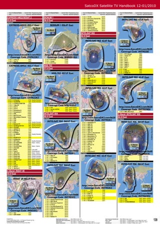 SatcoDX Satellite TV Handbook 12-01/2010
     Freq Pol Channel Name               Symbol Rate Programming Type             Freq Pol Channel Name           Symbol Rate Programming Type                           Freq Pol Channel Name                   Symbol Rate Programming Type                          Freq Pol Channel Name                      Symbol Rate Programming Type
     GHz                                   ksym/sec SatcoDX Deﬁnition             GHz                               ksym/sec SatcoDX Deﬁnition                           GHz                                       ksym/sec SatcoDX Deﬁnition                          GHz                                          ksym/sec SatcoDX Deﬁnition

EXPRESS AM22/SESAT 2                                                           BONUM 1                                                                                 11.555
                                                                                                                                                                       11.595
                                                                                                                                                                                 H
                                                                                                                                                                                 H
                                                                                                                                                                                     TV XXI
                                                                                                                                                                                     Discovery Channel Ru
                                                                                                                                                                                                                        29270
                                                                                                                                                                                                                        29270
                                                                                                                                                                                                                                                                  INT902SE

53.0 East                                                                      56.0 East                                                                               11.595    H   EuroNews                           29270
EXPA22K1                                                                       BON001KU                                                                                11.595    H   Eurosport Russia                   29270
                                                                                                                                                                       11.595    H   Kazakhstan TV                      29270
                                                                                                                                                                       11.595    H   Khabar TV                          29270
                                                                                                                                                                       11.595    H   MCM Europe                         29270
                                                                                                                                                                       11.595    H   ORT Kazakhstan                     29270
                                                                                                                                                                       11.595    H   Telekanal Rossiya                  29270

                                                                                                                                                                    INTELSAT 902
                                                                                                                                                                    62.0 East
                                                                                                                                                                    INT902CG




                                                                                                                                                                                                                                                                     3.814 L        NTV (Kenya)                             3852
                                                                                                                                                                                                                                                                     3.837 L        Citizen TV                              2466
                                                                                                                                                                                                                                                                     3.967 L        E.TV                                    9326
 11.682 V Limar TV                                5000                          12.245 R NTV Plus                         27500                                                                                                                                      3.996 L        BTV 2                                  20000
 11.682 V Tolo TV                                 5000                          12.303 L Ermak                            27500                                                                                                                                      3.996 L        BTV 3                                  20000
EXPA22K2                                                                        12.322 R NTV Plus                         27500                                                                                                                                      3.996 L        SABC 1                                 20000
                                                                                                                                                                                                                                                                     3.996 L        SABC 2                                 20000
                                                                               NSS 703                                                                                                                                                                               3.996 L        SABC 3                                 20000
                                                                               57.0 East                                                                                                                                                                             3.996 L
                                                                                                                                                                                                                                                                     4.171 R
                                                                                                                                                                                                                                                                                    BTV 1
                                                                                                                                                                                                                                                                                    9xA
                                                                                                                                                                                                                                                                                                                           20000
                                                                                                                                                                                                                                                                                                                            3960
                                                                               NSS703EU                                                                                                                                                                             11.151 H        KISS TV                                 5787
                                                                                                                                                                                                                                                                    11.151 H        PRIMA TV                                5787
                                                                                                                                                                      4.180 L        Reuters TV                         31530                                     INT902WH
                                                                                                                                                                      4.180 L        Sky News Intl                      31530
                                                                                                                                                                      4.180 L        ABC                                31530
                                                                                                                                                                      4.180 L        Arqiva OU ch 2                     31530
                                                                                                                                                                      4.180 L        Arqiva OU ch1                      31530
                                                                                                                                                                      4.180 L        Intelsat 2                         31530
                                                                                                                                                                    INT902K1




  10.974    H   5 Channel                        8150     Quality Entertain.
  10.995    H   TV-NADYM                         3255     Quality Entertain.
  11.031    H   CTPAHA COBETOB                   3750
  11.044    V   1-Muz BY                        44950
  11.044    V   CTC+0                           44950                           12.551 V bTV                                9404 Home Cinema
  11.044    V   CTC+2                           44950                           12.551 V eUrotic ASTRA                      9404 News + Series
  11.044    V   Domashny+0                      44950                           12.551 V VTK                                9404 News + Series
  11.044    V   Domashny+2                      44950                                                                                                                                                                                                                 3.938 R MBC (Mauritius)                                2964
  11.044    V   FNS                             44950                          INTELSAT 904                                                                                                                                                                       C-Band: INTELSAT 906
  11.044    V   MuzTV+Love                      44950
  11.044    V   World Music Channel             44950                          60.0 East                                                                                                                                                                          64.0 East
  11.095    V   NTN                              6400                          INT904K1                                                                                                                                                                           INT906CG
  11.095    V   UTR                              6400
  11.161    V   STV                              5785     Quality Entertain.                                                                                          10.973 V       Alantefaza TV                      27500
  11.161    V   Belarus-TV                       5785     Quality Entertain.                                                                                          10.973 V       IRIB TV1                           27500
  11.616    V   Tandberg Service                 2894     Quality Entertain.                                                                                          10.973 V       IRIB TV2                           27500
  11.696    H   TOLOINT                          1786     Advertisement                                                                                               10.973 V       IRIB TV3                           27500
  12.631    V   ASHUR TV                         2530                                                                                                                 10.973 V       IRIB TV4                           27500
  12.632    H   SALAM TV                         2170                                                                                                                 10.973 V       IRIB TV5                           27500
  12.637    H   Al Masar                         2532                                                                                                                 10.973 V       Jaam-e-Jam Internati               27500
  12.639    V   AL ANBAR                         2894     Quality Entertain.                                                                                          11.043 V       Khozestan TV                        3600
  12.639    V   TV                               2892                                                                                                                 11.068 V       Mazandaran TV                       3610
  12.648    H   SCOPE KTV                        2894                                                                                                                 11.073 V       Azarbayjan TV                       3600
  12.652    H   Al-Mosullia                      2532                                                                                                                 11.078 V       Khorasan TV                         3610
  12.664    V   ART-Feed                        30000     Quality Entertain.                                                                                          11.083 V       Esfahan TV                          3600
  12.664    V   Ch1 SCR BISS                    30000     News + Series                                                                                               11.088 V       Yazd TV                             3610
  12.664    V   CH1-SCR                         30000                                                                                                                 11.093 V       Kerman TV                           3600
  12.664    V   Ch2 SCR Biss                    30000     News + Series                                                                                               11.103 V       Fars                               10000
  12.664    V   CH2-SCR                         30000                                                                                                                 11.103 V       Fars TV                            10000
  12.664    V   ERTU                            30000     Low Level                                                                                                   11.103 V       feed                               10000
  12.664    V   Feed-4                          30000     Advertisement                                                                                               11.103 V       khalij fars(T)                     10000
  12.664    V   JSC-Feed                        30000     News + Series                                                                                             INT902K2
  12.664    V   OrbitLine1                      30000     Quality Entertain.
                                                                                 11.093 V    Nika TV                        3980                                                                                                                                    4.094 L Atlantic                                         3680 Low Level
  12.664    V   OrbitLine2                      30000     Quality Entertain.
                                                                                 11.491 V    RTV Kuban                      5787                                                                                                                                    4.094 L News                                             3680 Low Level
  12.664    V   OrbitLine3                      30000     Quality Entertain.
                                                                                 11.514 V    test                           7600                                                                                                                                    4.094 L Sports                                           3680 Low Level
  12.664    V   Al-Majd Feed                    30000     News + Series
                                                                                 11.529 V    Belarus TV                     2893
  12.664    V   CH5                             30000     News + Series                                                                                                                                                                                           INT906WH
  12.664    V   CH8                             30000     News + Series        INT904K2
  12.664    V   Feed-2                          30000     Advertisement
  12.741    H   Temp 2                           7086
  12.741    H   Service 2                        7086

C-Band: INSAT 3E
55.0 East
INS03ECI




                                                                                                                                                                       11.105    H       VTV                             3328
                                                                                                                                                                       11.108    H   A1 PLUS                             2170
                                                                                                                                                                       11.148    H   KISS TV                             2710
                                                                                                                                                                       11.152    H   Prima TV                            3333
                                                                                                                                                                       11.175    H   KANAL-D                             3333
                                                                                                                                                                       11.186    H   AXA TV                              2046                                         3.654 R TIM                                            5632 News + Series
                                                                                11.555   H   Animal Planet Europe         29270                                                                                                                                       3.654 R TPA1                                           5632 News + Series
                                                                                11.555   H   BBC World                    29270                                        11.189    H   TELESHOP                            2221
                                                                                                                                                                                                                                                                      3.654 R TV MOZAMBIQUE.                                 5632 News + Series
                                                                                11.555   H   Discovery Travel & A         29270
                                                                                11.555   H   El Arna                      29270
                                                                                11.555   H   Fox Kids Russia & Tu         29270
                                                                                11.555   H   Hallmark Channel (Ru         29270
                                                                                11.555   H   KTK TV                       29270
                                                                                11.555   H   MTV Russia                   29270
    3.970 V Test                                  4250                          11.555   H   NTK                          29270
    4.000 V DDK-HISAR                             4250                          11.555   H   NTV                          29270
                                                                                11.555   H   Rakhat TV                    29270
© SatcoDX Inc
© TELE-satellite Medien GmbH — For Private and Personal Use Only
Programming Type Deﬁnition by SatcoDX
                                                                                                     High Quality Home Cinema ...........Video: MPEG-4 Audio: AC3
                                                                                                     High Quality Home Entertainment Video: MPEG-4 Audio: Layer 2
                                                                                                     Home Cinema ..................................Video: MPEG-2 + TS Bitrate >5 Mbps Audio: AC3, or Layer 2
                                                                                                                                                                                                                                Cost Conscious Entertainment .....Video: MPEG-4 Audio: Layer 1
                                                                                                                                                                                                                                News + Series .................................Video: MPEG-2 + TS Bitrate between 1.5 and 3 Mbps Audio: Layer 2
                                                                                                                                                                                                                                Low Level ........................................Video: MPEG-2 + TS Bitrate between 0.5 and 1.5 Mbps Audio: Layer 2
                                                                                                                                                                                                                                                                                                                                                       139
According to Transmission Mode and Average Video Bitrate                                             Quality Entertainment ....................Video: MPEG-2 + TS Bitrate between 3 and 5 Mbps Audio: AC3, or Layer 2           Advertisement .................................Video: MPEG-2 + TS Bitrate <0.5 Mbps Audio: Layer 2
 