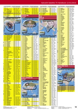 SatcoDX Satellite TV Handbook 12-01/2010
     Freq Pol Channel Name               Symbol Rate Programming Type             Freq Pol Channel Name           Symbol Rate Programming Type                           Freq Pol Channel Name                   Symbol Rate Programming Type                          Freq Pol Channel Name                      Symbol Rate Programming Type
     GHz                                   ksym/sec SatcoDX Deﬁnition             GHz                               ksym/sec SatcoDX Deﬁnition                           GHz                                       ksym/sec SatcoDX Deﬁnition                          GHz                                          ksym/sec SatcoDX Deﬁnition
  3.640 H TCT                                   28062     News + Series          4.136   V   Apsara TV                      4443     News + Series                   3.875      R   Dubl-1+RRD1                        29598    Home Cinema                        11.470      H   Specials             28500                        News + Series
  3.640 H The Word Network                      28062     News + Series          4.136   V   TV5 Cambodia                   4443     News + Series                   3.875      R   Dubl-2+RRD2                        29598    Home Cinema                        11.470      H   STAR Cricket         28500                        Quality Entertain.
  3.640 H UNIV TV                               28062     Low Level             4.155   V   PSI Channel                    2220     News + Series                   3.875      R   Jetix Russia                       32000    Quality Entertain.                 11.470      H   STAR Sports          28500                        Quality Entertain.
  3.665 H TVK CAMBODIA                           3703     Quality Entertain.     4.158   V   Super Cheng                    1852     Advertisement                   3.875      R   Orbita-1R+Mayak                    29598    Home Cinema                        11.470      H   TV5                  28500                        News + Series
  3.711 V HARYANA NEWS                          13330     News + Series          4.161   V   KASIKORN TV                    2000     News + Series                   3.875      R   Orbita-2R+Yunost                   29598    Home Cinema                        11.470      H   Zee Kannada          28500                        Quality Entertain.
 3.711 V PUNJAB TODAY                          13330     News + Series          4.169   V     KTN-KARACHI                  9600     Quality Entertain.               3.875      R   TV 3 PLUS 2                        32000    Quality Entertain.                 11.470      H   Zee Telugu           28500                        Low Level
  3.760 V KALAIGNAR ASIA 2M                     26660     High Qual. Cinema      4.169   V   DATA                           9600     Quality Entertain.              3.875      R   Kultura-1                          29598    Home Cinema                        11.470      H   ���                  28500                        Quality Entertain.
 3.760 V 7 STAR CARE                           26660     News + Series          4.169   V   KTN-KARACHI-A                  9600     Quality Entertain.              3.875      R   STRANA                             32000    Quality Entertain.                 11.510      H   Aakaash Bangla       28500                        Quality Entertain.
  3.760 V Sanskar                               26660     Quality Entertain.                                                                                          3.875      R   TV 3                               32000    Quality Entertain.                 11.510      H   AXN                  28500                        News + Series
 3.909 V CAT ORG TV                             2295     News + Series        EXPRESS AM2                                                                                                                                                                          11.510      H   DD Oriya             28500                        Quality Entertain.
 4.011 V MPEG 2                                 2500     News + Series        80.0 East                                                                            India                                                                                           11.510      H   DD Sahyadri          28500                        News + Series
THA005CR                                                                       EXPAM2KR                                                                             INSAT 4A                                                                                        11.510
                                                                                                                                                                                                                                                                    11.510
                                                                                                                                                                                                                                                                                H
                                                                                                                                                                                                                                                                                H
                                                                                                                                                                                                                                                                                    ETV Bangla
                                                                                                                                                                                                                                                                                    ETV Kannada
                                                                                                                                                                                                                                                                                                         28500
                                                                                                                                                                                                                                                                                                         28500
                                                                                                                                                                                                                                                                                                                                      Low Level
                                                                                                                                                                                                                                                                                                                                      News + Series
                                                                                                                                                                    83.0 East                                                                                       11.510      H   ETV Marathi          28500                        Quality Entertain.
                                                                                                                                                                    INS04AKB                                                                                        11.510      H   ETV MP               28500                        News + Series
                                                                                                                                                                                                                                                                    11.510      H   Kiran TV             28500                        Low Level
                                                                                                                                                                                                                                                                    11.510      H   OTV                  28500                        News + Series
                                                                                                                                                                                                                                                                    11.510      H   STAR Ananda          28500                        News + Series
                                                                                                                                                                                                                                                                    11.510      H   STAR World           28500                        News + Series
                                                                                                                                                                                                                                                                    11.510      H   Surya TV             28500                        Quality Entertain.
                                                                                                                                                                                                                                                                    11.510      H   Zee Bangla           28500                        Low Level
                                                                                                                                                                                                                                                                    11.510      H   Zee Marathi          28500                        News + Series
                                                                                                                                                                                                                                                                    11.510      H   ���                  28500                        News + Series
                                                                                                                                                                                                                                                                    11.550      H   DD Gujarati          28500                        News + Series
                                                                                                                                                                                                                                                                    11.550      H   ETV Gujarati         28500                        Quality Entertain.
                                                                                                                                                                                                                                                                    11.550      H   ETV Oriya            28500                        News + Series
                                                                                                                                                                                                                                                                    11.550      H   ETV Urdu             28500                        News + Series
                                                                                                                                                                                                                                                                   11.550      H   MGM                  28500                        News + Series
                                                                                                                                                                                                                                                                   11.550      H   TCM                  28500                        Low Level
                                                                                                                                                                                                                                                                    11.550      H   Teja TV              28500                        News + Series
                                                                                                                                                                                                                                                                    11.550      H   Zee Gujarati         28500                        Low Level
                                                                                                                                                                                                                                                                    11.550      H   ���                  28500                        Quality Entertain.
                                                                                                                                                                                                                                                                    11.590      H   Amrita TV            28500                        Low Level
    3.421   V   SCOPUS-NET-TEC0                  6666     Quality Entertain.    10.973   V   ENISEY-REGION         4444              Home Cinema                                                                                                                    11.590      H   Asianet              28500                        Quality Entertain.
    3.421   V   SCOPUS-NET-TECR                  6666     Quality Entertain.    10.992   V   OTC                   4441              Quality Entertain.                                                                                                             11.590      H   Colors               28500                        News + Series
    3.432   V   Nepal Television 1               6664     Quality Entertain.    11.044   H   5 Канал              44948              News + Series                                                                                                                  11.590      H   DD Malayalam         28500                        Low Level
    3.432   V   Nepal Television 2               6664     Quality Entertain.    11.044   H   Euronews             44948              News + Series                    10.970     H   BBC Entertainment                  28500    News + Series                      11.590      H   DD Podhigai          28500                        Quality Entertain.
    3.454   V   AVENUESTV                        3333     Quality Entertain.    11.044   H   Eurosport            44948              Low Level                        10.970     H   CBeebies                           28500    News + Series                      11.590      H   ETV Telugu           28500                        News + Series
    3.489   V   Sagarmatha                       3333     Quality Entertain.    11.044   H   Eurosport 2          44948              Home Cinema                      10.970     H   HBO                                28500    News + Series                      11.590      H   Gemini Music         28500                        News + Series
    3.501   V   DhiTV                            4445     Quality Entertain.    11.044   H   Hallmark             44948              Low Level                        10.970     H   NDTV GOOD TIMES                    28500    Quality Entertain.                 11.590      H   Gemini TV            28500                        News + Series
    3.545   V   Media Channel                   30000     News + Series         11.044   H   Kids Co              44948              News + Series                    10.970     H   REAL                               28500    Low Level                          11.590      H   Kairali              28500                        Quality Entertain.
   3.545   V   THAICOM 10                      30000     News + Series         11.044   H   TV XXI               44948              Low Level                        10.970     H   STAR Gold                          28500    News + Series                     11.590      H   NDTV Lumiere         28500                        Low Level
   3.545   V   THAICOM 11                      30000     News + Series         11.044   H   Бибигон              44948              News + Series                    10.970     H   STAR Movies                        28500    News + Series                      11.590      H   NE TV                28500                        News + Series
    3.545   V   THAICOM 15                      30000     News + Series         11.044   H   Вести 24             44948              News + Series                    10.970     H   Suvarna                            28500    News + Series                      11.590      H   STAR Jalsha          28500                        Quality Entertain.
   3.545   V   THAICOM 7                       30000     News + Series         11.044   H   Драйв                44948              News + Series                   10.970     H   WB                                 28500    Low Level                          11.590      H   STAR Vijay           28500                        News + Series
   3.545   V   THAICOM 8                       30000     News + Series         11.044   H   Звезда               44948              Quality Entertain.               10.970     H   World Movies                       28500    News + Series                      11.590      H   Sun TV               28500                        Quality Entertain.
   3.545   V   THAICOM 9                       30000     News + Series         11.044   H   Культура             44948              News + Series                    10.970     H   Zee Cafe                           28500    News + Series                      11.590      H   TV9                  28500                        Quality Entertain.
    3.545   V   ACTS Channel                    30000     Quality Entertain.    11.044   H   Орион Экспресс Инфо 44948               News + Series                    10.970     H   Zee Studio                         28500    Low Level                          11.590      H   ���                  28500                        News + Series
    3.545   V   Bang TV                         30000     News + Series         11.044   H   Охота и Рыбалка      44948              News + Series                    10.970     H   ���                                28500    News + Series                      11.630      H   ACTVE COOKING        28500                        News + Series
    3.545   V   FAN_TV                          30000     News + Series         11.044   H   Первый канал         44948              Quality Entertain.               11.010     H   ACTVE TOPPER                       27500    Quality Entertain.                 11.630      H   ACTVE DARSHAN        28500                        News + Series
    3.545   V   Green TV                        30000     Quality Entertain.    11.044   H   РБК-ТВ               44948              News + Series                    11.010     H   Channel 100                        27500    News + Series                      11.630      H   ACTVE DOORDARSHAN28500                            Low Level
   3.545   V   IN TV                           30000     Low Level             11.044   H   РЕН ТВ               44948              Low Level                        11.010     H   DD Chandana                        27500    Low Level                         11.630      H   Actve Learning       28500                        Low Level
    3.545   V   Jewelry Channel                 30000     Low Level             11.044   H   Россия               44948              News + Series                    11.010     H   Discovery                          27500    News + Series                     11.630      H   Actve Stories        28500                        Low Level
    3.545   V   Mongkol Channel                 30000     News + Series         11.044   H   ТВ Центр             44948              News + Series                    11.010     H   ETV2                               27500    Low Level                         11.630      H   Actve Wizkids        28500                        Low Level
    3.545   V   MV_BANGKOK TODAY                30000     News + Series         11.044   H   ТВ-3                 44948              Low Level                        11.010     H   Fox History & Entert               27500    News + Series                      11.630      H   HELPDESK             28500                        Low Level
    3.545   V   S Channel                       30000     Low Level             11.044   H   Телекафе             44948              Quality Entertain.               11.010     H   MAA TV                             27500    Quality Entertain.                 11.630      H   HOME                 28500                        Low Level
    3.545   V   SBB TV                          30000     Low Level             11.044   H   Усадьба              44948              Quality Entertain.               11.010     H   Topper                             27500    Low Level                          11.630      H   Service 2308         28500                        Low Level
    3.545   V   TV Muslim Thailand              30000     Low Level             11.044   H   Футбол               44948              Quality Entertain.               11.010     H   Udaya Movies                       27500    News + Series                      11.630      H   Showcase             28500                        News + Series
    3.545   V   TV pool                         30000     News + Series         11.044   H   Music Love           44948              News + Series                    11.010     H   Udaya TV                           27500    News + Series                      11.630      H   Showcase Promo Cha.. 28500                        News + Series
    3.575   H   MRTV                             7495     News + Series         11.463   V   Russya+Tomsk          3200              Quality Entertain.               11.010     H   ���                                27500    News + Series                      11.630      H   STAR Pravah          28500                        News + Series
    3.575   H   MRTV3                            7495     News + Series         11.606   V   Galaxy               44948              Quality Entertain.               11.050     H   Animax                             28500    Low Level                          11.630      H   Udaya 2              28500                        News + Series
    3.585   V   TTN                             26667     Low Level             11.606   V   KidsCo               44948              News + Series                    11.050     H   Cartoon Network                    28500    News + Series                      11.630      H   ���                  28500                        Quality Entertain.
    3.585   V   AI-NET CHANNEL                  26667     News + Series         11.606   V   Телекафе             44948              Quality Entertain.               11.050     H   Chutti TV                          28500    News + Series                     11.670      H   IBN Lokmat           28500                        Low Level
    3.585   V   ETC                             26667     Quality Entertain.    11.606   V   Animal Planet        44948              Advertisement                    11.050     H   Disney Channel                     28500    Quality Entertain.                 11.670      H   NEWSX                28500                        News + Series
    3.585   V   ETC PANJABI                     26667     Quality Entertain.    11.606   V   AXN Sci Fi           44948              Advertisement                    11.050     H   Hungama                            28500    News + Series                     11.670      H   SERVICE 2410         28500                        Low Level
    3.585   V   MV_H Plus Channel               26667     Quality Entertain.    11.606   V   Discovery Europe Cha 44948              Advertisement                    11.050     H   Isai Aruvi                         28500    Quality Entertain.                 11.670      H   TEN Sports           28500                        News + Series
    3.585   V   MV_HITSTATION                   26667     Quality Entertain.    11.606   V   Discovery Science    44948              Advertisement                    11.050     H   Kalaignar TV                       28500    Quality Entertain.                 11.670      H   VH1                  28500                        News + Series
   3.585   V   MV_MIX                          26667     News + Series         11.606   V   Discovery Travel & L 44948              Advertisement                    11.050     H   KTV                                28500    Quality Entertain.                 11.670      H   Zoom                 28500                        News + Series
    3.585   V   MV_MV5                          26667     Quality Entertain.    11.606   V   Discovery World      44948              Advertisement                    11.050     H   Nick                               28500    News + Series                      11.670      H   ���                  28500                        News + Series
    3.585   V   MV_MyTV                         26667     Low Level                                                                                                   11.050     H   PIX                                28500    News + Series
   3.585   V   MV_Sabaidee TV                  26667     Quality Entertain.
                                                                                11.606
                                                                                11.606
                                                                                         V
                                                                                         V
                                                                                             Dom kino
                                                                                             Extreme Sports
                                                                                                                  44948
                                                                                                                  44948
                                                                                                                                     Advertisement
                                                                                                                                     Advertisement                    11.050     H   Pogo                               28500    Low Level                        C-Band: INSAT 2E,3B

    3.585
    3.585
            V
            V
                MV_STAR
                MV_VARIETY
                                                26667
                                                26667
                                                          Quality Entertain.
                                                          Low Level
                                                                                11.606   V   MTV Hits             44948              Advertisement                    11.050
                                                                                                                                                                      11.050
                                                                                                                                                                                 H
                                                                                                                                                                                 H
                                                                                                                                                                                     Raj TV
                                                                                                                                                                                     Sakshi TV
                                                                                                                                                                                                                        28500
                                                                                                                                                                                                                        28500
                                                                                                                                                                                                                                 News + Series
                                                                                                                                                                                                                                 News + Series
                                                                                                                                                                                                                                                                  83.1 East
                                                                                11.606   V   National Geographic 44948               Advertisement                                                                                                                EUTW3ABA
   3.585   V   MV_You Channel                  26667     Quality Entertain.    11.606   V   Neo Music            44948              Quality Entertain.               11.050     H   STAR Majha                         28500    News + Series
   3.585   V   OHO Channel                     26667     News + Series         11.606   V   Ocean TV             44948              Advertisement                    11.050     H   Toon Disney                        28500    News + Series
    3.585   V   P5tv                            26667     News + Series         11.606   V   Telenyanya           44948              Advertisement                    11.050     H   Udaya Varthegalu                   28500    Quality Entertain.
   3.585   V   TST_NEWS                        26667     Quality Entertain.    11.606   V   Test-33              44948              Advertisement                    11.050     H   ���                                28500    News + Series
    3.732   V   {Empty Name}                     2339     News + Series         11.606   V   Universal            44948              Advertisement                    11.090     H   9XM                                28500    Quality Entertain.
    3.814   V   MHONE NEWS                       6660     News + Series         11.606   V   VH1 Classic          44948              Advertisement                    11.090     H   Aastha                             28500    News + Series
    3.814   V   MHONEMUSIC                       6660     News + Series         11.606   V   Zee TV Russia        44948              Advertisement                   11.090     H   Bloomberg-UTV                      28500    News + Series
    3.814   V   Shraddha                         6660     News + Series         11.606   V   Любимое Кино         44948              Advertisement                    11.090     H   Channel V                          28500    Quality Entertain.
    3.840   V   365-DIN                         26667     Quality Entertain.    11.606   V   Спорт                44948              Advertisement                    11.090     H   DD Punjabi                         28500    Low Level
   3.840   V   CARE WORLD                      26667     News + Series         11.606   V   Феникс+Кино          44948              Advertisement                    11.090     H   Fashion TV                         28500    News + Series
    3.840   V   Nepal1                          26667     Quality Entertain.                                                                                          11.090     H   Mahuaa TV                          28500    News + Series
    3.840   V   Sadhana                         26667     News + Series        C-Band: EXPRESS MD1                                                                    11.090     H   MTV                                28500    Quality Entertain.
    3.840   V   SANSKAR                         26667     Quality Entertain.                                                                                          11.090     H   Nat Geo                            28500    News + Series
                                                                               80.1 East

    3.840   V   TV99                            26667     News + Series                                                                                               11.090     H   Travel&Living                      28500    Quality Entertain.
   3.872   V   AP-ISB-2                         2886     Advertisement        EXPAM2CR                                                                               11.090     H   Zee Trendz                         28500    Quality Entertain.
   3.913   V   Dara Channel                     1853     Advertisement                                                                                               11.090     H   ���                                28500    Low Level
   3.915   V   MB                               2220     News + Series                                                                                               11.130     H   ACTVE NEWSROOM                     28500    News + Series
    3.920   V   PANYAPIWAT1                      2855     News + Series                                                                                               11.130     H   ACTVE STAR NEWS                    28500    Quality Entertain.
    3.920   V   PANYAPIWAT2                      2855     News + Series                                                                                               11.130     H   CNN-IBN                            28500    Quality Entertain.
    3.959   V   APNA                            30000     Quality Entertain.                                                                                          11.130     H   DD NE                              28500    Low Level
    3.959   V   FILMAX                          30000     News + Series                                                                                               11.130     H   Headlines Today                    28500    Quality Entertain.
    3.959   V   FILMAZIA                        30000     Home Cinema                                                                                                 11.130     H   IBN7                               28500    Quality Entertain.                  3.656     V   INDIASIGN TEST3                        13320      High Quality Home
    3.959   V   Jan Sandesh                     30000     Quality Entertain.                                                                                          11.130     H   NDTV 24x7                          28500    Low Level                           3.656     V   INDIASIGN TEST4                        13320      High Quality Home
    3.959   V   Joo Music                       30000     Quality Entertain.                                                                                          11.130     H   NEWS LIVE                          28500    News + Series                       3.656     V   INDIASIGN TEST5                        13320      High Quality Home
    3.959   V   Multiple TV                     30000     Low Level                                                                                                   11.130     H   TIMES NOW                          28500    News + Series                       3.656     V   INDIASIGN TEST6                        13320      Cost Saving Enter.
    3.959   V   SILVER SCREEN                   30000     Home Cinema                                                                                                 11.130     H   ���                                28500    News + Series                       3.656     V   INDIASIGN TEST7                        13320      Cost Saving Enter.
    3.959   V   Starlite                        30000     Quality Entertain.                                                                                          11.170     H   Asianet News                       28500    Quality Entertain.                  3.656     V   ANDRA JYOTI                            13320      Quality Entertain.
   3.959   V   THAICOM 2                       30000     Low Level                                                                                                   11.170     H   BBC WORLD                          28500    News + Series                       3.656     V   TV-5                                   13320      Home Cinema
    3.959   V   THAICOM 4                       30000     News + Series                                                                                               11.170     H   CNBC-TV18                          28500    News + Series
    3.959   V   THAICOM 12                      30000     News + Series                                                                                               11.170     H   CNN                                28500    News + Series
   3.959   V   THAICOM 14                      30000     Quality Entertain.                                                                                          11.170     H   E24                                28500    News + Series
   3.959   V   THAICOM 15                      30000     Quality Entertain.                                                                                          11.170     H   ETV Rajasthan                      28500    News + Series
    3.959   V   THAICOM 8                       30000                                                                                                                 11.170     H   Gemini News                        28500    News + Series
    3.959   V   THAICOM 9                       30000                                                                                                                 11.170     H   Jaya                               28500    News + Series
    3.992   V   DIVYA                           13330     Quality Entertain.                                                                                          11.170     H   MH One                             28500    News + Series
    3.992   V   INDIASIGN TEST2                 13330     News + Series                                                                                               11.170     H   MI MARATHI                         28500    Quality Entertain.
                                                                                 3.625   R   Dubl-1+RRD1                  33483      Home Cinema
    3.992   V   INDIASIGN TEST5                 13330     News + Series                                                                                               11.170     H   NDTV Proﬁt                         28500    Low Level
                                                                                 3.625   R   Dubl-2+RRD2                  33483      Home Cinema
    3.992   V   SHAKTI                          13330     Quality Entertain.                                                                                          11.170     H   Sun Music                          28500    News + Series
                                                                                 3.625   R   Orbita-1R+Mayak              33483      Home Cinema
   3.992   V   SHOPPING ZONE                   13330     Quality Entertain.                                                                                          11.170     H   Sun News                           28500    Quality Entertain.
                                                                                 3.625   R   Orbita-2R+Yunost             33483      Home Cinema
    3.992   V   SUPER STAR                      13330     Quality Entertain.                                                                                          11.170     H   TV9 - Kannada                      28500    News + Series
                                                                                 3.625   R   Kultura-1                    33483      Home Cinema
    4.005   V   Indiasign Test                   6665     Advertisement                                                                                               11.170     H   Zee Business                       28500    News + Series
                                                                                 3.675   R   Dubl-1+RRD1                  33483      Home Cinema
    4.005   V   TARA MUZIK                       6665     Quality Entertain.                                                                                          11.170     H   ���                                28500    News + Series
                                                                                 3.675   R   Dubl-2+RRD2                  33483      Home Cinema
    4.005   V   TV Southasia                     6665     Quality Entertain.                                                                                          11.470     H   ESPN                               28500    Home Cinema
                                                                                 3.675   R   Orbita-1R+Mayak              33483      Home Cinema
    4.107   V   ATN-Bangla                       6665     Home Cinema                                                                                                 11.470     H   NEO Cricket                        28500    News + Series
                                                                                 3.675   R   Orbita-2R+Yunost             33483      Home Cinema
    4.107   V   {Empty Name}                     6665     Advertisement                                                                                               11.470     H   NEO Sports                         28500    Quality Entertain.
                                                                                 3.675   R   Kultura-1                    33483      Home Cinema
© SatcoDX Inc
© TELE-satellite Medien GmbH — For Private and Personal Use Only
Programming Type Deﬁnition by SatcoDX
                                                                                                     High Quality Home Cinema ...........Video: MPEG-4 Audio: AC3
                                                                                                     High Quality Home Entertainment Video: MPEG-4 Audio: Layer 2
                                                                                                     Home Cinema ..................................Video: MPEG-2 + TS Bitrate >5 Mbps Audio: AC3, or Layer 2
                                                                                                                                                                                                                                Cost Conscious Entertainment .....Video: MPEG-4 Audio: Layer 1
                                                                                                                                                                                                                                News + Series .................................Video: MPEG-2 + TS Bitrate between 1.5 and 3 Mbps Audio: Layer 2
                                                                                                                                                                                                                                Low Level ........................................Video: MPEG-2 + TS Bitrate between 0.5 and 1.5 Mbps Audio: Layer 2
                                                                                                                                                                                                                                                                                                                                                           143
According to Transmission Mode and Average Video Bitrate                                             Quality Entertainment ....................Video: MPEG-2 + TS Bitrate between 3 and 5 Mbps Audio: AC3, or Layer 2           Advertisement .................................Video: MPEG-2 + TS Bitrate <0.5 Mbps Audio: Layer 2
 