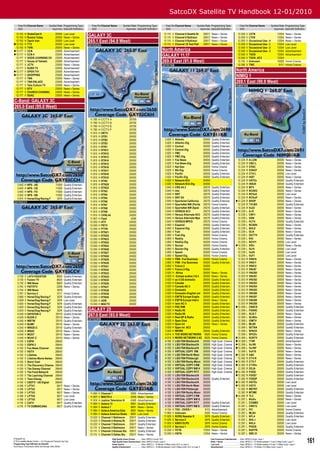 SatcoDX Satellite TV Handbook 12-01/2010
     Freq Pol Channel Name               Symbol Rate Programming Type            Freq Pol Channel Name             Symbol Rate Programming Type                           Freq Pol Channel Name                   Symbol Rate Programming Type                          Freq Pol Channel Name                      Symbol Rate Programming Type
     GHz                                   ksym/sec SatcoDX Deﬁnition            GHz                                 ksym/sec SatcoDX Deﬁnition                           GHz                                       ksym/sec SatcoDX Deﬁnition                          GHz                                          ksym/sec SatcoDX Deﬁnition
  12.153
  12.153
            H
            H
                GlobeCast 9
                Russia Today
                                                20000
                                                20000
                                                          Low Level
                                                          News + Series
                                                                               GALAXY 3C                                                                                12.115
                                                                                                                                                                        12.115
                                                                                                                                                                                  V
                                                                                                                                                                                  V
                                                                                                                                                                                      Channel 6 Seattle St
                                                                                                                                                                                      Channel 8 Baltimor
                                                                                                                                                                                                                         20617
                                                                                                                                                                                                                         20617
                                                                                                                                                                                                                                  News + Series
                                                                                                                                                                                                                                  News + Series
                                                                                                                                                                                                                                                                      12.050
                                                                                                                                                                                                                                                                      12.050
                                                                                                                                                                                                                                                                                 V
                                                                                                                                                                                                                                                                                 V
                                                                                                                                                                                                                                                                                     LETN
                                                                                                                                                                                                                                                                                     LTCN
                                                                                                                                                                                                                                                                                                                            13354
                                                                                                                                                                                                                                                                                                                            13354
                                                                                                                                                                                                                                                                                                                                       News + Series
                                                                                                                                                                                                                                                                                                                                       News + Series
  12.153    H   Tasvir Iran                     20000     Low Level            265.1 East (94.9 West)                                                                   12.115    V   Channel 9 Baltimor                 20617    News + Series                       12.050     V   Occasional Use - 4                     13354      News + Series
 12.153    H   TTV                             20000     Low Level            GXY03CKH                                                                                 12.115    V   Channel 10 Test Patt               20617    News + Series                       12.050     V   Occasional Use - 1                     13354      Low Level
  12.153    H   TVRi                            20000     News + Series                                                                                                                                                                                               12.050     V   Occasional Use - 2                     13354      Low Level
 12.177    V   CCN                             23000     Advertisement                                                                                              North America                                                                                    12.050     V   Occasional Use - 3                     13354      Advertisement
 12.177
  12.177
            V
            V
                CCN 4
                GODS LEARNING CH
                                                23000
                                                23000
                                                          Advertisement
                                                          Advertisement
                                                                                                                                                                     GALAXY 11,17                                                                                     12.050
                                                                                                                                                                                                                                                                      12.050
                                                                                                                                                                                                                                                                                 V
                                                                                                                                                                                                                                                                                 V
                                                                                                                                                                                                                                                                                     TXCN
                                                                                                                                                                                                                                                                                     TXCN_AC3
                                                                                                                                                                                                                                                                                                                            13354
                                                                                                                                                                                                                                                                                                                            13354
                                                                                                                                                                                                                                                                                                                                       Advertisement

  12.177    V   House of Yahweh                 23000     Advertisement                                                                                              269.0 East (91.0 West)                                                                           12.135     V   Unknown                                15000      Home Cinema
  12.177    V   JCTV                            23000     News + Series                                                                                              GXY011KB                                                                                         12.186     V   TWC                                     6111      Home Cinema
  12.177    V   KURD TV                         23000     Advertisement
 12.177    V   OPEN TV1                        23000     Advertisement                                                                                                                                                                                            North America
 12.177
  12.177
            V
            V
                SHOPPING
                TBN
                                                23000
                                                23000
                                                          Advertisement
                                                          News + Series
                                                                                                                                                                                                                                                                   NIMIQ 1
  12.177    V   TBN ENLACE                      23000     Advertisement                                                                                                                                                                                            269.1 East (90.9 West)
  12.177    V   Tele-Culture TV                 23000     News + Series                                                                                                                                                                                            NIM001KB
  12.177    V   BTV                             23000     News + Series
  12.177    V   CHURCH CHANNEL                  23000     News + Series
  12.177    V   SOAC                            23000     News + Series

C-Band: GALAXY 3C
265.0 East (95.0 West)
GXY03CCH


                                                                                11.780   H   CCTV 4                        20759
                                                                                11.780   H   CCTV 9                        20759
                                                                                11.780   H   CCTV E                        20759
                                                                                11.780   H   CCTV F                        20759
                                                                                11.810   H   HRTV                          20000
                                                                                11.810   H   OTB1                          20000
                                                                                11.810   H   OTB2                          20000                                         3.820    V   Atlantic                           30000    Quality Entertain.
                                                                                11.810   H   OTB3                          20000                                         3.820    V   Atlantic-Dig                       30000    Quality Entertain.
                                                                                11.810   H   RTN1                          20000                                         3.820    V   Central                            30000    Quality Entertain.
                                                                                11.810   H   RTN11                         20000                                         3.820    V   Central-Dig                        30000    Quality Entertain.
                                                                                11.810   H   RTN12                         20000                                         3.820    V   FMC                                30000    Quality Entertain.
                                                                                11.810   H   RTN13                         20000                                         3.820    V   FMC-Dig                            30000    Quality Entertain.
                                                                                11.810   H   RTN14                         20000                                         3.820    V   Fox News                           30000    Quality Entertain.                 12.224      R   A-LON                                  20000      News + Series
                                                                                11.810   H   RTN15                         20000                                         3.820    V   Fox News-Dig                       30000    Quality Entertain.                 12.224      R   CBC-L                                  20000      News + Series
                                                                                11.810   H   RTN16                         20000                                         3.820    V   Nat Geo                            30000    Home Cinema                        12.224      R   CPAC                                   20000      News + Series
                                                                                11.810   H   RTN17                         20000                                         3.820    V   NG-Dig                             30000    Home Cinema                        12.224      R   CPACF                                  20000      News + Series
                                                                                11.810   H   RTN18                         20000                                         3.820    V   Paciﬁc                             30000    Quality Entertain.                 12.224      R   CTV-L                                  20000      Low Level
                                                                                11.810   H   RTN19                         20000                                         3.820    V   Paciﬁc-Dig                         30000    Quality Entertain.                 12.224      R   HIST                                   20000      News + Series
                                                                                11.810   H   RTN2                          20000                                         3.820    V   Network B/U                        30000                                       12.224      R   HSTDv                                  20000      Quality Entertain.
  3.842 H NPS - AB                               11000    Quality Entertain.    11.810   H   RTN20                         20000                                         3.820    V   Network B/U-Dig                    30000                                       12.224      R   ISSUE                                  20000      Quality Entertain.
  3.842 H NPS - CB                               11000    Quality Entertain.    11.810   H   RTN22                         20000                                         3.840    H   CRS Alt 2                          29270    Quality Entertain.                 12.224      R   MTV                                    20000      News + Series
  3.842 H NPS - FO                               11000    Quality Entertain.    11.810   H   RTN3                          20000                                         3.840    H   mtn                                29270    Quality Entertain.                 12.224      R   NCAR2                                  20000      News + Series
  3.842 H NPS - NB                               11000    Quality Entertain.    11.810   H   RTN4                          20000                                         3.840    H   SNY                                29270    Quality Entertain.                 12.224      R   RCVu0                                  20000      Low Level
  3.914 H Horse/Dog Racing F                      3074    Quality Entertain.    11.810   H   RTN5                          20000                                         3.840    H   SNY Alt                            29270    Quality Entertain.                 12.224      R   RCVu0*                                 20000      News + Series
GXY03CCV                                                                        11.810   H   RTN6                          20000                                         3.840    H   Sportsnet California               29270    Quality Entertain.                12.224      R   SHOP                                   20000      News + Series
                                                                                11.810   H   RTN7                          20000                                         3.840    H   SportsNet NW (Portla               29270    Home Cinema                        12.224      R   TVLND                                  20000      Quality Entertain.
                                                                                11.810   H   RTN8                          20000                                         3.840    H   SportsNet NW (Spok                 29270    Quality Entertain.                 12.224      R   Vu22                                   20000      News + Series
                                                                                11.810   H   RTN9                          20000                                         3.840    H   VERSUS AC3                         29270    Quality Entertain.                12.239      L   A-VI                                   20000      News + Series
                                                                                11.810   H   CHNL44                        20000                                         3.840    H   Versus Alternate AC3               29270    Quality Entertain.                 12.239      L   CW11                                   20000      News + Series
                                                                                11.907   H   Feed                           4296                                         3.840    H   Versus Alternate Mpe               29270    Quality Entertain.                 12.239      L   GSN                                    20000      News + Series
                                                                                12.050   H   ATV                           20000                                         3.840    H   VERSUS MPEG                        29270    Home Cinema                        12.239      L   HLTH                                   20000      Quality Entertain.
                                                                                12.050   H   PSTV                          20000                                         3.860    V   Espanol                            30000    Quality Entertain.                 12.239      L   NCAR4                                  20000      News + Series
                                                                                12.050   H   PTVN                          20000                                         3.860    V   Espanol-Dig                        30000    Quality Entertain.                 12.239      L   NHL8                                   20000      News + Series
                                                                                12.050   H   RTN21                         20000                                         3.860    V   Fuel                               30000    Quality Entertain.                 12.239      L   OLN                                    20000      News + Series
                                                                                12.050   H   RTN22                         20000                                         3.860    V   Fuel-Dig                           30000    Home Cinema                        12.239      L   OUTTV                                  20000      Quality Entertain.
                                                                                12.050   H   RTN23                         20000                                         3.860    V   Reality                            30000    Home Cinema                        12.239      L   RAI                                    20000      News + Series
                                                                                12.050   H   RTN24                         20000                                         3.860    V   Reality-Dig                        30000    Home Cinema                        12.239      L   RCV11                                  20000      Low Level
                                                                                12.050   H   RTN25                         20000                                         3.860    V   Soccer                             30000    Home Cinema                       12.239      L   VIDv                                   20000      News + Series
                                                                                12.050   H   RTN26                         20000                                         3.860    V   Soccer-Dig                         30000    Quality Entertain.                 12.239      L   Vu15                                   20000      Low Level
                                                                                12.050   H   RTN27                         20000                                         3.860    V   Speed                              30000    Home Cinema                        12.239      L   Vu24                                   20000      Low Level
                                                                                12.050   H   RTN28                         20000                                         3.860    V   Speed-Dig                          30000    Home Cinema                        12.239      L   VuF1                                   20000      Low Level
                                                                                12.050   H   RTN29                         20000                                         3.860    V   FBN - Fox Business                 30000    Home Cinema                        12.253      R   VNS10                                  20000      News + Series
                                                                                12.050   H   RTN30                         20000                                         3.860    V   FNB - Fox Business                 30000    Quality Entertain.                 12.253      R   VNS11                                  20000      News + Series
                                                                                12.050   H   RTN31                         20000                                         3.860    V   Future 2                           30000                                       12.253      R   VNS12                                  20000      News + Series
                                                                                12.050   H   RTN32                         20000                                         3.860    V   Future 2-Dig                       30000                                       12.253      R   VNUS*                                  20000      News + Series
                                                                                12.050   H   RTN33                         20000                                         3.920    H    Africa                            26000    News + Series                      12.253      R   VNUS0                                  20000      News + Series
    3.730   V   LATV HOUSTON                     8825     Quality Entertain.    12.050   H   RTN34                         20000                                         3.920    H    Europe audios 3 & 4               26000    News + Series                      12.253      R   VNUS1                                  20000      News + Series
    3.730   V   Fusion TV                        8825     Quality Entertain.    12.050   H   RTN35                         20000                                         3.920    H   ac-3 US domestic                   26000    Quality Entertain.                 12.253      R   VNUS2                                  20000      News + Series
    3.730   V   INN News                         8825     Quality Entertain.    12.050   H   RTN36                         20000                                         3.920    H   Canada                             26000    Quality Entertain.                 12.253      R   VNUS3                                  20000      News + Series
    3.745   V   FAITHTV                          2206     News + Series         12.050   H   RTN37                         20000                                         3.920    H   Canada AC-3                        26000    Quality Entertain.                 12.253      R   VNUS4                                  20000      News + Series
    3.754   V   INN News                         3978                           12.050   H   RTN38                         20000                                         3.920    H   Domestic                           26000    Quality Entertain.                 12.253      R   VNUS5                                  20000      News + Series
    3.767   V   Service 2                        6111     Home Cinema           12.050   H   RTN39                         20000                                         3.920    H   Domestic-English onl               26000    Quality Entertain.                 12.253      R   VNUS6                                  20000      News + Series
    3.885   V   Horse/Dog Racing F               3074     Quality Entertain.    12.050   H   RTN40                         20000                                         3.920    H   EWTN Europe Englis                 26000    Quality Entertain.                 12.253      R   VNUS7                                  20000      News + Series
    3.908   V   Horse/Dog Racing F               3074     Low Level             12.050   H   AON                           20000                                         3.920    H   EWTN Europe Intern                 26000    News + Series                      12.253      R   VNUS8                                  20000      News + Series
    3.925   V   Horse/Dog Racing F               3074     Quality Entertain.    12.050   H   MACTV                         20000                                         3.920    H   latin AC-3                         26000    Quality Entertain.                 12.253      R   VNUS9                                  20000      News + Series
    3.929   V   Horse/Dog Racing F               3074     Quality Entertain.                                                                                             3.920    H   PAC RIM                            26000    Quality Entertain.                12.268      L   CBSCS                                  20000      Quality Entertain.
    3.934   V   Horse/Dog Racing F               3074     Quality Entertain.   GALAXY 25                                                                                 3.920    H   Radio 95                           26000    Quality Entertain.                 12.268      L   FOXNC                                  20000      Quality Entertain.
    4.040
    4.040
            H
            H
                DAYSTAR-C
                KUOK C
                                                29110
                                                29110
                                                          Quality Entertain.
                                                          News + Series
                                                                               267.0 East (93.0 West)                                                                    3.920
                                                                                                                                                                         3.920
                                                                                                                                                                                  H
                                                                                                                                                                                  H
                                                                                                                                                                                      Radio 96
                                                                                                                                                                                      Real SP & Radio
                                                                                                                                                                                                                         26000
                                                                                                                                                                                                                         26000
                                                                                                                                                                                                                                  Quality Entertain.
                                                                                                                                                                                                                                  Quality Entertain.
                                                                                                                                                                                                                                                                     12.268
                                                                                                                                                                                                                                                                     12.268
                                                                                                                                                                                                                                                                                 L
                                                                                                                                                                                                                                                                                 L
                                                                                                                                                                                                                                                                                     GLB-T
                                                                                                                                                                                                                                                                                     GLBDv
                                                                                                                                                                                                                                                                                                                            20000
                                                                                                                                                                                                                                                                                                                            20000
                                                                                                                                                                                                                                                                                                                                       News + Series
                                                                                                                                                                                                                                                                                                                                       News + Series
                                                                               GXY025KB                                                                                  3.920    H   Span Dom                           26000    Quality Entertain.                 12.268      L   IDMTV                                  20000      News + Series
    4.040   H   WBTW                            29110     Quality Entertain.
    4.040   H   WJMF                            29110     News + Series                                                                                                  3.920    H   Span Int                           26000    News + Series                      12.268      L   MLB9                                   20000      Quality Entertain.
    4.040   H   WNGS-C                          29110     Quality Entertain.                                                                                             3.920    H   Span Int AC3                       26000                                       12.268      L   SETNA                                  20000      Quality Entertain.
    4.040   H   WSAV                            29110     News + Series                                                                                                  3.920    H   WEWN                               26000    Quality Entertain.                 12.268      L   SPACE                                  20000      News + Series
    4.040   H   WUDT                            29110     News + Series                                                                                                  4.014    H   THE WORD NETWORK                    6620    Home Cinema                        12.268      L   SPCDv                                  20000      Quality Entertain.
    4.040   H   WUVF C                          29110     News + Series                                                                                                  4.014    H   WORD NETWORK 2 AC                   6620    Home Cinema                       12.268      L   SUNTV                                  20000      Quality Entertain.
    4.100   V   ESPN                            28640                                                                                                                    4.100    V   LSG FSN Blackout/A                 30000    High Qual. Cinema                 12.268      L   TTRF                                   20000      Advertisement
    4.100   V   ESPN 2                          28640                                                                                                                    4.100    V   LSG FSN Blackout/A                 30000    High Qual. Cinema                 12.268      L   Vu!99                                  20000      News + Series
    4.100   V   Fox News Channel                28640                                                                                                                    4.100    V   LSG FSN Blackout/A                 30000    High Qual. Cinema                 12.268      L   Vu!99*                                 20000      News + Series
    4.100   V   HGTV                            28640                                                                                                                    4.100    V   VIRTUAL COPY RM                    30000    High Qual. Cinema                  12.268      L   VuF18                                  20000      News + Series
    4.100   V   Lifetime                        28640                                                                                                                    4.100    V   LSG FSN North West                 30000    High Qual. Cinema                 12.282      R   A&E                                    20000      News + Series
    4.100   V   Lifetime Movie Netwo            28640                                                                                                                    4.100    V   LSG FSN Pittsburgh                 30000    High Qual. Cinema                  12.282      R   CTV-R                                  20000      News + Series
    4.100   V   Starz! East                     28640                                                                                                                    4.100    V   LSG FSN Rocky Moun                 30000    High Qual. Cinema                 12.282      R   CTV-T                                  20000      Quality Entertain.
    4.100   V   The Discovery Channe            28640                                                                                                                    4.100    V   VIRTUAL COPY 2 RM                  30000    High Qual. Cinema                 12.282      R   CTVDv                                  20000      Quality Entertain.
    4.100   V   The Disney Channel              28640                                                                                                                    4.100    V   VIRTUAL COPY NW H                  30000    High Qual. Cinema                  12.282      R   DEJA                                   20000      Quality Entertain.
    4.100   V   The Food Network                28640                                                                                                                    4.100    V   VIRTUAL COPY PITT                  30000    High Qual. Cinema                 12.282      R   FOOD                                   20000      Quality Entertain.
    4.100   V   The Learning Channel            28640                                                                                                                    4.100    V   LSG FSN Blackout/A                 30000                                      12.282      R   FOOD*                                  20000      Quality Entertain.
    4.100   V   Toon Disney                     28640                                                                                                                    4.100    V   LSG FSN Blackout/A                 30000    Quality Entertain.                 12.282      R   FOXSP                                  20000      Quality Entertain.
    4.100   V   USDTV - US Digital              28640                                                                                                                    4.100    V   LSG FSN Blackout/A                 30000                                      12.282      R   HGTDv                                  20000      Low Level
    4.168   V   LPTV1                            6617     News + Series                                                                                                  4.100    V   LSG FSN North West                 30000                                      12.282      R   HGTV                                   20000      Low Level
    4.168   V   LPTV2                            6617     News + Series                                                                                                  4.100    V   LSG FSN Pittsburgh                 30000                                       12.282      R   MSTRY                                  20000      Quality Entertain.
    4.168   V   LPTV3                            6617     News + Series         11.892   H   Channel 1                       3000     Advertisement                      4.100    V   LSG FSN Rocky Moun                 30000                                       12.282      R   MTIME                                  20000      Quality Entertain.
    4.168   V   LPTV4                            6617     Low Level             11.907   V   MACYS 4                         3548     News + Series                      4.100    V   VIRTUAL COPY 2 RM                  30000                                      12.282      R   TLC                                    20000      News + Series
    4.168   V   LPTV5                            6617     Low Level             11.916   H   Justice Television N            4349     Advertisement                      4.100    V   VIRTUAL COPY NW S                  30000                                       12.297      L   BluVu                                  20000      News + Series
    4.176   V   CATV                             6617     Quality Entertain.    11.984   V   Azteca 13                       8681     Quality Entertain.                 4.100    V   VIRTUAL COPY PITT                  30000    Quality Entertain.                 12.297      L   COSMO                                  20000      Low Level
    4.176   V   TV DOMINICANA                    6617     Quality Entertain.    11.984   V   Azteca 7                        8681     News + Series                      4.100    V   VIRTUAL COPY RM S                  30000    Quality Entertain.                 12.297      L   CRKT2                                  20000      Low Level
                                                                                11.984   V   Azteca America Este             8681     News + Series                      4.134    H   TOC - DVIDS 1                       6112    Advertisement                      12.297      L   IFC                                    20000      Home Cinema
                                                                                11.984   V   Azteca America Oeste            8681     Low Level                         11.865    V   Unknown                             2500    Home Cinema                        12.297      L   MLB4                                   20000      Quality Entertain.
                                                                                12.022   V   Channel 1 Baltimore            20617     Quality Entertain.                11.925    V   KCRG Newstar 9                      3978    Quality Entertain.                 12.297      L   NFL4                                   20000      Quality Entertain.
                                                                                12.022   V   Channel 4 Atlanta St           20617     Quality Entertain.                11.925    V   Service 2                           3978    Quality Entertain.                 12.297      L   NHL-i                                  20000      Low Level
                                                                                12.022   V   Channel 7 Baltimore            20617     Quality Entertain.                11.955    V   KNXV DLPU                           3978    Home Cinema                        12.297      L   NHL4                                   20000      Low Level
                                                                                12.115   V   Channel 2 Baltimore            20617     News + Series                     12.015    V   Service 1                           3978    Home Cinema                        12.297      L   PHDIS                                  20000      Quality Entertain.
                                                                                12.115   V   Channel 3 Kansas Stu           20617     Quality Entertain.                12.050    V   FETN                               13354    News + Series                      12.297      L   RAPTR                                  20000      Home Cinema
                                                                                12.115   V   Channel 5 Dallas Stu           20617     News + Series                     12.050    V   HSTN                               13354    News + Series                      12.297      L   SRC-O                                  20000      News + Series
© SatcoDX Inc
© TELE-satellite Medien GmbH — For Private and Personal Use Only
Programming Type Deﬁnition by SatcoDX
                                                                                                      High Quality Home Cinema ...........Video: MPEG-4 Audio: AC3
                                                                                                      High Quality Home Entertainment Video: MPEG-4 Audio: Layer 2
                                                                                                      Home Cinema ..................................Video: MPEG-2 + TS Bitrate >5 Mbps Audio: AC3, or Layer 2
                                                                                                                                                                                                                                 Cost Conscious Entertainment .....Video: MPEG-4 Audio: Layer 1
                                                                                                                                                                                                                                 News + Series .................................Video: MPEG-2 + TS Bitrate between 1.5 and 3 Mbps Audio: Layer 2
                                                                                                                                                                                                                                 Low Level ........................................Video: MPEG-2 + TS Bitrate between 0.5 and 1.5 Mbps Audio: Layer 2
                                                                                                                                                                                                                                                                                                                                                            161
According to Transmission Mode and Average Video Bitrate                                              Quality Entertainment ....................Video: MPEG-2 + TS Bitrate between 3 and 5 Mbps Audio: AC3, or Layer 2           Advertisement .................................Video: MPEG-2 + TS Bitrate <0.5 Mbps Audio: Layer 2
 