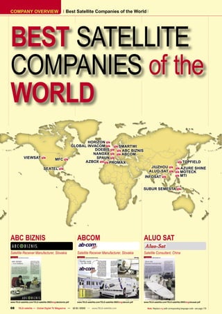 COMPANY OVERVIEW                                        Best Satellite Companies of the World




BEST SATELLITE
COMPANIES of the
WORLD
                                       HORIZON 
                                GLOBAL INVACOM   SMARTWI
                                           DOEBIS   ABC BIZNIS
                                          NANOXX   ABCOM
             VIEWSAT     MFC              SPAUN 
                                      AZBOX   PROMAX                                                                                                         TOPFIELD

                     SEATEL                                                                                                  JIUZHOU   AZURE SHINE
                                                                                                                             ALUO-SAT   MOTECK
                                                                                                                                         MTI
                                                                                                                           INFOSAT 


                                                                                                                          SUBUR SEMESTA 




ABC BIZNIS                                                     ABCOM                                                      ALUO SAT
Satellite Receiver Manufacturer, Slovakia                      Satellite Receiver Manufacturer, Slovakia                  Satellite Consultant, China




www.TELE-satellite.com/TELE-satellite-0903/eng/abcbiznis.pdf   www.TELE-satellite.com/TELE-satellite-0905/eng/abcom.pdf   www.TELE-satellite.com/TELE-satellite-0905/eng/aluosat.pdf

68      TELE-satellite — Global Digital TV Magazine — 12-01/2010 — www.TELE-satellite.com                                    Note: Replace eng with corresponding language code - see page 178
 