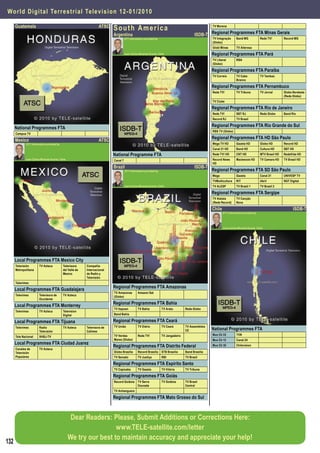 Wor l d D i g i t a l Te r r e strial Television 12-01/ 2010

      Guatemala                                                   ATSC
                                                                          South America                                                           TV Morena

                                                                          Argentina                                                     ISDB-T Regional Programmes FTA Minas Gerais
                                                                                    DTT Information provided by                                   TV Integração      Band MG            Rede TV!        Record MG
                                                                                                                                                  (Globo)
                                                                                                                                                  Globl Minas        TV Alterosa
                                                                                    Juan Carlos Miranda Duarte, Chile                             Regional Programmes FTA Pará
                                                                                                                                                  TV Liberal         RBA
                                                                                                                                                  (Globo)

                                                                                                                                                  Regional Programmes FTA Paraíba
                                                                                                                                                  TV Correio         TV Cabo            TV Tambaú
                                                                                                                                                                     Branco

                                                                                                                                                  Regional Programmes FTA Pernambuco
                                                                                                                                                  Rede TV!           TV Tribuna         TV Jornal       Globo Nordeste
                                                                                                                                                                                                        (Rede Globo)
                                                                                                                                                  TV Clube

                                                                                                                                                  Regional Programmes FTA Rio de Janeiro
                                                                                                                                                  Rede TV!           SBT RJ             Rede Globo      Band Rio
                                                                                                                                                  Record RJ          TV Brasil

      National Programmes FTA                                                                                                                     Regional Programmes FTA Rio Grande do Sul
                                                                                                                                                  RBS TV (Globo)
      Campus TV

      Mexico                                                      ATSC                                                                            Regional Programmes FTA HD São Paulo
             DTT Information provided by                                                                                                          Mega TV HD         Gazeta HD          Globo HD        Record HD
                                                                                                                                                  Canal 21 HD        Band HD            Cultura HD      SBT HD
                                                                          National Programme FTA                                                  Rede TV! HD        CNT HD             MTV Brasil HD   RedeVida HD
             Juan Carlos Miranda Duarte, Chile                            Canal 7                                                                 Record News        Mackenzie HD       TV Camara HD    TV Brasil HD
                                                                                                                                                  HD
                                                                          Brazil                                                        ISDB-T
                                                                                    DTT Information provided by                                   Regional Programmes FTA SD São Paulo
                                                                                                                                                  Mega               Gazeta             Canal 21        UNIVESP TV
                                                                                                                                                  TVMulticultura     RIT                Abril           NGT Digital
                                                                                    Juan Carlos Miranda Duarte, Chile                             TV ALESP           TV Brasil 1        TV Brasil 2

                                                                                                                                                  Regional Programmes FTA Sergipe
                                                                                                                                                  TV Atalaia         TV Canção
                                                                                                                                                  (Rede Record)      Nova

                                                                                                                                                  Chile                                                       ISDB-T
                                                                                                                                                          DTT Information provided by




                                                                                                                                                          Juan Carlos Miranda Duarte, Chile




      Local Programmes FTA Mexico City
      Televisión        TV Azteca          Televisora     Compañia
      Metropolitana                        del Valle de   Internacional
                                           Mexico         de Radio y
                                                          Televisión
      Televimex

      Local Programmes FTA Guadalajara                                    Regional Programmes FTA Amazonas
                                                                          TV Amazonas          Amazon Sat
      Televimex         Televisora de      TV Azteca                      (Globo)
                        Occidente

      Local Programmes FTA Monterrey                                      Regional Programmes FTA Bahia
                                                                          TV Itapoan           TV Bahia           TV Aratu        Rede Globo
      Televimex         TV Azteca          Television
                                           Digital                        Band Bahía

      Local Programmes FTA Tijuana                                        Regional Programmes FTA Ceará
                                                                          TV União             TV Diário          TV Ceará        TV Assembleia
      Televimex         Radio
                        Televisión
                                           TV Azteca      Televisora de
                                                          Calimex                                                                 CE              National Programmes FTA
                                                                          TV Verdes            Rede TV!           TV Jangadeiro                   Mux Ch 33          TVN
      Tele Nacional     XHBJ-TV
                                                                          Mares (Globo)                                                           Mux Ch 13          Canal 24
      Local Programmes FTA Ciudad Juarez
                                                                          Regional Programmes FTA Distrito Federal                                Mux Ch 30          Chilevision
      Canales de        TV Azteca
      Televisión                                                          Globo Brasília       Record Brasília    STB Brasília    Band Brasília
      Populares                                                           TV Senado            TV Justiça         RBI             TV Brasil

                                                                          Regional Programmes FTA Espírito Santo
                                                                          TV Capixaba          TV Gazeta          TV Vitória      TV Tribuna

                                                                          Regional Programmes FTA Goiás
                                                                          Record Goiânia       TV Serra           TV Goiânia      TV Brasil
                                                                                               Dourada                            Central
                                                                          TV Anhanguera

                                                                          Regional Programmes FTA Mato Grosso do Sul



                                                  Dear Readers: Please, Submit Additions or Corrections Here:
                                                                  www.TELE-satellite.com/letter
                                                 We try our best to maintain accuracy and appreciate your help!
132
 