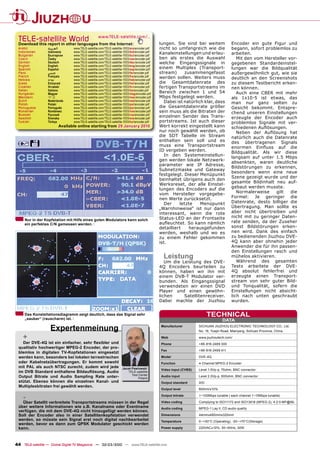 TELE-satellite World                                www.TELE-satellite.com/...
 Download this report in other languages from the Internet:                                     lungen. Sie sind bei weitem                Encoder ein gute Figur und
 Arabic           ‫ﺍﻟﻌﺮﺑﻴﺔ‬          www.TELE-satellite.com/TELE-satellite-1003/ara/encoder.pdf   nicht so umfangreich wie die               begann, sofort problemlos zu
 Indonesian       Indonesia        www.TELE-satellite.com/TELE-satellite-1003/bid/encoder.pdf   Kanaleinstellungen und erlau-
 Bulgarian        Български        www.TELE-satellite.com/TELE-satellite-1003/bul/encoder.pdf
                                                                                                                                           arbeiten.
 Czech            Česky            www.TELE-satellite.com/TELE-satellite-1003/ces/encoder.pdf   ben als erstes die Auswahl                    Mit den vom Hersteller vor-
 German           Deutsch          www.TELE-satellite.com/TELE-satellite-1003/deu/encoder.pdf   welche Eingangssignale in                  gegebenen Standardeinstel-
 English          English          www.TELE-satellite.com/TELE-satellite-1003/eng/encoder.pdf
 Spanish          Español          www.TELE-satellite.com/TELE-satellite-1003/esp/encoder.pdf   einem Multiplex (Transport-                lungen war die Bildqualität
 Farsi            ‫ﻓﺎﺭﺳﻲ‬            www.TELE-satellite.com/TELE-satellite-1003/far/encoder.pdf   stream)      zusammengefasst               außergewöhnlich gut, wie sie
 French           Français         www.TELE-satellite.com/TELE-satellite-1003/fra/encoder.pdf   werden sollen. Weiters muss
 Hebrew           ‫עברית‬            www.TELE-satellite.com/TELE-satellite-1003/heb/encoder.pdf                                              deutlich an den Screenshots
 Greek            Ελληνικά         www.TELE-satellite.com/TELE-satellite-1003/hel/encoder.pdf   die Gesamtdatenrate des                    zu diesem Testbericht erken-
 Croatian         Hrvatski         www.TELE-satellite.com/TELE-satellite-1003/hrv/encoder.pdf   fertigen Transportstreams im               nen können.
 Italian          Italiano         www.TELE-satellite.com/TELE-satellite-1003/ita/encoder.pdf
 Hungarian        Magyar           www.TELE-satellite.com/TELE-satellite-1003/mag/encoder.pdf   Bereich zwischen 1 und 54                     Auch eine CBER mit mehr
 Mandarin         中文               www.TELE-satellite.com/TELE-satellite-1003/man/encoder.pdf   Mbps festgelegt werden.                    als 1x10-5 ist etwas, das
 Dutch            Nederlands       www.TELE-satellite.com/TELE-satellite-1003/ned/encoder.pdf      Dabei ist natürlich klar, dass
 Polish           Polski           www.TELE-satellite.com/TELE-satellite-1003/pol/encoder.pdf                                              man nur ganz selten zu
 Portuguese       Português        www.TELE-satellite.com/TELE-satellite-1003/por/encoder.pdf   die Gesamtdatenrate größer                 Gesicht bekommt. Entspre-
 Romanian         Românesc         www.TELE-satellite.com/TELE-satellite-1003/rom/encoder.pdf   sein muss als die Bitraten der             chend unseren Einstellungen
 Russian          Русский          www.TELE-satellite.com/TELE-satellite-1003/rus/encoder.pdf
 Swedish          Svenska          www.TELE-satellite.com/TELE-satellite-1003/sve/encoder.pdf
                                                                                                einzelnen Sender des Trans-                erzeugte der Encoder auch
 Turkish          Türkçe           www.TELE-satellite.com/TELE-satellite-1003/tur/encoder.pdf   portstreams. Ist auch dieser               problemlos Signale mit ver-
                            Available online starting from 29 January 2010                      Wert korrekt eingestellt kann              schiedenen Auﬂösungen.
                                                                                                nur noch gewählt werden, ob                   Neben der Auﬂösung hat
                                                                                                die SDT Tabelle im Stream                  natürlich auch die Datenrate
                                                                                                enthalten sein soll und es                 des übertragenen Signals
                                                                                                muss eine Transportstream                  enormen Einﬂuss auf die
                                                                                                ID vergeben werden.                        Bildqualität. Als wir diese
                                                                                                   In den Systemeinstellun-
                                                                                                                                           langsam auf unter 1.5 Mbps
                                                                                                gen werden lokale Netzwerk-
                                                                                                                                           absenkten, waren deutliche
                                                                                                parameter wie IP Adresse,
                                                                                                                                           Bildstörungen zu erkennen,
                                                                                                Subnetzmaske und Gateway
                                                                                                                                           besonders wenn eine neue
                                                                                                festgelegt. Dieser Menüpunkt
                                                                                                                                           Szene gezeigt wurde und der
                                                                                                beinhaltet übrigens auch den
                                                                                                                                           gesamte Bildinhalt neu auf-
                                                                                                Werksreset, der alle Einstel-
                                                                                                lungen des Encoders auf die                gebaut werden musste.
                                                                                                vom Hersteller vorgegebe-                     Normalerweise    gilt   die
                                                                                                nen Werte zurücksetzt.                     Formel: Je geringer die
                                                                                                   Der    letzte     Menüpunkt             Datenrate, desto billiger die
                                                                                                „Warnhinweise“ ist nur dann                Übertragung. Man sollte es
                                                                                                interessant, wenn die rote                 aber nicht übertreiben und
                                                                                                Status-LED an der Frontseite               nicht mit zu geringer Daten-
     Nur in der Kopfstation mit Hilfe eines guten Modulators kann solch
                                                                                                auﬂeuchtet. So kann nämlich                rate senden, da der Zuseher
     ein perfektes C/N gemessen werden.
                                                                                                detailliert    herausgefunden              sonst Bildstörungen erken-
                                                                                                werden, weshalb und wo es                  nen wird. Dank des einfach
                                                                                                zu einem Fehler gekommen                   zu bedienenden Jiuzhou DVE-
                                                                                                ist.                                       4Q kann aber ohnehin jeder
                                                                                                                                           Anwender die für ihn passen-
                                                                                                                                           den Einstellungen rasch und
                                                                                                  Leistung                                 mühelos aktivieren.
                                                                                                   Um die Leistung des DVE-                   Während des gesamten
                                                                                                4Q Encoders beurteilen zu                  Tests arbeitete der DVE-
                                                                                                können, haben wir ihn mit                  4Q absolut fehlerfrei und
                                                                                                einem DVB-T Modulator ver-                 erzeugte einen Transport-
                                                                                                bunden. Als Eingangssignal                 stream von sehr guter Bild-
                                                                                                verwendeten wir einen DVD                  und Tonqualität, sofern die
                                                                                                Player und einen gewöhn-                   Einstellungen nicht absicht-
                                                                                                lichen     Satellitenreceiver.             lich nach unten geschraubt
                                                                                                Dabei machte der Jiuzhou                   wurden.


     Das Konstellationsdiagramm zeigt deutlich, dass das Signal sehr
     „sauber“ (rauscharm) ist.
                                                                                                                            TECHNICAL
                                                                                                                                     DATA

                   Expertenmeinung                                                               Manufacturer         SICHUAN JIUZHOU ELECTRONIC TECHNOLOGY CO., Ltd.
                                                                                                                      No. 16, Yuejin Road, Mianyang, Sichuan Province, China

    +                                                                                            Web                  www.jiuzhoutech.com/
   Der DVE-4Q ist ein einfacher, sehr ﬂexibler und                                               Phone                +86-816-2469 300
 qualitativ hochwertiger MPEG-2 Encoder, der pro-
                                                                                                 Fax                  +86-816-2469 411
 blemlos in digitalen TV-Kopfstationen eingesetzt
 werden kann, besonders bei lokalen terrestrischen                                               Model                DVE-4Q
 oder Kabelnetzübertragungen. Er kommt sowohl                                                    Function             4-Channel MPEG-2 Encoder
 mit PAL als auch NTSC zurecht, zudem wird jede                        Jacek Pawlowski           Video input (CVBS)   Level 1.0Vp-p, 75ohm, BNC connector
 im DVB Standard enthaltene Bildauﬂösung, Audio                            TELE-satellite
                                                                             Test Center
 Output Bitrate und Audio Sampling Rate unter-                                    Poland
                                                                                                 Audio input          Level 2.0Vp-p, 600ohm, BNC connector
 stützt. Ebenso können die einzelnen Kanal- und                                                  Output standard      ASI
 Multiplexbitraten frei gewählt werden.
                                                                                                 Output level         800mV±10%

    -                                                                                            Output bitrate       1~100Mbps tunable ( each channel 1~15Mbps tunable)

   Über Satellit verbreitete Transportstreams müssen in der Regel                                Video coding         Complying to ISO11172 and ISO13818 (MPEG-2), 4:2:0 MP@ML
 über weitere Informationen wie z.B. Kanalname oder Eventname                                    Audio coding         MPEG-1 Lay II, CD audio quality
 verfügen, die mit dem DVE-4Q nicht hinzugefügt werden können.
 Soll der Encoder also in einer Satellitenkopfstation verwendet                                  Dimensions           44mmx480mmx320mm
 werden, so müsste sein Signal erst noch digital nachbearbeitet                                  Temperature          0~+50°C (Operating), -20~+70°C(Storage)
 werden, bevor es dann zum QPSK Modulator geschickt werden
 kann.                                                                                           Power supply         220VAC±10%, 50~60Hz, 30W




44 TELE-satellite — Global Digital TV Magazine — 02-03/2010 — www.TELE-satellite.com
 