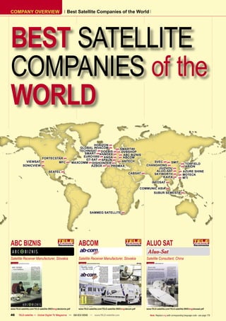 COMPANY OVERVIEW                                        Best Satellite Companies of the World




BEST SATELLITE
COMPANIES of the
WORLD
                                                                          HORIZON 
                                                                   GLOBAL INVACOM   SMARTWI
                                                                  TECHNISAT  DOEBIS   DVBSHOP
                                                                     SMART  NANOXX   ABC BIZNIS
                                                                     EURO1080  ANGA   ABCOM
                      FORTECSTAR                                     GT-SAT  SPAUN  
              VIEWSAT        MFC                             MAXCOMM  DISHOINTER     ANTECH                                     SVEC   SMIT 
                                                                                                                                CHANGHONG          TOPFIELD
            SONICVIEW                                                   AZBOX   PROMAX                                                          ARION
                                                                                                                                      JIUZHOU 
                                      SEATEL                                                                                        ALUO-SAT   AZURE SHINE
                                                                                                                   CABSAT          SKYWORTH   MOTECK
                                                                                                                                         KAIFA   MTI
                                                                                                                                     INFOSAT 

                                                                                                                             COMMUNIC ASIA 
                                                                                                                                   SUBUR SEMESTA                    




                                                                            SAMMEG SATELLITE 




ABC BIZNIS                                                        ABCOM                                                         ALUO SAT
Satellite Receiver Manufacturer, Slovakia                         Satellite Receiver Manufacturer, Slovakia                     Satellite Consultant, China




www.TELE-satellite.com/TELE-satellite-0903/eng/abcbiznis.pdf      www.TELE-satellite.com/TELE-satellite-0905/eng/abcom.pdf      www.TELE-satellite.com/TELE-satellite-0905/eng/aluosat.pdf

46      TELE-satellite — Global Digital TV Magazine — 02-03/2010 — www.TELE-satellite.com                                          Note: Replace eng with corresponding language code - see page 178
 