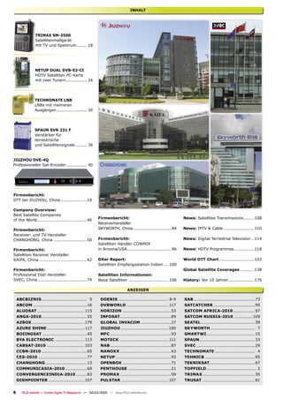 INHALT




               TRIMAX SM-3500
               Satellitenmeßgerät
               mit TV und Spektrum........ 18




               NETUP DUAL DVB-S2-CI
               HDTV Satelliten PC-Karte
               mit zwei Tunern ................ 24




               TECHNOMATE LNB
               LNBs mit mehreren
               Ausgängen ....................... 30




               SPAUN SVN 231 F
               Verstärker für
               terrestrische
               und Satellitensignale ......... 36


JIUZHOU DVE-4Q
Professioneller Sat-Encoder................ 40




Firmenbericht:
DTT bei JIUZHOU, China ...................10

Company Overview:
Best Satellite Companies
                                                        Firmenbericht:                                        News: Satellites Transmissions ....... 108
of the World....................................46
                                                        Receiverhersteller
Firmenbericht:                                          SKYWORTH, China............................84         News: IPTV & Cable ...................... 110
Receiver- und TV-Hersteller
CHANGHONG, China ........................50             Firmenbericht:                                        News: Digital Terrestrial Television .. 114
                                                        Satelliten Händler COWMIX
Firmenbericht:                                          in Arizona/USA ................................96     News: HDTV Programmes .............. 118
Satelliten Receiver Hersteller
KAIFA, China ..................................62       DXer Report:                                          World DTT Chart ......................... 122
                                                        Satelliten Empfangsstation Indien .... 100
Firmenbericht:                                                                                                Global Satellite Coverages .......... 138
Professional Dish Hersteller                            Satelliten Informationen:
SVEC, China ...................................74       Neue Satelliten ............................. 106     History: Vor 10 Jahren .................. 176

                                                                           ANZEIGEN

    ABCBIZNIS ................................. 5        DOEBIS .................................... 8-9      SAB ............................................73
    ABCOM .......................................16      DVBWORLD .............................. 117          SATCATCHER ..............................95
    ALUOSAT .................................. 115       HORIZON ...................................53        SATCOM AFRICA-2010 ................97
    ANGA-2010.................................55         INFOSAT.....................................89       SATCOM RUSSIA-2010 ............. 109
    AZBOX ...................................... 179     GLOBAL INVACOM ......................27              SEATEL .......................................39
    AZURE SHINE ........................... 117          JIUZHOU .................................. 180       SKYWORTH ................................ 7
    BOIINGSAT ................................45         MFC ............................................93   SMARTWI ...................................15
    BYA ELECTRONIC ..................... 113             MOTECK ................................... 111       SPAUN ........................................33
    CABSAT-2010 ........................... 103          NAB ............................................87   SVEC ..........................................29
    CCBN-2010 .................................65        NANOXX .....................................43       TECHNOMATE ............................. 4
    CES-2010 ...................................77       NETUP ........................................93     TEHNICB ....................................95
    CHANGHONG ..............................13           OPENBOX ...................................71        TEKNIKSAT.................................67
    COMMUNICASIA-2010 ................69                 PENTHOUSE ...............................21          TOPFIELD .................................... 2
    CONVERGENCEINDIA-2010 ........83                     PROMAX .....................................59       TRIMAX ......................................35
    DISHPOINTER .......................... 107           PULSTAR .................................. 107       TRUSAT ......................................81


6      TELE-satellite — Global Digital TV Magazine — 02-03/2010 — www.TELE-satellite.com
 