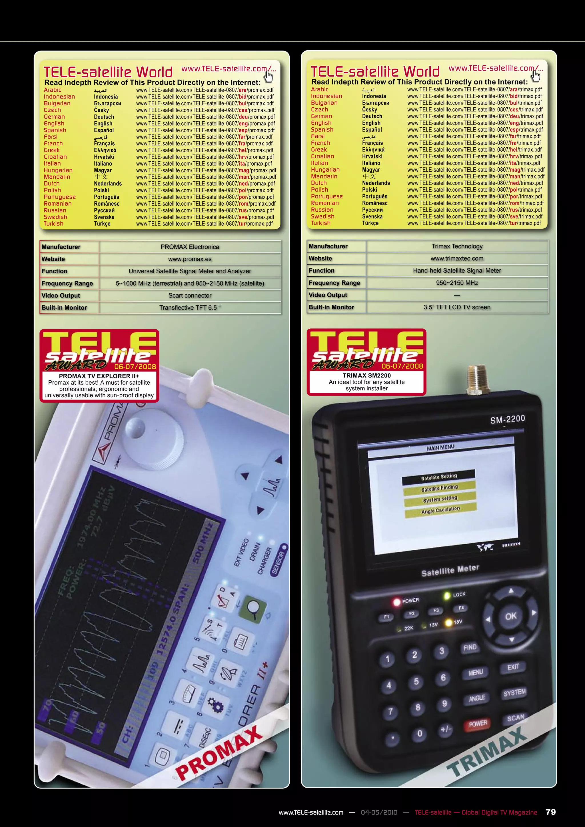 TELE-satellite World                                 www.TELE-satellite.com/...
                                                                                                         TELE-satellite World                                     www.TELE-satellite.com/...
Read Indepth Review of This Product Directly on the Internet:                                            Read Indepth Review of This Product Directly on the Internet:
Arabic             ‫ﺍﻟﻌﺮﺑﻴﺔ‬         www.TELE-satellite.com/TELE-satellite-0807/ara/promax.pdf             Arabic             ‫ﺍﻟﻌﺮﺑﻴﺔ‬              www.TELE-satellite.com/TELE-satellite-0807/ara/trimax.pdf
Indonesian         Indonesia       www.TELE-satellite.com/TELE-satellite-0807/bid/promax.pdf             Indonesian         Indonesia            www.TELE-satellite.com/TELE-satellite-0807/bid/trimax.pdf
Bulgarian          Български       www.TELE-satellite.com/TELE-satellite-0807/bul/promax.pdf             Bulgarian          Български            www.TELE-satellite.com/TELE-satellite-0807/bul/trimax.pdf
Czech              Česky           www.TELE-satellite.com/TELE-satellite-0807/ces/promax.pdf             Czech              Česky                www.TELE-satellite.com/TELE-satellite-0807/ces/trimax.pdf
German             Deutsch         www.TELE-satellite.com/TELE-satellite-0807/deu/promax.pdf             German             Deutsch              www.TELE-satellite.com/TELE-satellite-0807/deu/trimax.pdf
English            English         www.TELE-satellite.com/TELE-satellite-0807/eng/promax.pdf             English            English              www.TELE-satellite.com/TELE-satellite-0807/eng/trimax.pdf
Spanish            Español         www.TELE-satellite.com/TELE-satellite-0807/esp/promax.pdf             Spanish            Español              www.TELE-satellite.com/TELE-satellite-0807/esp/trimax.pdf
Farsi              ‫ﻓﺎﺭﺳﻲ‬           www.TELE-satellite.com/TELE-satellite-0807/far/promax.pdf             Farsi              ‫ﻓﺎﺭﺳﻲ‬                www.TELE-satellite.com/TELE-satellite-0807/far/trimax.pdf
French             Français        www.TELE-satellite.com/TELE-satellite-0807/fra/promax.pdf             French             Français             www.TELE-satellite.com/TELE-satellite-0807/fra/trimax.pdf
Greek              Ελληνικά        www.TELE-satellite.com/TELE-satellite-0807/hel/promax.pdf             Greek              Ελληνικά             www.TELE-satellite.com/TELE-satellite-0807/hel/trimax.pdf
Croatian           Hrvatski        www.TELE-satellite.com/TELE-satellite-0807/hrv/promax.pdf             Croatian           Hrvatski             www.TELE-satellite.com/TELE-satellite-0807/hrv/trimax.pdf
Italian            Italiano        www.TELE-satellite.com/TELE-satellite-0807/ita/promax.pdf             Italian            Italiano             www.TELE-satellite.com/TELE-satellite-0807/ita/trimax.pdf
Hungarian          Magyar          www.TELE-satellite.com/TELE-satellite-0807/mag/promax.pdf             Hungarian          Magyar               www.TELE-satellite.com/TELE-satellite-0807/mag/trimax.pdf
Mandarin           中文              www.TELE-satellite.com/TELE-satellite-0807/man/promax.pdf             Mandarin           中文                   www.TELE-satellite.com/TELE-satellite-0807/man/trimax.pdf
Dutch              Nederlands      www.TELE-satellite.com/TELE-satellite-0807/ned/promax.pdf             Dutch              Nederlands           www.TELE-satellite.com/TELE-satellite-0807/ned/trimax.pdf
Polish             Polski          www.TELE-satellite.com/TELE-satellite-0807/pol/promax.pdf             Polish             Polski               www.TELE-satellite.com/TELE-satellite-0807/pol/trimax.pdf
Portuguese         Português       www.TELE-satellite.com/TELE-satellite-0807/por/promax.pdf             Portuguese         Português            www.TELE-satellite.com/TELE-satellite-0807/por/trimax.pdf
Romanian           Românesc        www.TELE-satellite.com/TELE-satellite-0807/rom/promax.pdf             Romanian           Românesc             www.TELE-satellite.com/TELE-satellite-0807/rom/trimax.pdf
Russian            Русский         www.TELE-satellite.com/TELE-satellite-0807/rus/promax.pdf             Russian            Русский              www.TELE-satellite.com/TELE-satellite-0807/rus/trimax.pdf
Swedish            Svenska         www.TELE-satellite.com/TELE-satellite-0807/sve/promax.pdf             Swedish            Svenska              www.TELE-satellite.com/TELE-satellite-0807/sve/trimax.pdf
Turkish            Türkçe          www.TELE-satellite.com/TELE-satellite-0807/tur/promax.pdf             Turkish            Türkçe               www.TELE-satellite.com/TELE-satellite-0807/tur/trimax.pdf



Manufacturer                                 PROMAX Electronica                                         Manufacturer                                       Trimax Technology

Website                                         www.promax.es                                           Website                                           www.trimaxtec.com

Function                        Universal Satellite Signal Meter and Analyzer                           Function                                   Hand-held Satellite Signal Meter

Frequency Range            5~1000 MHz (terrestrial) and 950~2150 MHz (satellite)                        Frequency Range                                     950~2150 MHz

Video Output                                    Scart connector                                         Video Output                                                —

Built-in Monitor                             Transﬂective TFT 6.5 “                                     Built-in Monitor                               3.5” TFT LCD TV screen




                           06-07/2008                                                                                               06-07/2008
      PROMAX TV EXPLORER II+                                                                                        TRIMAX SM2200
  Promax at its best! A must for satellite                                                                     An ideal tool for any satellite
      professionals; ergonomic and                                                                                   system installer
 universally usable with sun-proof display




                                                                                               www.TELE-satellite.com — 04-05/2010 — TELE-satellite — Global Digital TV Magazine                             79
 