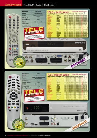 AWARD WINNING                        Satellite Products of 21st Century


                                Manufacturer                    ABC BIZNIS
                                Website                      www.opensat.info
                                                                                        TELE-satellite World                          www.TELE-satellite.com/...
                                                                                        Read Indepth Review of This Product Directly on the Internet:
                                Function
                                                           Digital DVB-S CI-PVR         Arabic         ‫ﺍﻟﻌﺮﺑﻴﺔ‬      www.TELE-satellite.com/TELE-satellite-0905/ara/opensat.pdf
                                                                  Receiver              Indonesian     Indonesia    www.TELE-satellite.com/TELE-satellite-0905/bid/opensat.pdf
                                                                                        Bulgarian      Български    www.TELE-satellite.com/TELE-satellite-0905/bul/opensat.pdf
                                DVB-S2/LAN                         —/—                  Czech          Česky        www.TELE-satellite.com/TELE-satellite-0905/ces/opensat.pdf
                                Channel Memory                      4000                German         Deutsch      www.TELE-satellite.com/TELE-satellite-0905/deu/opensat.pdf
                                                                                        English        English      www.TELE-satellite.com/TELE-satellite-0905/eng/opensat.pdf
                                DiSEqC                       1.0 / 1.1 / 1.2 / 1.3      Spanish        Español      www.TELE-satellite.com/TELE-satellite-0905/esp/opensat.pdf
                                                                                        Farsi          ‫ﻓﺎﺭﺳﻲ‬        www.TELE-satellite.com/TELE-satellite-0905/far/opensat.pdf
                                S-Video/HDMI                       —/—                  French         Français     www.TELE-satellite.com/TELE-satellite-0905/fra/opensat.pdf
                                                                                        Greek          Ελληνικά     www.TELE-satellite.com/TELE-satellite-0905/hel/opensat.pdf
                                Scart/Digital Audio                 ●/●                 Croatian       Hrvatski     www.TELE-satellite.com/TELE-satellite-0905/hrv/opensat.pdf
                                                                                        Italian        Italiano     www.TELE-satellite.com/TELE-satellite-0905/ita/opensat.pdf
                                                                                        Hungarian      Magyar       www.TELE-satellite.com/TELE-satellite-0905/mag/opensat.pdf
                                                                                        Mandarin       中文           www.TELE-satellite.com/TELE-satellite-0905/man/opensat.pdf
                                                                                        Dutch          Nederlands   www.TELE-satellite.com/TELE-satellite-0905/ned/opensat.pdf
                                                                                        Polish         Polski       www.TELE-satellite.com/TELE-satellite-0905/pol/opensat.pdf
                                                                                        Portuguese     Português    www.TELE-satellite.com/TELE-satellite-0905/por/opensat.pdf
                                                                  04-05/2009            Romanian       Românesc     www.TELE-satellite.com/TELE-satellite-0905/rom/opensat.pdf
                                                                                        Russian        Русский      www.TELE-satellite.com/TELE-satellite-0905/rus/opensat.pdf
                                                               00CRCI PVR               Swedish        Svenska      www.TELE-satellite.com/TELE-satellite-0905/sve/opensat.pdf
                                               OPENSAT 30 eiver with excel-             Turkish        Türkçe       www.TELE-satellite.com/TELE-satellite-0905/tur/opensat.pdf
                                                       PV R rec
                                         Fully-ﬂedged      ty that is easy
                                                                           to use
                                          lent build quali




                         0.53



                                 Manufacturer                      Jiuzhou
                                 Website                    www.jiuzhou.com.cn          TELE-satelliteThis Product Directly on the Internet:
                                                                                        Read Indepth Review of
                                                                                                               World www.TELE-satellite.com/...
                                                       Digital PVR Satellite Receiver   Arabic         ‫ﺍﻟﻌﺮﺑﻴﺔ‬      www.TELE-satellite.com/TELE-satellite-0901/ara/jiuzhou.pdf
                                 Function
                                                               for SDTV/HDTV            Indonesian     Indonesia    www.TELE-satellite.com/TELE-satellite-0901/bid/jiuzhou.pdf
                                 DVB-S2/LAN                         ●/—                 Bulgarian      Български    www.TELE-satellite.com/TELE-satellite-0901/bul/jiuzhou.pdf
                                                                                        Czech          Česky        www.TELE-satellite.com/TELE-satellite-0901/ces/jiuzhou.pdf
                                 Channel Memory                      5000               German         Deutsch      www.TELE-satellite.com/TELE-satellite-0901/deu/jiuzhou.pdf
                                                                                        English        English      www.TELE-satellite.com/TELE-satellite-0901/eng/jiuzhou.pdf
                                 DiSEqC                      1.0 / 1.1 / 1.2 / 1.3      Spanish        Español      www.TELE-satellite.com/TELE-satellite-0901/esp/jiuzhou.pdf
                                                                                        Farsi          ‫ﻓﺎﺭﺳﻲ‬        www.TELE-satellite.com/TELE-satellite-0901/far/jiuzhou.pdf
                                 S-Video/HDMI                       —/●                 French         Français     www.TELE-satellite.com/TELE-satellite-0901/fra/jiuzhou.pdf
                                                                                        Greek          Ελληνικά     www.TELE-satellite.com/TELE-satellite-0901/hel/jiuzhou.pdf
                                 Scart/Digital Audio                 ●/●                Croatian       Hrvatski     www.TELE-satellite.com/TELE-satellite-0901/hrv/jiuzhou.pdf
                                                                                        Italian        Italiano     www.TELE-satellite.com/TELE-satellite-0901/ita/jiuzhou.pdf
                                                                                        Hungarian      Magyar       www.TELE-satellite.com/TELE-satellite-0901/mag/jiuzhou.pdf
                                                                                        Mandarin       中文           www.TELE-satellite.com/TELE-satellite-0901/man/jiuzhou.pdf
                                                                                        Dutch          Nederlands   www.TELE-satellite.com/TELE-satellite-0901/ned/jiuzhou.pdf
                                                                                        Polish         Polski       www.TELE-satellite.com/TELE-satellite-0901/pol/jiuzhou.pdf
                                                                                        Portuguese     Português    www.TELE-satellite.com/TELE-satellite-0901/por/jiuzhou.pdf
                                                                    12-01/2009          Romanian       Românesc     www.TELE-satellite.com/TELE-satellite-0901/rom/jiuzhou.pdf
                                                                                        Russian        Русский      www.TELE-satellite.com/TELE-satellite-0901/rus/jiuzhou.pdf
                                                                   S6 60 0
                                                   JIUZHOU DT                           Swedish        Svenska      www.TELE-satellite.com/TELE-satellite-0901/sve/jiuzhou.pdf
                                                                   ease of use
                                             A bri lliant blend of                      Turkish        Türkçe       www.TELE-satellite.com/TELE-satellite-0901/tur/jiuzhou.pdf
                                                                   ctions
                                                     and great fun




                       0.55



74 TELE-satellite — Global Digital TV Magazine — 04-05/2010 — www.TELE-satellite.com
 