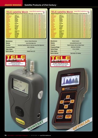AWARD WINNING                             Satellite Products of 21st Century


   TELE-satellite World                               www.TELE-satellite.com/...
                                                                                                 TELE-satellite World                                  www.TELE-satellite.com/...
   Read Indepth Review of This Product Directly on the Internet:                                 Read Indepth Review of This Product Directly on the Internet:
   Arabic            ‫ﺍﻟﻌﺮﺑﻴﺔ‬        www.TELE-satellite.com/TELE-satellite-1001/ara/nanosat.pdf   Arabic             ‫ﺍﻟﻌﺮﺑﻴﺔ‬          www.TELE-satellite.com/TELE-satellite-1001/ara/optiscan.pdf
   Indonesian        Indonesia      www.TELE-satellite.com/TELE-satellite-1001/bid/nanosat.pdf   Indonesian         Indonesia        www.TELE-satellite.com/TELE-satellite-1001/bid/optiscan.pdf
   Bulgarian         Български      www.TELE-satellite.com/TELE-satellite-1001/bul/nanosat.pdf   Bulgarian          Български        www.TELE-satellite.com/TELE-satellite-1001/bul/optiscan.pdf
   Czech             Česky          www.TELE-satellite.com/TELE-satellite-1001/ces/nanosat.pdf   Czech              Česky            www.TELE-satellite.com/TELE-satellite-1001/ces/optiscan.pdf
   German            Deutsch        www.TELE-satellite.com/TELE-satellite-1001/deu/nanosat.pdf   German             Deutsch          www.TELE-satellite.com/TELE-satellite-1001/deu/optiscan.pdf
   English           English        www.TELE-satellite.com/TELE-satellite-1001/eng/nanosat.pdf   English            English          www.TELE-satellite.com/TELE-satellite-1001/eng/optiscan.pdf
   Spanish           Español        www.TELE-satellite.com/TELE-satellite-1001/esp/nanosat.pdf   Spanish            Español          www.TELE-satellite.com/TELE-satellite-1001/esp/optiscan.pdf
   Farsi             ‫ﻓﺎﺭﺳﻲ‬          www.TELE-satellite.com/TELE-satellite-1001/far/nanosat.pdf   Farsi              ‫ﻓﺎﺭﺳﻲ‬            www.TELE-satellite.com/TELE-satellite-1001/far/optiscan.pdf
   French            Français       www.TELE-satellite.com/TELE-satellite-1001/fra/nanosat.pdf   French             Français         www.TELE-satellite.com/TELE-satellite-1001/fra/optiscan.pdf
   Hebrew            ‫עברית‬          www.TELE-satellite.com/TELE-satellite-1001/heb/nanosat.pdf   Hebrew             ‫עברית‬            www.TELE-satellite.com/TELE-satellite-1001/heb/optiscan.pdf
   Greek             Ελληνικά       www.TELE-satellite.com/TELE-satellite-1001/hel/nanosat.pdf   Greek              Ελληνικά         www.TELE-satellite.com/TELE-satellite-1001/hel/optiscan.pdf
   Croatian          Hrvatski       www.TELE-satellite.com/TELE-satellite-1001/hrv/nanosat.pdf   Croatian           Hrvatski         www.TELE-satellite.com/TELE-satellite-1001/hrv/optiscan.pdf
   Italian           Italiano       www.TELE-satellite.com/TELE-satellite-1001/ita/nanosat.pdf   Italian            Italiano         www.TELE-satellite.com/TELE-satellite-1001/ita/optiscan.pdf
   Hungarian         Magyar         www.TELE-satellite.com/TELE-satellite-1001/mag/nanosat.pdf   Hungarian          Magyar           www.TELE-satellite.com/TELE-satellite-1001/mag/optiscan.pdf
   Mandarin          中文             www.TELE-satellite.com/TELE-satellite-1001/man/nanosat.pdf   Mandarin           中文               www.TELE-satellite.com/TELE-satellite-1001/man/optiscan.pdf
   Dutch             Nederlands     www.TELE-satellite.com/TELE-satellite-1001/ned/nanosat.pdf   Dutch              Nederlands       www.TELE-satellite.com/TELE-satellite-1001/ned/optiscan.pdf
   Polish            Polski         www.TELE-satellite.com/TELE-satellite-1001/pol/nanosat.pdf   Polish             Polski           www.TELE-satellite.com/TELE-satellite-1001/pol/optiscan.pdf
   Portuguese        Português      www.TELE-satellite.com/TELE-satellite-1001/por/nanosat.pdf   Portuguese         Português        www.TELE-satellite.com/TELE-satellite-1001/por/optiscan.pdf
   Romanian          Românesc       www.TELE-satellite.com/TELE-satellite-1001/rom/nanosat.pdf   Romanian           Românesc         www.TELE-satellite.com/TELE-satellite-1001/rom/optiscan.pdf
   Russian           Русский        www.TELE-satellite.com/TELE-satellite-1001/rus/nanosat.pdf   Russian            Русский          www.TELE-satellite.com/TELE-satellite-1001/rus/optiscan.pdf
   Swedish           Svenska        www.TELE-satellite.com/TELE-satellite-1001/sve/nanosat.pdf   Swedish            Svenska          www.TELE-satellite.com/TELE-satellite-1001/sve/optiscan.pdf
   Turkish           Türkçe         www.TELE-satellite.com/TELE-satellite-1001/tur/nanosat.pdf   Turkish            Türkçe           www.TELE-satellite.com/TELE-satellite-1001/tur/optiscan.pdf


  Manufacturer                             Horizon Global Electronics                            Manufacturer                                     Global Invacom

  Website                                     www.horizonhge.com                                 Website                                     www.globalinvacom.com

  Function                 Handheld Satellite Meter for fast and easy Dish Alignment             Function                             Signal Analyzer with an Optical Input

  Frequency Range                                950~2150 MHz                                    Frequency Range                               950(160)~2150 MHz

  Video Output                                          —                                        Optical Range                                    +10 to -25 dBm

  Built-in Monitor                              128x64 Pixel LCD                                 Video Output                                             —
                                                                                                 Built-in Monitor                             Eight-digit LCD display




                              12-01/2010
                                                                                                                              12-01/2010
            HORIZON NANOSAT
      Ideal for the speedy alignment of                                                              GLOBAL INVACOM OPTISCAN
              satellite antennas                                                                    Future-proof satellite signal analyzer
                                                                                                        for optical and coaxial LNBs




76 TELE-satellite — Global Digital TV Magazine — 04-05/2010 — www.TELE-satellite.com
 