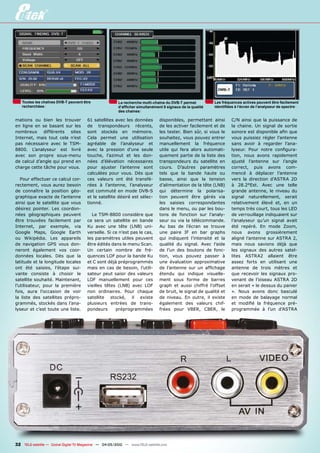 ��������������������������������������                La recherche multi-chaine du DVB-T permet          �����������������������������������������������
   ������������                                          ������������������������������������������������   �����������������������������������������������
                                                         ������������

mations ou bien les trouver            61 satellites avec les données          disponibles, permettant ainsi         C/N ainsi que la puissance de
en ligne en se basant sur les          de transpondeurs récents,               de les activer facilement et de       la chaine. Un signal de sortie
nombreux différents sites              sont stockés en mémoire.                les tester. Bien sûr, si vous le      ������������������������������
Internet, mais tout cela n’est         Cela permet une utilisation             souhaitez, vous pouvez entrer         vous puissiez régler l’antenne
pas nécessaire avec le TSM-            agréable de l’analyseur et              manuellement la fréquence             sans avoir à regarder l’ana-
8800. L’analyseur est livré            avec la pression d’une seule            utile qui fera alors automati-        �������� ����� ������ ���������
avec son propre sous-menu              touche, l’azimut et les don-            quement partie de la liste des        tion, nous avons rapidement
de calcul d’angle qui prend en         nées d’élévation nécessaires            transpondeurs du satellite en         ajusté l’antenne sur l’angle
charge cette tâche pour vous.          pour ajuster l’antenne sont             cours. D’autres paramètres            correct, puis avons com-
                                       calculées pour vous. Dès que            tels que la bande haute ou            mencé à déplacer l’antenne
   Pour effectuer ce calcul cor-       ces valeurs ont été transfé-            basse, ainsi que la tension           vers la direction d’ASTRA 2D
rectement, vous aurez besoin           rées à l’antenne, l’analyseur           d’alimentation de la tête (LNB)       à 28.2°Est. Avec une telle
de connaître la position géo-          est commuté en mode DVB-S               qui détermine la polarisa-            grande antenne, le niveau du
graphique exacte de l’antenne          et le satellite désiré est sélec-       tion peuvent être gérés via           signal naturellement, serait
ainsi que le satellite que vous        tionné.                                 les saisies correspondantes           relativement élevé et, en un
désirez pointer. Les coordon-                                                  dans le menu, ou par les bou-         temps très court, tous les LED
nées géographiques peuvent               Le TSM-8800 considère que             tons de fonction sur l’analy-         de verrouillage indiquaient sur
être trouvées facilement par           ce sera un satellite en bande           seur ou via la télécommande.          l’analyseur qu’un signal avait
Internet, par exemple, via             Ku avec une tête (LNB) uni-             Au bas de l’écran se trouve           été repéré. En mode Zoom,
Google Maps, Google Earth              verselle. Si ce n’est pas le cas,       une paire IF en bar graphs            nous avons grossièrement
ou Wikipédia. Les appareils            les paramètres utiles peuvent           qui indiquent l’intensité et la       aligné l’antenne sur ASTRA 2,
de navigation GPS vous don-            être édités dans le menu Scan.          qualité du signal. Avec l’aide        mais nous savions déjà que
neront également vos coor-             Un certain nombre de fré-               de l’un des boutons de fonc-          les signaux des autres satel-
données locales. Dès que la            quences LOF pour la bande Ku            tion, vous pouvez passer à            lites ASTRA2 allaient être
latitude et la longitude locales       et C sont déjà préprogrammés            une évaluation approximative          assez forts en utilisant une
ont été saisies, l’étape sui-          mais en cas de besoin, l’utili-         ��� ���������� ���� ��� ���������     antenne de trois mètres et
vante consiste à choisir le            sateur peut saisir des valeurs          étendu qui indique visuelle-          que recevoir les signaux pro-
satellite souhaité. Maintenant,        LOF manuellement pour ces               ment sous forme de barres             venant de l’oiseau ASTRA 2D
l’utilisateur, pour la première        vieilles têtes (LNB) avec LOF           graph et aussi chiffré l’offset       en serait « le dessus du panier
fois, aura l’occasion de voir          non ordinaires. Pour chaque             de bruit, le signal de qualité et     ». Nous avons donc basculé
la liste des satellites prépro-        satellite stocké, il existe             de niveau. En outre, il existe        en mode de balayage normal
grammés, stockés dans l’ana-           plusieurs entrées de trans-             également des valeurs chif-           ��� ������� ��� ���������� ����
lyseur et c’est toute une liste.       pondeurs      préprogrammées            frées pour VBER, CBER, le             programmée à l’un d’ASTRA




32 TELE-satellite — Global Digital TV Magazine — 04-05/2010 — www.TELE-satellite.com
 