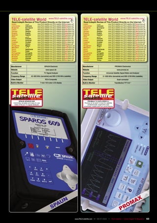 TELE-satellite World                                 www.TELE-satellite.com/...
                                                                                                         TELE-satellite World                                www.TELE-satellite.com/...
Read Indepth Review of This Product Directly on the Internet:                                            Read Indepth Review of This Product Directly on the Internet:
Arabic             ‫ﺍﻟﻌﺮﺑﻴﺔ‬          www.TELE-satellite.com/TELE-satellite-0909/ara/spaun.pdf             Arabic            ‫ﺍﻟﻌﺮﺑﻴﺔ‬         www.TELE-satellite.com/TELE-satellite-0807/ara/promax.pdf
Indonesian         Indonesia        www.TELE-satellite.com/TELE-satellite-0909/bid/spaun.pdf             Indonesian        Indonesia       www.TELE-satellite.com/TELE-satellite-0807/bid/promax.pdf
Bulgarian          Български        www.TELE-satellite.com/TELE-satellite-0909/bul/spaun.pdf             Bulgarian         Български       www.TELE-satellite.com/TELE-satellite-0807/bul/promax.pdf
Czech              Česky            www.TELE-satellite.com/TELE-satellite-0909/ces/spaun.pdf             Czech             Česky           www.TELE-satellite.com/TELE-satellite-0807/ces/promax.pdf
German             Deutsch          www.TELE-satellite.com/TELE-satellite-0909/deu/spaun.pdf             German            Deutsch         www.TELE-satellite.com/TELE-satellite-0807/deu/promax.pdf
English            English          www.TELE-satellite.com/TELE-satellite-0909/eng/spaun.pdf             English           English         www.TELE-satellite.com/TELE-satellite-0807/eng/promax.pdf
Spanish            Español          www.TELE-satellite.com/TELE-satellite-0909/esp/spaun.pdf             Spanish           Español         www.TELE-satellite.com/TELE-satellite-0807/esp/promax.pdf
Farsi              ‫ﻓﺎﺭﺳﻲ‬            www.TELE-satellite.com/TELE-satellite-0909/far/spaun.pdf             Farsi             ‫ﻓﺎﺭﺳﻲ‬           www.TELE-satellite.com/TELE-satellite-0807/far/promax.pdf
French             Français         www.TELE-satellite.com/TELE-satellite-0909/fra/spaun.pdf             French            Français        www.TELE-satellite.com/TELE-satellite-0807/fra/promax.pdf
Greek              Ελληνικά         www.TELE-satellite.com/TELE-satellite-0909/hel/spaun.pdf             Greek             Ελληνικά        www.TELE-satellite.com/TELE-satellite-0807/hel/promax.pdf
Croatian           Hrvatski         www.TELE-satellite.com/TELE-satellite-0909/hrv/spaun.pdf             Croatian          Hrvatski        www.TELE-satellite.com/TELE-satellite-0807/hrv/promax.pdf
Italian            Italiano         www.TELE-satellite.com/TELE-satellite-0909/ita/spaun.pdf             Italian           Italiano        www.TELE-satellite.com/TELE-satellite-0807/ita/promax.pdf
Hungarian          Magyar           www.TELE-satellite.com/TELE-satellite-0909/mag/spaun.pdf             Hungarian         Magyar          www.TELE-satellite.com/TELE-satellite-0807/mag/promax.pdf
Mandarin           中文               www.TELE-satellite.com/TELE-satellite-0909/man/spaun.pdf             Mandarin          中文              www.TELE-satellite.com/TELE-satellite-0807/man/promax.pdf
Dutch              Nederlands       www.TELE-satellite.com/TELE-satellite-0909/ned/spaun.pdf             Dutch             Nederlands      www.TELE-satellite.com/TELE-satellite-0807/ned/promax.pdf
Polish             Polski           www.TELE-satellite.com/TELE-satellite-0909/pol/spaun.pdf             Polish            Polski          www.TELE-satellite.com/TELE-satellite-0807/pol/promax.pdf
Portuguese         Português        www.TELE-satellite.com/TELE-satellite-0909/por/spaun.pdf             Portuguese        Português       www.TELE-satellite.com/TELE-satellite-0807/por/promax.pdf
Romanian           Românesc         www.TELE-satellite.com/TELE-satellite-0909/rom/spaun.pdf             Romanian          Românesc        www.TELE-satellite.com/TELE-satellite-0807/rom/promax.pdf
Russian            Русский          www.TELE-satellite.com/TELE-satellite-0909/rus/spaun.pdf             Russian           Русский         www.TELE-satellite.com/TELE-satellite-0807/rus/promax.pdf
Swedish            Svenska          www.TELE-satellite.com/TELE-satellite-0909/sve/spaun.pdf             Swedish           Svenska         www.TELE-satellite.com/TELE-satellite-0807/sve/promax.pdf
Turkish            Türkçe           www.TELE-satellite.com/TELE-satellite-0909/tur/spaun.pdf             Turkish           Türkçe          www.TELE-satellite.com/TELE-satellite-0807/tur/promax.pdf


Manufacturer                                   SPAUN Electronic                                         Manufacturer                                 PROMAX Electronica
Website                                          www.spaun.de                                           Website                                         www.promax.es
Function                                       TV Signal Analyzer                                       Function                        Universal Satellite Signal Meter and Analyzer
Frequency Range           45~865 MHz (terrestrial) and 950~2150 MHz (satellite)                         Frequency Range            5~1000 MHz (terrestrial) and 950~2150 MHz (satellite)
Video Output                                    RCA Composite                                           Video Output                                    Scart connector
Built-in Monitor                          7 inch 16:9 color LCD display                                 Built-in Monitor                             Transﬂective TFT 6.5 “




                          08-09/2009                                                                                               06-07/2008
          SPAUN SPAROS 609                                                                                    PROMAX TV EXPLORER II+
   Extremely versatile and easy-to-use                                                                    Promax at its best! A must for satellite
    state of the art TV signal analyzer                                                                       professionals; ergonomic and
                                                                                                         universally usable with sun-proof display




                                                                                               www.TELE-satellite.com — 06-07/2010 — TELE-satellite — Global Digital TV Magazine                       63
 