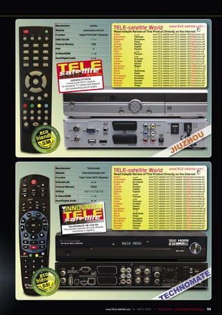 Manufacturer                         Jiuzhou

       Website                       www.jiuzhou.com.cn
                                                                   TELE-satellite World                               www.TELE-satellite.com/...
                                                                   Read Indepth Review of This Product Directly on the Internet:
       Function                 Digital PVR DVB-T Receiver         Arabic           ‫ﺍﻟﻌﺮﺑﻴﺔ‬          www.TELE-satellite.com/TELE-satellite-1007/ara/jiuzhou.pdf
                                                                   Indonesian       Indonesia        www.TELE-satellite.com/TELE-satellite-1007/bid/jiuzhou.pdf
       DVB-T2/LAN                           —/—                    Bulgarian        Български        www.TELE-satellite.com/TELE-satellite-1007/bul/jiuzhou.pdf
                                                                   Czech            Česky            www.TELE-satellite.com/TELE-satellite-1007/ces/jiuzhou.pdf
       Channel Memory                        1000                  German           Deutsch          www.TELE-satellite.com/TELE-satellite-1007/deu/jiuzhou.pdf
                                                                   English          English          www.TELE-satellite.com/TELE-satellite-1007/eng/jiuzhou.pdf
       PVR                                     ●                   Spanish          Español          www.TELE-satellite.com/TELE-satellite-1007/esp/jiuzhou.pdf
                                                                   Farsi            ‫ﻓﺎﺭﺳﻲ‬            www.TELE-satellite.com/TELE-satellite-1007/far/jiuzhou.pdf
       S-Video/HDMI                          —/●                   French           Français         www.TELE-satellite.com/TELE-satellite-1007/fra/jiuzhou.pdf
                                                                   Hebrew           ‫עברית‬            www.TELE-satellite.com/TELE-satellite-1007/heb/jiuzhou.pdf
       Scart/Digital Audio                   ●/●                   Greek            Ελληνικά         www.TELE-satellite.com/TELE-satellite-1007/hel/jiuzhou.pdf
                                                                   Croatian         Hrvatski         www.TELE-satellite.com/TELE-satellite-1007/hrv/jiuzhou.pdf
                                                                   Italian          Italiano         www.TELE-satellite.com/TELE-satellite-1007/ita/jiuzhou.pdf
                                                                   Hungarian        Magyar           www.TELE-satellite.com/TELE-satellite-1007/mag/jiuzhou.pdf
                                                                   Mandarin         中文               www.TELE-satellite.com/TELE-satellite-1007/man/jiuzhou.pdf
                                                                   Dutch            Nederlands       www.TELE-satellite.com/TELE-satellite-1007/ned/jiuzhou.pdf
                                                                   Polish           Polski           www.TELE-satellite.com/TELE-satellite-1007/pol/jiuzhou.pdf
                                        06-07/2010                 Portuguese       Português        www.TELE-satellite.com/TELE-satellite-1007/por/jiuzhou.pdf
                                                                   Romanian         Românesc         www.TELE-satellite.com/TELE-satellite-1007/rom/jiuzhou.pdf
                                        T6720
                       JIUZHOU DT                 er               Russian          Русский          www.TELE-satellite.com/TELE-satellite-1007/rus/jiuzhou.pdf
                                   HDTV rec eiv
                  Future- proof          d with features
                                                                   Swedish          Svenska          www.TELE-satellite.com/TELE-satellite-1007/sve/jiuzhou.pdf
             for ter res trial TV loade              ty            Turkish          Türkçe           www.TELE-satellite.com/TELE-satellite-1007/tur/jiuzhou.pdf
                                    g picture quali
                 and outstandin




0.58




       Manufacturer                      Technomate
       Website                     www.technomate.com
                                                                   TELE-satellite World                               www.TELE-satellite.com/...
                                                                   Read Indepth Review of This Product Directly on the Internet:
       Function                Triple Tuner HDTV Receiver          Arabic          ‫ﺍﻟﻌﺮﺑﻴﺔ‬       www.TELE-satellite.com/TELE-satellite-1005/ara/technomate.pdf
                                                                   Indonesian      Indonesia     www.TELE-satellite.com/TELE-satellite-1005/bid/technomate.pdf
       DVB-S2/LAN                            ●/●                   Bulgarian       Български     www.TELE-satellite.com/TELE-satellite-1005/bul/technomate.pdf
                                                                   Czech           Česky         www.TELE-satellite.com/TELE-satellite-1005/ces/technomate.pdf
       Channel Memory                       10000                  German          Deutsch       www.TELE-satellite.com/TELE-satellite-1005/deu/technomate.pdf
                                                                   English         English       www.TELE-satellite.com/TELE-satellite-1005/eng/technomate.pdf
       DiSEqC                        1.0 / 1.1 / 1.2 / 1.3         Spanish         Español       www.TELE-satellite.com/TELE-satellite-1005/esp/technomate.pdf
                                                                   Farsi           ‫ﻓﺎﺭﺳﻲ‬         www.TELE-satellite.com/TELE-satellite-1005/far/technomate.pdf
       S-Video/HDMI                          —/●                   French          Français      www.TELE-satellite.com/TELE-satellite-1005/fra/technomate.pdf
                                                                   Hebrew          ‫עברית‬         www.TELE-satellite.com/TELE-satellite-1005/heb/technomate.pdf
       Scart/Digital Audio                   ●/●                   Greek           Ελληνικά      www.TELE-satellite.com/TELE-satellite-1005/hel/technomate.pdf
                                                                   Croatian        Hrvatski      www.TELE-satellite.com/TELE-satellite-1005/hrv/technomate.pdf
                                                                   Italian         Italiano      www.TELE-satellite.com/TELE-satellite-1005/ita/technomate.pdf
                                                                   Hungarian       Magyar        www.TELE-satellite.com/TELE-satellite-1005/mag/technomate.pdf
                                                                   Mandarin        中文            www.TELE-satellite.com/TELE-satellite-1005/man/technomate.pdf
                                                                   Dutch           Nederlands    www.TELE-satellite.com/TELE-satellite-1005/ned/technomate.pdf
                                                                   Polish          Polski        www.TELE-satellite.com/TELE-satellite-1005/pol/technomate.pdf
                                                                   Portuguese      Português     www.TELE-satellite.com/TELE-satellite-1005/por/technomate.pdf
                                                                                   Românesc      www.TELE-satellite.com/TELE-satellite-1005/rom/technomate.pdf
                                           04-05/2010              Romanian
                                                                   Russian         Русский       www.TELE-satellite.com/TELE-satellite-1005/rus/technomate.pdf
                                     TM -7100 HD                   Swedish         Svenska       www.TELE-satellite.com/TELE-satellite-1005/sve/technomate.pdf
                  TECHNOMATE                       nnel
                               chine for multi cha                 Turkish         Türkçe        www.TELE-satellite.com/TELE-satellite-1005/tur/technomate.pdf
              The ultimate ma             ital tv
                       rec ordings in dig




0.51



                                                             www.TELE-satellite.com — 06-07/2010 — TELE-satellite — Global Digital TV Magazine                    55
 