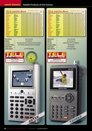 AWARD WINNING                            Satellite Products of 21st Century


   TELE-satellite World                              www.TELE-satellite.com/...
                                                                                               TELE-satellite World                                 www.TELE-satellite.com/...
   Read Indepth Review of This Product Directly on the Internet:                               Read Indepth Review of This Product Directly on the Internet:
   Arabic            ‫ﺍﻟﻌﺮﺑﻴﺔ‬        www.TELE-satellite.com/TELE-satellite-1005/ara/8dtek.pdf   Arabic             ‫ﺍﻟﻌﺮﺑﻴﺔ‬          www.TELE-satellite.com/TELE-satellite-1003/ara/trimax.pdf
   Indonesian        Indonesia      www.TELE-satellite.com/TELE-satellite-1005/bid/8dtek.pdf   Indonesian         Indonesia        www.TELE-satellite.com/TELE-satellite-1003/bid/trimax.pdf
   Bulgarian         Български      www.TELE-satellite.com/TELE-satellite-1005/bul/8dtek.pdf   Bulgarian          Български        www.TELE-satellite.com/TELE-satellite-1003/bul/trimax.pdf
   Czech             Česky          www.TELE-satellite.com/TELE-satellite-1005/ces/8dtek.pdf   Czech              Česky            www.TELE-satellite.com/TELE-satellite-1003/ces/trimax.pdf
   German            Deutsch        www.TELE-satellite.com/TELE-satellite-1005/deu/8dtek.pdf   German             Deutsch          www.TELE-satellite.com/TELE-satellite-1003/deu/trimax.pdf
   English           English        www.TELE-satellite.com/TELE-satellite-1005/eng/8dtek.pdf   English            English          www.TELE-satellite.com/TELE-satellite-1003/eng/trimax.pdf
   Spanish           Español        www.TELE-satellite.com/TELE-satellite-1005/esp/8dtek.pdf   Spanish            Español          www.TELE-satellite.com/TELE-satellite-1003/esp/trimax.pdf
   Farsi             ‫ﻓﺎﺭﺳﻲ‬          www.TELE-satellite.com/TELE-satellite-1005/far/8dtek.pdf   Farsi              ‫ﻓﺎﺭﺳﻲ‬            www.TELE-satellite.com/TELE-satellite-1003/far/trimax.pdf
   French            Français       www.TELE-satellite.com/TELE-satellite-1005/fra/8dtek.pdf   French             Français         www.TELE-satellite.com/TELE-satellite-1003/fra/trimax.pdf
   Hebrew            ‫עברית‬          www.TELE-satellite.com/TELE-satellite-1005/heb/8dtek.pdf   Hebrew             ‫עברית‬            www.TELE-satellite.com/TELE-satellite-1003/heb/trimax.pdf
   Greek             Ελληνικά       www.TELE-satellite.com/TELE-satellite-1005/hel/8dtek.pdf   Greek              Ελληνικά         www.TELE-satellite.com/TELE-satellite-1003/hel/trimax.pdf
   Croatian          Hrvatski       www.TELE-satellite.com/TELE-satellite-1005/hrv/8dtek.pdf   Croatian           Hrvatski         www.TELE-satellite.com/TELE-satellite-1003/hrv/trimax.pdf
   Italian           Italiano       www.TELE-satellite.com/TELE-satellite-1005/ita/8dtek.pdf   Italian            Italiano         www.TELE-satellite.com/TELE-satellite-1003/ita/trimax.pdf
   Hungarian         Magyar         www.TELE-satellite.com/TELE-satellite-1005/mag/8dtek.pdf   Hungarian          Magyar           www.TELE-satellite.com/TELE-satellite-1003/mag/trimax.pdf
   Mandarin          中文             www.TELE-satellite.com/TELE-satellite-1005/man/8dtek.pdf   Mandarin           中文               www.TELE-satellite.com/TELE-satellite-1003/man/trimax.pdf
   Dutch             Nederlands     www.TELE-satellite.com/TELE-satellite-1005/ned/8dtek.pdf   Dutch              Nederlands       www.TELE-satellite.com/TELE-satellite-1003/ned/trimax.pdf
   Polish            Polski         www.TELE-satellite.com/TELE-satellite-1005/pol/8dtek.pdf   Polish             Polski           www.TELE-satellite.com/TELE-satellite-1003/pol/trimax.pdf
   Portuguese        Português      www.TELE-satellite.com/TELE-satellite-1005/por/8dtek.pdf   Portuguese         Português        www.TELE-satellite.com/TELE-satellite-1003/por/trimax.pdf
   Romanian          Românesc       www.TELE-satellite.com/TELE-satellite-1005/rom/8dtek.pdf   Romanian           Românesc         www.TELE-satellite.com/TELE-satellite-1003/rom/trimax.pdf
   Russian           Русский        www.TELE-satellite.com/TELE-satellite-1005/rus/8dtek.pdf   Russian            Русский          www.TELE-satellite.com/TELE-satellite-1003/rus/trimax.pdf
   Swedish           Svenska        www.TELE-satellite.com/TELE-satellite-1005/sve/8dtek.pdf   Swedish            Svenska          www.TELE-satellite.com/TELE-satellite-1003/sve/trimax.pdf
   Turkish           Türkçe         www.TELE-satellite.com/TELE-satellite-1005/tur/8dtek.pdf   Turkish            Türkçe           www.TELE-satellite.com/TELE-satellite-1003/tur/trimax.pdf


  Manufacturer                                8dtek Technology                                 Manufacturer                                  Trimax Technology
  Website                                      www.8dtek.com                                   Website                                      www.trimaxtec.com
  Function                 DVB Signal Meter with tv monitor for DVB-S and DVB-T                Function                           Satellite Meter with TV and Spectrum
  Frequency Range            950~2150 MHz (satellite) and UHF/VHF (terrestrial)                Frequency Range                                 930~2150 MHz
  Video Output                                         —                                       Video Output                                   RCA Composite
  Built-in Monitor                          3.5“ LCD color display                             Built-in Monitor                            3.5“ LCD color display




                            04-05/2010                     0.6                                                            02-03/2010
            8DTEK TSM-8800                                                                                TRIMAX SM-3500
    Easy menu operation and exceptionally                                                          A well-balanced digital meter with
             simple to operate                                                                      spectrum display and TV mode




60 TELE-satellite — Global Digital TV Magazine — 06-07/2010 — www.TELE-satellite.com
 