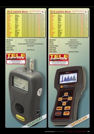 TELE-satellite World                                www.TELE-satellite.com/...
                                                                                                         TELE-satellite World                                 www.TELE-satellite.com/...
Read Indepth Review of This Product Directly on the Internet:                                            Read Indepth Review of This Product Directly on the Internet:
Arabic             ‫ﺍﻟﻌﺮﺑﻴﺔ‬        www.TELE-satellite.com/TELE-satellite-1001/ara/nanosat.pdf             Arabic            ‫ﺍﻟﻌﺮﺑﻴﺔ‬          www.TELE-satellite.com/TELE-satellite-1001/ara/optiscan.pdf
Indonesian         Indonesia      www.TELE-satellite.com/TELE-satellite-1001/bid/nanosat.pdf             Indonesian        Indonesia        www.TELE-satellite.com/TELE-satellite-1001/bid/optiscan.pdf
Bulgarian          Български      www.TELE-satellite.com/TELE-satellite-1001/bul/nanosat.pdf             Bulgarian         Български        www.TELE-satellite.com/TELE-satellite-1001/bul/optiscan.pdf
Czech              Česky          www.TELE-satellite.com/TELE-satellite-1001/ces/nanosat.pdf             Czech             Česky            www.TELE-satellite.com/TELE-satellite-1001/ces/optiscan.pdf
German             Deutsch        www.TELE-satellite.com/TELE-satellite-1001/deu/nanosat.pdf             German            Deutsch          www.TELE-satellite.com/TELE-satellite-1001/deu/optiscan.pdf
English            English        www.TELE-satellite.com/TELE-satellite-1001/eng/nanosat.pdf             English           English          www.TELE-satellite.com/TELE-satellite-1001/eng/optiscan.pdf
Spanish            Español        www.TELE-satellite.com/TELE-satellite-1001/esp/nanosat.pdf             Spanish           Español          www.TELE-satellite.com/TELE-satellite-1001/esp/optiscan.pdf
Farsi              ‫ﻓﺎﺭﺳﻲ‬          www.TELE-satellite.com/TELE-satellite-1001/far/nanosat.pdf             Farsi             ‫ﻓﺎﺭﺳﻲ‬            www.TELE-satellite.com/TELE-satellite-1001/far/optiscan.pdf
French             Français       www.TELE-satellite.com/TELE-satellite-1001/fra/nanosat.pdf             French            Français         www.TELE-satellite.com/TELE-satellite-1001/fra/optiscan.pdf
Hebrew             ‫עברית‬          www.TELE-satellite.com/TELE-satellite-1001/heb/nanosat.pdf             Hebrew            ‫עברית‬            www.TELE-satellite.com/TELE-satellite-1001/heb/optiscan.pdf
Greek              Ελληνικά       www.TELE-satellite.com/TELE-satellite-1001/hel/nanosat.pdf             Greek             Ελληνικά         www.TELE-satellite.com/TELE-satellite-1001/hel/optiscan.pdf
Croatian           Hrvatski       www.TELE-satellite.com/TELE-satellite-1001/hrv/nanosat.pdf             Croatian          Hrvatski         www.TELE-satellite.com/TELE-satellite-1001/hrv/optiscan.pdf
Italian            Italiano       www.TELE-satellite.com/TELE-satellite-1001/ita/nanosat.pdf             Italian           Italiano         www.TELE-satellite.com/TELE-satellite-1001/ita/optiscan.pdf
Hungarian          Magyar         www.TELE-satellite.com/TELE-satellite-1001/mag/nanosat.pdf             Hungarian         Magyar           www.TELE-satellite.com/TELE-satellite-1001/mag/optiscan.pdf
Mandarin           中文             www.TELE-satellite.com/TELE-satellite-1001/man/nanosat.pdf             Mandarin          中文               www.TELE-satellite.com/TELE-satellite-1001/man/optiscan.pdf
Dutch              Nederlands     www.TELE-satellite.com/TELE-satellite-1001/ned/nanosat.pdf             Dutch             Nederlands       www.TELE-satellite.com/TELE-satellite-1001/ned/optiscan.pdf
Polish             Polski         www.TELE-satellite.com/TELE-satellite-1001/pol/nanosat.pdf             Polish            Polski           www.TELE-satellite.com/TELE-satellite-1001/pol/optiscan.pdf
Portuguese         Português      www.TELE-satellite.com/TELE-satellite-1001/por/nanosat.pdf             Portuguese        Português        www.TELE-satellite.com/TELE-satellite-1001/por/optiscan.pdf
Romanian           Românesc       www.TELE-satellite.com/TELE-satellite-1001/rom/nanosat.pdf             Romanian          Românesc         www.TELE-satellite.com/TELE-satellite-1001/rom/optiscan.pdf
Russian            Русский        www.TELE-satellite.com/TELE-satellite-1001/rus/nanosat.pdf             Russian           Русский          www.TELE-satellite.com/TELE-satellite-1001/rus/optiscan.pdf
Swedish            Svenska        www.TELE-satellite.com/TELE-satellite-1001/sve/nanosat.pdf             Swedish           Svenska          www.TELE-satellite.com/TELE-satellite-1001/sve/optiscan.pdf
Turkish            Türkçe         www.TELE-satellite.com/TELE-satellite-1001/tur/nanosat.pdf             Turkish           Türkçe           www.TELE-satellite.com/TELE-satellite-1001/tur/optiscan.pdf


Manufacturer                             Horizon Global Electronics                                     Manufacturer                                     Global Invacom
Website                                     www.horizonhge.com                                          Website                                     www.globalinvacom.com
Function                 Handheld Satellite Meter for fast and easy Dish Alignment                      Function                             Signal Analyzer with an Optical Input
Frequency Range                                950~2150 MHz                                             Frequency Range                               950(160)~2150 MHz
Video Output                                          —                                                 Optical Range                                    +10 to -25 dBm
Built-in Monitor                              128x64 Pixel LCD                                          Video Output                                             —
                                                                                                        Built-in Monitor                             Eight-digit LCD display




                            12-01/2010
          HORIZON NANOSAT
                                                                                                                                     12-01/2010
    Ideal for the speedy alignment of                                                                       GLOBAL INVACOM OPTISCAN
            satellite antennas                                                                             Future-proof satellite signal analyzer
                                                                                                               for optical and coaxial LNBs




                                                                                               www.TELE-satellite.com — 06-07/2010 — TELE-satellite — Global Digital TV Magazine                          61
 