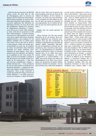 masse en Chine


      L’énorme site de production de 280.000      USD de vente, Alors que la gamme des                 ont été vendus localement en Chine, le
   mètres carrés est situé dans la ville          autres produits a permis une vente de 30             reste a été exporté. » Nous avons voulu
   de Zhangjiagang, dans la province du           millions US dollars», dit Zhu Jianbiao. Il           en savoir plus sur le coté exportations de
   Jiangsu, environ 100 km au nord de Shan-       enchaine, «En 2010 nous nous attendons               cela : Vers où YINHE exporte-t-il? Jian-
   ghai en Chine orientale. Ici, Outre le bâti-   à une croissance de 100 millions de dol-             biao Zhu jette un regard sur son micro
   ment administratif de quatre étages, vous      lars US pour les ventes de récepteur et              portable, puis dit: « 30% de nos récep-
   trouverez également des bâtiments de           une augmentation de 35 millions de Dol-              ������ ��������� ��� �������������� ����
   fabrication diverses. Au cours de la visite    lars Us pour les autres gammes de pro-               vont en Europe y compris les pays de la
   des installations, Jianbiao Zhu, Directeur     duits »                                              CEI et l’Asie du Sud, un autre 15% vont
   du Département Marketing à l’export,                                                                en Australie, 10% vers l’Afrique et 5% en
   nous informa qu’il existe 1500 employés          Quelles sont ces autres gammes de                  Amérique du Sud. » Il n’est donc pas sur-
   au total, 1100 dans la production et 400       produits?                                            prenant que Yinhe possède des bureaux
   dans l’administration. «L’année dernière                                                            de liaison dans les régions cruciale à
   nous avons eu 1200 employés, et en 2010           «Nous sommes l’un des plus grands                 savoir, Dubaï depuis 2003 et l’Australie
   nous avons rajouté 300 autres employés         fabricants de PC de bureau; Nous pro-                depuis 2005. « Cette année 2010 nous
   supplémentaires», nous explique t-il. Les      duisons également des antennes para-                 envisageons d’ouvrir deux bureaux à São
   affaires semblent être en pleine essor         boliques ainsi que des composants de                 Paulo et à Moscou. Nous cherchons éga-
   chez Yinhe! Yinhe a été créé en 1975 et        récepteur professionnel pour les têtes de            lement à ouvrir un bureau à Chennai en
   à cette époque, c’était une société gou-       réseaux câblés. Cependant Télé-satel-                ����� ��� �������� ���������� ���� ����������
   vernementale qui avait but de produire         lite est principalement intéressé par les            pays pour l’exportation sont l’Australie
   en Chine, les premières chips mémoires         récepteurs, alors revenons à cette ques-             avec des récepteurs TNT en MPEG-4 HD
   destinées aux larges systèmes infor-           tion. «Le développement de récepteurs                aussi bien l’Inde avec les démos DVB-C
   matiques de cette époque. «Tout cela a         satellite a démarré en 1997», se souvient            en MPEG-2 et SD. « Nous voulons élargir
   démarré avec 50 employés», dit Jianbiao,       Jianbiao Zhu,» Et en 1998, nous avons                notre distribution en Europe, y compris
   en se rappelant du bon vieux temps. En         produit 10.000 récepteurs. Ce chiffre                les pays de la CEI avec la TNT MPEG-
   2000, la forme de propriété a changé et        a augmenté à un rythme effréné: « En                 4, TNT-T2 en MPEG-4 et les récepteurs
   elle est devenue une société privée com-       2009, nous avons produit 3,6 millions de             DVB-S2 », commente Jianbiao Zhu. Il
   posée de 40 actionnaires. « Mais tout          démodulateurs et en 2010, nous envisa-               ajoute: «60% de nos exportations sont
   cela pourrait probablement changer »,          geons une production de quatre millions              les récepteurs satellite, 30% sont des
   dévoile Jianbiao Zhu. « Nous prévoyons         de boxes», dévoile-t-il, et ajoute: « Sur les        récepteurs terrestres et 10% sont des
   de s’ouvrir cette année en pénétrant à la      deux années, deux millions de récepteurs             récepteurs pour réseaux câblé. » Une
   bourse de Shenzhen ». L’objectif est d’ac-
   quérir des capitaux supplémentaires pour
   l’expansion. Alors, à quoi ressemble la                           TELE-satellite World                              www.TELE-satellite.com/...
                                                                     Download this report in other languages from the Internet:
   courbe des ventes de Yinhe en termes de
                                                                     Arabic          �������         www.TELE-satellite.com/TELE-satellite-1007/ara/yinhe.pdf
   chiffre d’affaires ? « En 2009, notre pro-                        Indonesian      Indonesia       www.TELE-satellite.com/TELE-satellite-1007/bid/yinhe.pdf
                                                                     Bulgarian       ���������       www.TELE-satellite.com/TELE-satellite-1007/bul/yinhe.pdf
   duction de récepteur a atteint 80 Millions                        Czech           �����           www.TELE-satellite.com/TELE-satellite-1007/ces/yinhe.pdf
                                                                     German          Deutsch         www.TELE-satellite.com/TELE-satellite-1007/deu/yinhe.pdf
                                                                     English         English         www.TELE-satellite.com/TELE-satellite-1007/eng/yinhe.pdf
                                                                     Spanish         Español         www.TELE-satellite.com/TELE-satellite-1007/esp/yinhe.pdf
                                                                     Farsi           � ����          www.TELE-satellite.com/TELE-satellite-1007/far/yinhe.pdf
                                                                     French          Français        www.TELE-satellite.com/TELE-satellite-1007/fra/yinhe.pdf
                                                                     Hebrew          �����           www.TELE-satellite.com/TELE-satellite-1007/heb/yinhe.pdf
                                                                     Greek           ��������        www.TELE-satellite.com/TELE-satellite-1007/hel/yinhe.pdf
                                                                     Croatian        ��������        www.TELE-satellite.com/TELE-satellite-1007/hrv/yinhe.pdf
                                                                     Italian         Italiano        www.TELE-satellite.com/TELE-satellite-1007/ita/yinhe.pdf
                                                                     Hungarian       ������          www.TELE-satellite.com/TELE-satellite-1007/mag/yinhe.pdf
                                                                     Mandarin        ��              www.TELE-satellite.com/TELE-satellite-1007/man/yinhe.pdf
                                                                     Dutch           Nederlands      www.TELE-satellite.com/TELE-satellite-1007/ned/yinhe.pdf
                                                                     Polish          ������          www.TELE-satellite.com/TELE-satellite-1007/pol/yinhe.pdf
                                                                     Portuguese      Português       www.TELE-satellite.com/TELE-satellite-1007/por/yinhe.pdf
                                                                     Romanian        Românesc        www.TELE-satellite.com/TELE-satellite-1007/rom/yinhe.pdf
                                                                     Russian         �������         www.TELE-satellite.com/TELE-satellite-1007/rus/yinhe.pdf
                                                                     Swedish         �������         www.TELE-satellite.com/TELE-satellite-1007/sve/yinhe.pdf
                                                                     Turkish         ������          www.TELE-satellite.com/TELE-satellite-1007/tur/yinhe.pdf
                                                                                                  Available online starting from �����������




                                                          � Entrée principale de Yinhe. Le bâtiment administratif se trouve à gauche, derrière lequel
                                                          ������������������������������������������������������������������������������������


                                                                  www.TELE-satellite.com — 06-07/2010 — TELE-satellite — Global Digital TV Magazine             65
 