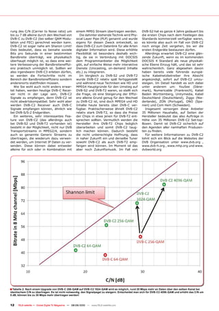 rung des C/N (Carrier to Noise ratio) um              einem MPEG Stream übertragen werden.             DVB-S2 hat es ganze 4 Jahre gedauert bis
bis zu 7 dB alleine durch den Wechsel von                Die dahinter stehende Technik wird Phy-       die ersten Chips nach dem Festlegen des
DVB-C zu DVB-C2 (bei selber QAM Modu-                 sical Layer Pipe (PLP) genannt und wurde         Standards kommerziell verfügbar waren,
lation und FEC) gerechnet werden kann.                eigens für diesen Zweck entwickelt, so           es könnte also auch im Fall von DVB-C2
DVB-C2 ist sogar nahe am Shanon Limit!                dass DVB-C2 zum Datenlink für alle Arten         noch einige Zeit vergehen, bis wir die
Dies bedeutet, dass es beinahe soviele                digitaler Information wird. Diese erhöhte        ersten Endgeräte bestaunen dürfen.
Bits pro Sekunde in einer bestimmten                  Flexibilität ist besonders deshalb wich-           Allerdings erwartet DVB-C2 eine glän-
Bandbreite überträgt, wie physikalisch                tig, da sie in Verbindung mit DOCSIS             zende Zukunft, wenn es im kommenden
überhaupt möglich ist, so dass eine wei-              dem Programmanbieter die Möglichkeit             DOCSIS 4 Standard als neue physikali-
���������������������������������������               gibt, auf einfache Weise mehr interaktive        sche Ebene Einzug hält, und das ist sehr
enz praktisch unmöglich ist. Sollten wir              Dienste (Unicasting, on-demand Inhalte           wahrscheinlich. Ganz abgesehen davon
also irgendwann DVB-C3 erleben dürfen,                etc.) zu integrieren.                            haben bereits viele führende europä-
so werden die Fortschritte nicht im                      Im Vergleich zu DVB-S2 und DVB-T2             ische Kabelnetzbetreiber ihre Absicht
����������������������������������������              wurde DVB-C2 relativ spät fertiggestellt         angekündigt, sofort auf DVB-C2 umzu-
������������������������������                        und während neue Techniken wie HD und            steigen. Im Detail handelt es sich dabei
   Wie Sie wohl auch nicht anders erwar-              MPEG4 Hauptgründe für den Umstieg auf            unter anderem um: YouSee (Däne-
tet haben, werden heutige DVB-C Recei-                DVB-S2 und DVB-T2 waren, so stellt sich          mark), Numericable (Frankreich), Kabel
ver nicht in der Lage sein, DVB-C2                    ���� ������� ��� ����� ����������� ���� ������   Baden Württemberg, Unitymedia, Kabel
Signale zu empfangen, denn DVB-C2 ist                 enz alleine Grund genug für den Wechsel          Deutschland (Deutschland), Ziggo (Nie-
nicht abwärtskompatibel. Sehr wohl aber               zu DVB-C2 ist, sind doch MPEG4 und HD            derlande), ZON (Portugal), ONO (Spa-
werden DVB-C2 Receiver auch DVB-C                     Inhalte heute bereits über DVB-C ver-            nien) und Com Hem (Schweden).
Signale empfangen können, ähnlich wie                 fügbar. Praktischerweise ähnelt DVB-C2             Insgesamt versorgen diese Anbieter
bei DVB-S/S-2 Endgeräten.                             relativ stark DVB-T2, so dass die Preise         35 Millionen Haushalte, auf Seiten der
   Ein weiteres, sehr interessantes Fea-              der Chips in etwa jenen für DVB-T2 ent-          Hersteller bedeutet das also Aufträge in
ture von DVB-C2 (das allerdings auch                  sprechen sollten. Vermutlich werden die          Höhe von 35 Millionen DVB-C2 Set-top-
bei DVB-S2 und DVB-T2 vorhanden ist)                  Hersteller ihre DVB-T2 Chips lediglich           Boxen. Damit ist DVB-C2 sicherlich auf
besteht in der Möglichkeit, nicht nur DVB             überarbeiten und somit DVB-C2 taug-              den Agenden aller namhaften Produzen-
Transportstreams in MPEG2/4, sondern                  lich machen können. Dadurch besteht              �������������
auch so genannte Generic Streams zu                   die nicht unberechtigte Hoffnung, dass             Für weitere Informationen zu DVB-C2
übertragen, die wiederum dazu verwen-                 in naher Zukunft ein und derselbe Tuner          lohnt sich ein Blick auf die Websites der
det werden, um Internet IP Daten zu ver-              sowohl DVB-C2 als auch DVB-T2 emp-               DVB Organisation unter www.dvb.org ,
senden. Diese können dabei entweder                   fangen wird können. Im Moment ist das            www.dvb-h.org , www.mhp.org und www.
alleine für sich oder in Kombination mit              aber noch Zukunftsmusik. Im Fall von             dvbworld.org




� Tabelle 2: Nach einem Upgrade von DVB-C 256-QAM auf DVB-C2 1024-QAM wird es möglich, rund 20 Mbps mehr an Daten über den selben Kanal bei
identischem C/N zu übertragen. Es ist nicht notwendig, den Signalpegel zu steigern. Entscheidet man sich für DVB-C2 4096-QAM und erhöht das C/N um
5 dB, können bis zu 30 Mbps mehr übertragen werden!


12    TELE-satellite — Global Digital TV Magazine — 08-09/2010 — www.TELE-satellite.com
 