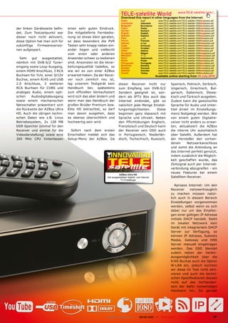 TELE-satellite World                                 www.TELE-satellite.com/...
                                                                          Download this report in other languages from the Internet:
                                                                           Arabic             �������        www.TELE-satellite.com/TELE-satellite-1009/ara/azbox.pdf
                                                                           Indonesian         Indonesia      www.TELE-satellite.com/TELE-satellite-1009/bid/azbox.pdf
                                                                           Bulgarian          ���������      www.TELE-satellite.com/TELE-satellite-1009/bul/azbox.pdf
���� ������� ������������ �����    einen sehr guten Eindruck.              Czech              �����          www.TELE-satellite.com/TELE-satellite-1009/ces/azbox.pdf
                                                                           German             Deutsch        www.TELE-satellite.com/TELE-satellite-1009/deu/azbox.pdf
det. Zum Testzeitpunkt war         ���� �������������� ����������          English            English        www.TELE-satellite.com/TELE-satellite-1009/eng/azbox.pdf
                                                                           Spanish            Español        www.TELE-satellite.com/TELE-satellite-1009/esp/azbox.pdf
dieser noch nicht aktiviert,       nung ist etwas klein geraten,           Farsi              � ����         www.TELE-satellite.com/TELE-satellite-1009/far/azbox.pdf
diese Option hat man sich für      ��� ����� ���������� ���� ����          French             Français       www.TELE-satellite.com/TELE-satellite-1009/fra/azbox.pdf
                                                                           Hebrew             �����          www.TELE-satellite.com/TELE-satellite-1009/heb/azbox.pdf
����������� ���������������        ����������������������������            Greek              ��������       www.TELE-satellite.com/TELE-satellite-1009/hel/azbox.pdf
                                                                           Croatian           ��������       www.TELE-satellite.com/TELE-satellite-1009/hrv/azbox.pdf
nen aufgespart.                    ander liegen und vielleicht             Italian            Italiano       www.TELE-satellite.com/TELE-satellite-1009/ita/azbox.pdf
                                   vom einen oder anderen                  Hungarian          ������         www.TELE-satellite.com/TELE-satellite-1009/mag/azbox.pdf
                                                                           Mandarin           ��             www.TELE-satellite.com/TELE-satellite-1009/man/azbox.pdf
  Sehr    gut     ausgestattet,    ����������������������������            Dutch              Nederlands     www.TELE-satellite.com/TELE-satellite-1009/ned/azbox.pdf
                                                                           Polish             ������         www.TELE-satellite.com/TELE-satellite-1009/pol/azbox.pdf
�������� ���� �������� ������      ������������������������������          Portuguese         Português      www.TELE-satellite.com/TELE-satellite-1009/por/azbox.pdf
                                                                           Romanian           ������         www.TELE-satellite.com/TELE-satellite-1009/rom/azbox.pdf
����������������������������       beitungsqualität tadellos, so           Russian            �������        www.TELE-satellite.com/TELE-satellite-1009/rus/azbox.pdf
����������������������������       ���� ���� ��� ���� ������ ������        Swedish            �������        www.TELE-satellite.com/TELE-satellite-1009/sve/azbox.pdf
                                                                           Turkish            ������         www.TELE-satellite.com/TELE-satellite-1009/tur/azbox.pdf
�����������������������������      �����������������������������                                           Available online starting from ������������
���������������������������        ver noch ziemlich neu ist,
���� ����������� �� ���������      lag unserem Testgerät kein   ������� ��������� ������ ����                            ������������������������������
���� �������� ���� ����� ����      Handbuch bei; spätestens     ���� �������� ���� ��������                              ����������� ������������ ����
��������� ������� ������ �����     ���� ����������� ��������������
                                                                �������� ��������� ����� ����                            ��������� ������������� ������
������    ��������������������     wird sich das aber ändern und����� ���� ����� ���� ����� ����                         kisch und Türkisch ausgeben.
sowie einem mechanischen           wenn man das Handbuch der    Internet einbindet, gibt es                              Zudem kann die gewünschte
Netzschalter präsentiert sich      ���������������������������  �����������������������������                            ����������������������������
������������������������������     Elite HD betrachtet, so darf lungsmöglichkeiten.      Diese                           ������ ������� ��� �������������
���� ����� ���� �������� �������   man davon ausgehen, dass     beginnen ganz klassisch mit                              menü festgelegt werden. Wie
������ ������ ���� ����� ������    es ebenso übersichtlich und  Sprache und Uhrzeit. Neben                               ���� ������ ������ ����������
���������������� ��� ���� ���      hochwertig sein wird.        ���� �������������� ����������                           �����������������������������
�����������������������������                                   Französisch und Deutsch kann                             ����� ������������� ���� ������
��������� ���� ������� ���� ����     Sofort nach dem ersten ���� ��������� ����� ���� �����                              die interne Uhr automatisch
Videodarstellung) sowie eine       Einschalten meldet sich das ��� ��������������� ����������                            ����� ���������� ��������� ����
���� ���� ���� �������������       ����������� ���� ������� ��� ������� ������������� ����������                         ���� ����������� ���� �������
                                                                                                                         denen       Netzwerkanschluss
                                                                                                                         ���� ������ ���� ���������� ���
                                                                                                                         das Internet perfekt genutzt,
                                                                                                                         �����������������������������
                                                                                                                         keit geschaffen wurde, das
                                                                                                                         �����������������������������
                                                                                                                         �����������������������������
                                                                                        08-09/2010
                                                                                                                         neues Features bei einem
                                                                        AZBox Ultra HD
                                                             Voll ausgestatteter Satellit- und Internet                  ���������������������
                                                                         TV-Empfänger

                                                                                                                            �������� ���������� ��� ����
                                                                                                                         ��������� �����������������
                                                                                                                         ��� ������� ������� ������
                                                                                                                         lich auch in diesem Bereich
                                                                                                                         Einstellungen vorgenommen
                                                                                                                         werden, selbst wenn es sich
                                                                                                                         ������ ���� ��� ���� �������
                                                                                                                         ������������������������������
                                                                                                                         �������� ����� ��������� ������
                                                                                                                         im lokalen Netzwerk kein
                                                                                                                         ����������������������������
                                                                                                                         Server zur Verfügung, so
                                                                                                                         ������� ��� ��������� ��������
                                                                                                                         Maske, Gateway und DNS
                                                                                                                         Server manuell eingetragen
                                                                                                                         werden. Das OSD blendet
                                                                                                                         ������ ������ ���� �������
                                                                                                                         dungsmöglichkeit über die
                                                                                                                         ����������������������������
                                                                                                                         ������ ����� ������� ��������
                                                                                                                         ���� ������ ��� ����� ������ �����
                                                                                                                         ������� ���� ����� ���� �������
                                                                                                                         ����������������������������
                                                                                                                         ������ ���� ���� ����������
                                                                                                                         sein der dafür notwendigen
                                                                                                                         Hardware hin. Da gerade




                                                             www.TELE-satellite.com — 08-09/2010 —             TELE-satellite — Global Digital TV Magazine        17
 
