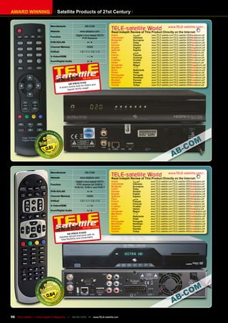 AWARD WINNING                       Satellite Products of 21st Century

                               Manufacturer                      AB-COM

                               Website                      www.abipbox.com
                                                                                    TELE-satelliteThis Product Directly on the Internet:
                                                                                    Read Indepth Review of
                                                                                                           World www.TELE-satellite.com/...
                                                        Digital Linux-based HDTV    Arabic       �������      www.TELE-satellite.com/TELE-satellite-0909/ara/abcom.pdf
                               Function                                             Indonesian   Indonesia    www.TELE-satellite.com/TELE-satellite-0909/bid/abcom.pdf
                                                              PVR Receiver
                                                                                    Bulgarian    ���������    www.TELE-satellite.com/TELE-satellite-0909/bul/abcom.pdf
                               DVB-S2/LAN                           �����           Czech        �����        www.TELE-satellite.com/TELE-satellite-0909/ces/abcom.pdf
                                                                                    German       Deutsch      www.TELE-satellite.com/TELE-satellite-0909/deu/abcom.pdf
                               Channel Memory                      10000            English      English      www.TELE-satellite.com/TELE-satellite-0909/eng/abcom.pdf
                                                                                    Spanish      Español      www.TELE-satellite.com/TELE-satellite-0909/esp/abcom.pdf
                               DiSEqC                       ���������������������   Farsi        �����        www.TELE-satellite.com/TELE-satellite-0909/far/abcom.pdf
                                                                                    French       Français     www.TELE-satellite.com/TELE-satellite-0909/fra/abcom.pdf
                               S-Video/HDMI                        �����            Greek        ��������     www.TELE-satellite.com/TELE-satellite-0909/hel/abcom.pdf
                               Scart/Digital Audio                  �����           Croatian     ��������     www.TELE-satellite.com/TELE-satellite-0909/hrv/abcom.pdf
                                                                                    Italian      Italiano     www.TELE-satellite.com/TELE-satellite-0909/ita/abcom.pdf
                                                                                    Hungarian    ������       www.TELE-satellite.com/TELE-satellite-0909/mag/abcom.pdf
                                                                                    Mandarin     ��           www.TELE-satellite.com/TELE-satellite-0909/man/abcom.pdf
                                                                                    Dutch        Nederlands   www.TELE-satellite.com/TELE-satellite-0909/ned/abcom.pdf
                                                                                    Polish       ������       www.TELE-satellite.com/TELE-satellite-0909/pol/abcom.pdf
                                                                                    Portuguese   Português    www.TELE-satellite.com/TELE-satellite-0909/por/abcom.pdf
                                                                                                 Românesc     www.TELE-satellite.com/TELE-satellite-0909/rom/abcom.pdf
                                                               08-09/2009           Romanian
                                                                                    Russian      �������      www.TELE-satellite.com/TELE-satellite-0909/rus/abcom.pdf
                                                               HD                   Swedish      �������      www.TELE-satellite.com/TELE-satellite-0909/sve/abcom.pdf
                                                AB IPBOX 91 ���������               Turkish      ������       www.TELE-satellite.com/TELE-satellite-0909/tur/abcom.pdf
                                                       �����������
                                        ��������������        �����
                                              ���������������




                           0.61




                               Manufacturer                      AB-COM

                               Website                      www.abipbox.com
                                                                                    TELE-satelliteThis Product Directly on the Internet:
                                                                                    Read Indepth Review of
                                                                                                           World www.TELE-satellite.com/...
                                                        Digital Linux-based HDTV    Arabic       �������      www.TELE-satellite.com/TELE-satellite-0905/ara/abipbox.pdf
                               Function                 PVR receiver for DVB-S,     Indonesian   Indonesia    www.TELE-satellite.com/TELE-satellite-0905/bid/abipbox.pdf
                                                       DVB-S2, DVB-C and DVB-T      Bulgarian    ���������    www.TELE-satellite.com/TELE-satellite-0905/bul/abipbox.pdf
                                                                                    Czech        �����        www.TELE-satellite.com/TELE-satellite-0905/ces/abipbox.pdf
                               DVB-S2/LAN                           �����           German       Deutsch      www.TELE-satellite.com/TELE-satellite-0905/deu/abipbox.pdf
                                                                                    English      English      www.TELE-satellite.com/TELE-satellite-0905/eng/abipbox.pdf
                               Channel Memory                      10000            Spanish      Español      www.TELE-satellite.com/TELE-satellite-0905/esp/abipbox.pdf
                                                                                    Farsi        �����        www.TELE-satellite.com/TELE-satellite-0905/far/abipbox.pdf
                               DiSEqC                       ���������������������   French       Français     www.TELE-satellite.com/TELE-satellite-0905/fra/abipbox.pdf
                                                                                    Greek        ��������     www.TELE-satellite.com/TELE-satellite-0905/hel/abipbox.pdf
                               S-Video/HDMI                        �����            Croatian     ��������     www.TELE-satellite.com/TELE-satellite-0905/hrv/abipbox.pdf
                                                                                    Italian      Italiano     www.TELE-satellite.com/TELE-satellite-0905/ita/abipbox.pdf
                               Scart/Digital Audio                  �����           Hungarian    ������       www.TELE-satellite.com/TELE-satellite-0905/mag/abipbox.pdf
                                                                                    Mandarin     ��           www.TELE-satellite.com/TELE-satellite-0905/man/abipbox.pdf
                                                                                    Dutch        Nederlands   www.TELE-satellite.com/TELE-satellite-0905/ned/abipbox.pdf
                                                                                    Polish       ������       www.TELE-satellite.com/TELE-satellite-0905/pol/abipbox.pdf
                                                                                    Portuguese   Português    www.TELE-satellite.com/TELE-satellite-0905/por/abipbox.pdf
                                                                                    Romanian     Românesc     www.TELE-satellite.com/TELE-satellite-0905/rom/abipbox.pdf
                                                                                    Russian      �������      www.TELE-satellite.com/TELE-satellite-0905/rus/abipbox.pdf
                                                               04-05/2009           Swedish      �������      www.TELE-satellite.com/TELE-satellite-0905/sve/abipbox.pdf
                                                                                    Turkish      ������       www.TELE-satellite.com/TELE-satellite-0905/tur/abipbox.pdf
                                                                0HD
                                               AB IPBOX 91 ������������
                                                     ����������
                                        ������������                    ����
                                         ��������������� ��������������




                            0.64



56 TELE-satellite — Global Digital TV Magazine — 08-09/2010 — www.TELE-satellite.com
 