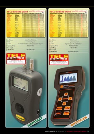 TELE-satellite World                                www.TELE-satellite.com/...
                                                                                                         TELE-satellite World                                  www.TELE-satellite.com/...
Read Indepth Review of This Product Directly on the Internet:                                            Read Indepth Review of This Product Directly on the Internet:
Arabic             �������        www.TELE-satellite.com/TELE-satellite-1001/ara/nanosat.pdf             Arabic            �������          www.TELE-satellite.com/TELE-satellite-1001/ara/optiscan.pdf
Indonesian         Indonesia      www.TELE-satellite.com/TELE-satellite-1001/bid/nanosat.pdf             Indonesian        Indonesia        www.TELE-satellite.com/TELE-satellite-1001/bid/optiscan.pdf
Bulgarian          ���������      www.TELE-satellite.com/TELE-satellite-1001/bul/nanosat.pdf             Bulgarian         ���������        www.TELE-satellite.com/TELE-satellite-1001/bul/optiscan.pdf
Czech              �����          www.TELE-satellite.com/TELE-satellite-1001/ces/nanosat.pdf             Czech             �����            www.TELE-satellite.com/TELE-satellite-1001/ces/optiscan.pdf
German             Deutsch        www.TELE-satellite.com/TELE-satellite-1001/deu/nanosat.pdf             German            Deutsch          www.TELE-satellite.com/TELE-satellite-1001/deu/optiscan.pdf
English            English        www.TELE-satellite.com/TELE-satellite-1001/eng/nanosat.pdf             English           English          www.TELE-satellite.com/TELE-satellite-1001/eng/optiscan.pdf
Spanish            Español        www.TELE-satellite.com/TELE-satellite-1001/esp/nanosat.pdf             Spanish           Español          www.TELE-satellite.com/TELE-satellite-1001/esp/optiscan.pdf
Farsi              �����          www.TELE-satellite.com/TELE-satellite-1001/far/nanosat.pdf             Farsi             �����            www.TELE-satellite.com/TELE-satellite-1001/far/optiscan.pdf
French             Français       www.TELE-satellite.com/TELE-satellite-1001/fra/nanosat.pdf             French            Français         www.TELE-satellite.com/TELE-satellite-1001/fra/optiscan.pdf
Hebrew             �����          www.TELE-satellite.com/TELE-satellite-1001/heb/nanosat.pdf             Hebrew            �����            www.TELE-satellite.com/TELE-satellite-1001/heb/optiscan.pdf
Greek              ��������       www.TELE-satellite.com/TELE-satellite-1001/hel/nanosat.pdf             Greek             ��������         www.TELE-satellite.com/TELE-satellite-1001/hel/optiscan.pdf
Croatian           ��������       www.TELE-satellite.com/TELE-satellite-1001/hrv/nanosat.pdf             Croatian          ��������         www.TELE-satellite.com/TELE-satellite-1001/hrv/optiscan.pdf
Italian            Italiano       www.TELE-satellite.com/TELE-satellite-1001/ita/nanosat.pdf             Italian           Italiano         www.TELE-satellite.com/TELE-satellite-1001/ita/optiscan.pdf
Hungarian          ������         www.TELE-satellite.com/TELE-satellite-1001/mag/nanosat.pdf             Hungarian         ������           www.TELE-satellite.com/TELE-satellite-1001/mag/optiscan.pdf
Mandarin           ��             www.TELE-satellite.com/TELE-satellite-1001/man/nanosat.pdf             Mandarin          ��               www.TELE-satellite.com/TELE-satellite-1001/man/optiscan.pdf
Dutch              Nederlands     www.TELE-satellite.com/TELE-satellite-1001/ned/nanosat.pdf             Dutch             Nederlands       www.TELE-satellite.com/TELE-satellite-1001/ned/optiscan.pdf
Polish             ������         www.TELE-satellite.com/TELE-satellite-1001/pol/nanosat.pdf             Polish            ������           www.TELE-satellite.com/TELE-satellite-1001/pol/optiscan.pdf
Portuguese         Português      www.TELE-satellite.com/TELE-satellite-1001/por/nanosat.pdf             Portuguese        Português        www.TELE-satellite.com/TELE-satellite-1001/por/optiscan.pdf
Romanian           Românesc       www.TELE-satellite.com/TELE-satellite-1001/rom/nanosat.pdf             Romanian          Românesc         www.TELE-satellite.com/TELE-satellite-1001/rom/optiscan.pdf
Russian            �������        www.TELE-satellite.com/TELE-satellite-1001/rus/nanosat.pdf             Russian           �������          www.TELE-satellite.com/TELE-satellite-1001/rus/optiscan.pdf
Swedish            �������        www.TELE-satellite.com/TELE-satellite-1001/sve/nanosat.pdf             Swedish           �������          www.TELE-satellite.com/TELE-satellite-1001/sve/optiscan.pdf
Turkish            ������         www.TELE-satellite.com/TELE-satellite-1001/tur/nanosat.pdf             Turkish           ������           www.TELE-satellite.com/TELE-satellite-1001/tur/optiscan.pdf


Manufacturer                             Horizon Global Electronics                                     Manufacturer                                     Global Invacom
Website                                     www.horizonhge.com                                          Website                                     www.globalinvacom.com
Function                 Handheld Satellite Meter for fast and easy Dish Alignment                      Function                             Signal Analyzer with an Optical Input
Frequency Range                                950~2150 MHz                                             Frequency Range                               950(160)~2150 MHz
Video Output                                          —                                                 Optical Range                                    +10 to -25 dBm
Built-in Monitor                              128x64 Pixel LCD                                          Video Output                                             —
                                                                                                        Built-in Monitor                             Eight-digit LCD display




                            12-01/2010
          HORIZON NANOSAT
                                                                                                                                     12-01/2010
    Ideal for the speedy alignment of                                                                       GLOBAL INVACOM OPTISCAN
            satellite antennas                                                                             Future-proof satellite signal analyzer
                                                                                                               for optical and coaxial LNBs




                                                                                               www.TELE-satellite.com — 08-09/2010 — TELE-satellite — Global Digital TV Magazine                          61
 