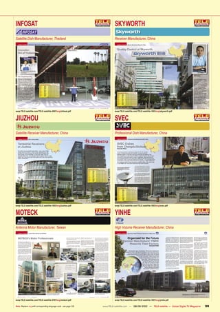 INFOSAT                                                                       SKYWORTH
Satellite Dish Manufacturer, Thailand                                         Receiver Manufacturer, China




www.TELE-satellite.com/TELE-satellite-0907/eng/infosat.pdf                    www.TELE-satellite.com/TELE-satellite-1003/eng/skyworth.pdf


JIUZHOU                                                                       SVEC
Satellite Receiver Manufacturer, China                                        Professional Dish Manufacturer, China




www.TELE-satellite.com/TELE-satellite-1003/eng/jiuzhou.pdf                    www.TELE-satellite.com/TELE-satellite-1003/eng/svec.pdf


MOTECK                                                                        YINHE
Antenna Motor Manufacturer, Taiwan                                            High Volume Receiver Manufacturer, China




www.TELE-satellite.com/TELE-satellite-0707/eng/moteck.pdf                     www.TELE-satellite.com/TELE-satellite-1007/eng/yinhe.pdf

Note: Replace eng with corresponding language code - see page 126   www.TELE-satellite.com — 08-09/2010 — TELE-satellite — Global Digital TV Magazine   99
 