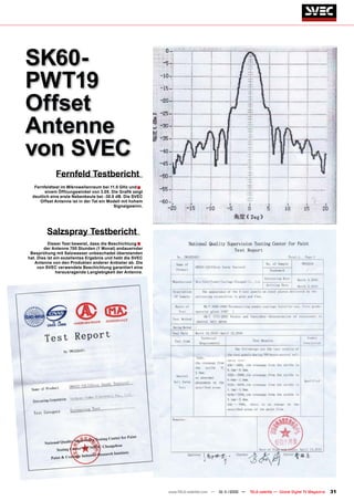 SK60-
PWT19
Offset
Antenne
von SVEC
             Fernfeld Testbericht
   Fernfeldtest im Mikrowellenraum bei 11.0 GHz und ■
        einem Öffnungswinkel von 3.05. Die Graﬁk zeigt
  deutlich eine erste Nebenkeule bei -30.0 dB. Die SVEC
      Offset Antenne ist in der Tat ein Modell mit hohem
                                          Signalgewinn.




         Salzspray Testbericht
          Dieser Test beweist, dass die Beschichtung ■
        der Antenne 700 Stunden (1 Monat) andauernder
 Besprühung mit Salzwasser unbeschadet überstanden
hat. Dies ist ein exzellentes Ergebnis und hebt die SVEC
   Antenne von den Produkten anderer Anbieter ab. Die
     von SVEC verwendete Beschichtung garantiert eine
               herausragende Langlebigkeit der Antenne.




                                                           www.TELE-satellite.com — 10-1
                                                                                       1/2010 —   TELE-satellite — Global Digital TV Magazine   31
 