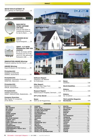 INHALT



NETUP DVB-IP GATEWAY 4X
IPTV Gateway für DVB Signale ............. 12




                       SK60-PWT19
                       OFFSET ANTENNE
                       VON SVEC
                       Eine auf zwei Arten zu
                       installierende Antenne
                       für das Ku-Band ....... 24


                       HORIZON HD-S2
                       DVB-S2
                       Signalmessgerät....... 34


                       JQB4P - 4.3° QUAD
                       MONOBLOCK LNBF VON
                       JIUZHOU
                       Ein für die beiden ASTRA
                       Positionen auf 19.2° Ost
                       und 23.5° Ost optimiertes
                       Multiswitch LNB ........ 40


INNOVATION AWARD Winning:
Products Leading into the Future ......10

AWARD Winning:
Signal Analyzers of 21st Century .......46

Firmenbericht:
Satelliten Großhandel
DOEBIS, Deutschland ......................54

Firmenbericht:                                           Software Report:
Kabelloser Cardreader Produzent                          Satbeams, die Website
SMARTWI, Dänemark .......................62              für Proﬁnutzer ............................... 102   News:
                                                                                                              Satellites ...................................... 130
Firmenbericht:                                           DXer Report:
Netzteil Hersteller                                      Satellite DXer Pepsi from                            World Satellites .......................... 132
SPAUN, Deutschland ........................68            Chengdu, China............................. 106
                                                                                                              History:
Firmenbericht:                                           Museum Report:                                       Vor 20 Jahren ............................... 134
Satellite Distributor                                    Radiomuseum Ringsted, Denmark ... 110
SMART INNOVATIONS, Niederlande ....78                                                                         History:
                                                         DTT of the World ........................ 120        Vor 10 Jahren ............................... 138
Company Overview:
Best Digital TV Companies                                News:                                                TELE-satellite Magazine
of the World....................................86       HDTV & 3D Programmes ................. 122           Worldwide .................................. 144

                                                                           ANZEIGEN
    8DTEK ........................................59     DOEBIS .................................... 8-9      SEATEL .......................................79
    ABC-BIZNIS ...............................57         EEBC 2010 ..................................85       SKYWORTH ................................. 7
    AB IPBOX .............................. 22-23        FULAN ELECTRONICS .................. 5               SMARTWI ................................... 41
    ALUOSAT .................................. 103       GLOBALINVACOM .......................25              SOWELL......................................39
    AZBOX ...................................... 147     GLOBALSAT ................................61         SPAUN ........................................17
    AZURE SHINE ........................... 125          GOLDENMEDIA ...........................43            SVEC ..........................................15
    BOIINGSAT ................................67         HORIZON ...................................65        TECHNOMATE .............................. 4
    BOXSAM .....................................35       INFOSAT................................... 109       TEHNICB .................................. 117
    BYA ELECTRONIC...................... 131             JIUZHOU ............................. 77, 148
                                                                                                              TELEMANN .................................29
    CABSAT 2011 ............................ 105         MFC .......................................... 113
                                                         MOTECK.................................... 129       TELETEK .....................................99
    CCBN 2011 ............................... 123
    CEBIT EURASIA 2010 ............... 125               NABSHOW 2011 ....................... 115             TENOW .......................................71
    CES 2011 .................................. 127      NETUP ...................................... 122     TEVII ....................................... 117
    CHANGHONG ............................... 2          PREVAIL ................................ 32-33       TOPREAL ....................................83
    CNBROADCASTING................... 131                SATBEAMS ................................ 130        TOOWAY ................................... 129
    CONVERGENCE INDIA 2011...... 143                     SATCATCHER ..............................75          TRIMAX .................................... 126
    CSTB 2011 ................................ 111       SATELLITE GUYS ...................... 124            WEISS ...................................... 113
    DISHPOINTER .......................... 128           SATELLITE SUPERSTORE ............81                  YINHE ........................................19

6      TELE-satellite — Global Digital TV Magazine — 10-1
                                                        1/2010 — www.TELE-satellite.com
 