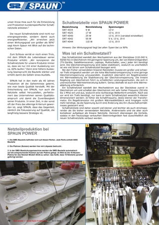 unser Know-How auch für die Entwicklung
und Produktion kundenspezifischer Schalt-
                                                              Schaltnetzteile von SPAUN POWER
netzteile anbieten.“                                          Bezeichnung                   Nennleistung   Spannungen
                                                              SNT 4019                      9W             13 V
  Die neuen Schaltnetzteile sind nicht nur                    SNT 4025                      17 W           13 V, 19 V
energiesparender, sondern damit auch                          SNT 4040                      25 W           13 V, 19 V (variabel einstellbar)
energieeffizienter. „Wir erreichen jetzt                      SNT 4042                      55 W           5 V, 13 V, 19 V
einen Wirkungsgrad von größer als 90%“                        SNT 4044                      110 W          13 V, 19 V
sagt Kevin Spaun mit Blick auf die techni-
schen Daten.                                                  Hinweis: Der Wirkungsgrad liegt bei allen Typen bei ca 90%


  Zum Schluss verrät er noch einen Trick,                     Was ist ein Schaltnetzteil?
mit dem SPAUN die Lebensdauer seiner                          Das Schaltnetzteil wandelt den Wechselstrom aus der Steckdose (110-240 V,
Produkte erhöht: „Wir konzipieren die                      50/60 Hz) in Gleichstrom mit geringerer Spannung um, der von Elektronikgeräten
Schaltnetzteile für unsere Produkte immer                  (TV-Geräte, Satellitenreceiver, Laptops, Multischalter, usw.) jeder Art benötigt
                                                           wird. Die Gleichstromspannung wird dabei stabilisiert, wodurch es unerheblich
so, dass sie nur mit einer Auslastung von
                                                           ist wie viel Strom vom Schaltnetzteil bezogen wird.
ca. 60% laufen.“ Denn eine höhere Auslas-                     Bei den früher verwendeten linearen Netzteilen musste ein großer und schwe-
tung beansprucht die Bauteile stärker und                  rer Trafo eingesetzt werden um die hohe Wechselstromspannung in eine geringe
erhöht damit die Gefahr eines Ausfalls.                    Gleichstromspannung umzuwandeln. Zusätzlich übernahm ein Regeltransistor
                                                           mit Wärmeableitung die Stabilisierung der Gleichstromspannung. Die lineare
  SPAUN hat in den mehr als 40 Jahren                      Regelung von Gleichstrom führt zu erheblichen Leistungsverlusten, die sich in
Produktion all die Geheimnisse gelernt,                    unerwünschter Wärmeentwicklung äußern. Genau deshalb ist auch eine Wärme-
                                                           ableitung erforderlich.
wie man beste Qualität herstellt. Mit der
                                                              Ein Schaltnetzteil wandelt den Wechselstrom aus der Steckdose zuerst in
Entscheidung von SPAUN, nun auch die                       Gleichstrom um und schaltet den Gleichstrom mit sehr hoher Frequenz (50 kHz
Netzteile selbst herzustellen, perfektio-                  bis 1 MHz) ein und aus, wodurch eine rechteckige Wellenform entsteht. Nach wie
niert das Unternehmen seinen Qualitäts-                    vor wird ein Trafo benötigt, nur kann er beim Schaltnetzteil wesentlich kleiner
anspruch und damit die Zuverlässigkeit                     dimensioniert werden. Je höher die Schaltfrequenz, desto kleiner der Transfor-
seiner Produkte. In einer Zeit, in der sonst               mator. Ein Regeltransistor mit großem Wärmeableitblech wird hingegen nicht
                                                           mehr benötigt, da die Spannung durch eine Änderung des Ein-/Ausschaltverhält-
oft der Preis das alleinige Kriterium gewor-
                                                           nisses gesteuert wird.
den ist, zeigt SPAUN, dass das Gegenteil,                     Schaltnetzteile sind daher sowohl viel kleiner und leichter als auch stromspa-
nämlich die Fokussierung auf Qualität, die                 render als die bisher verwendeten Netzteile. Andererseits sind sie aber auch
langfristig bessere Strategie ist.                         komplexer aufgebaut als lineare Netzteile. Dennoch überwiegen die Vorteile,
                                                           sodass in den heutzutage verkauften Elektronikgeräten fast ausschließlich die
                                                           neuen Schaltnetzteile verbaut werden.


                                                                                            2
Netzteilproduktion bei
SPAUN POWER
1. Die SMD-Bauteile befinden sich auf diesen Rollen. Jede Rolle enthält 5000
Bauteile

2. Die Platinen (Nutzen) werden hier mit Lötpaste bedruckt..

3. In der SMD-Bestückungsmaschine werden die SMD-Bauteile automatisch
auf die entsprechende Position auf der Platine gelegt. Im Bild ist die 10-Nutzen-
Platine für das Netzteil Modell 40/25 zu sehen: das heißt, dass 10 Netzteile parallel
gefertigt werden


                                                                                        1




72    TELE-satellite — Global Digital TV Magazine — 10-1
                                                       1/2010 — www.TELE-satellite.com
 