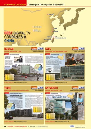 COMPANIES OVERVIEW                                          Best Digital TV Companies of the World



                                                                                            SHALOM




                                                                   CHANGHONG
                                                                                                         YINHE
                                                                   SVEC


BEST DIGITAL TV
                                                                   SKYWORTH                             BOXSAM




COMPANIES in                                                                             MOTECK       
                                                                                                       
                                                                                                             MTI
                                                                                                             TAIWAN SATELLITE


CHINA
                                                                                    AZURESHINE       




BOXSAM                                                                               SVEC
Receiver Manufacturer, China                                    www.boxsam.com       Professional Dish Manufacturer, China                               www.svec.com.cn




www.TELE-satellite.com/TELE-satellite-1009/eng/boxsam.pdf                            www.TELE-satellite.com/TELE-satellite-1003/eng/svec.pdf




YINHE                                                                                SKYWORTH
High Volume Receiver Manufacturer, China                            www.yinhe.com    Receiver Manufacturer, China                                  www.skyworthdigital.com




www.TELE-satellite.com/TELE-satellite-1007/eng/yinhe.pdf                             www.TELE-satellite.com/TELE-satellite-1003/eng/skyworth.pdf




96      TELE-satellite — Global Digital TV Magazine — 10-1
                                                         1/2010 — www.TELE-satellite.com                                                                  – Operator Market Qualiﬁed
 