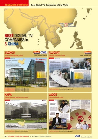 COMPANIES OVERVIEW                                           Best Digital TV Companies of the World




                                                                                                           ALUOSAT             JIUZHOU
                                                                                                             LAOGE             KAIFA
                                                                                                               SMIT            INTELLITECH




BEST DIGITAL TV
COMPANIES in
S CHINA

JIUZHOU                                                                              ALUOSAT
Receiver Manufacturer, China                                    www.jiuzhou.com.cn   Satellite Consultant, China                                  www.aluosat.com




www.TELE-satellite.com/TELE-satellite-1003/eng/jiuzhou.pdf
www.TELE-satellite.com/TELE-satellite-0903/eng/jiuzhou.pdf                           www.TELE-satellite.com/TELE-satellite-0905/eng/aluosat.pdf
www.TELE-satellite.com/TELE-satellite-0803/eng/jiuzhou.pdf
www.TELE-satellite.com/TELE-satellite-0703/eng/jiuzhou.pdf



KAIFA                                                                                LAOGE
Satellite Receiver Manufacturer, China                                               Satellite Installer, China




www.TELE-satellite.com/TELE-satellite-1003/eng/kaifa.pdf                             www.TELE-satellite.com/TELE-satellite-0903/eng/laoge.pdf




98      TELE-satellite — Global Digital TV Magazine — 10-1
                                                         1/2010 — www.TELE-satellite.com                                                          – Operator Market Qualiﬁed
 