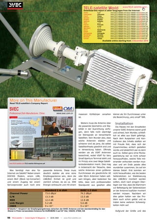 TELE-satellite World                          www.TELE-satellite.com/...
                                                                                                       Download this report in other languages from the Internet:
                                                                                                       Arabic         ‫ﺍﻟﻌﺮﺑﻴﺔ‬       www.TELE-satellite.com/TELE-satellite-1101/ara/svec.pdf
                                                                                                       Indonesian     Indonesia     www.TELE-satellite.com/TELE-satellite-1101/bid/svec.pdf
                                                                                                       Czech          Česky         www.TELE-satellite.com/TELE-satellite-1101/ces/svec.pdf
                                                                                                       German         Deutsch       www.TELE-satellite.com/TELE-satellite-1101/deu/svec.pdf
                                                                                                       English        English       www.TELE-satellite.com/TELE-satellite-1101/eng/svec.pdf
                                                                                                       Spanish        Español       www.TELE-satellite.com/TELE-satellite-1101/esp/svec.pdf
                                                                                                       Farsi          ‫ﻓﺎﺭﺳ ﻲ‬        www.TELE-satellite.com/TELE-satellite-1101/far/svec.pdf
                                                                                                       French         Français      www.TELE-satellite.com/TELE-satellite-1101/fra/svec.pdf
                                                                                                       Hebrew         ‫עברית‬         www.TELE-satellite.com/TELE-satellite-1101/heb/svec.pdf
                                                                                                       Mandarin       中文            www.TELE-satellite.com/TELE-satellite-1101/man/svec.pdf
                                                                                                       Dutch          Nederlands    www.TELE-satellite.com/TELE-satellite-1101/ned/svec.pdf
                                                                                                       Polish         Polski        www.TELE-satellite.com/TELE-satellite-1101/pol/svec.pdf
                                                                                                       Portuguese     Português     www.TELE-satellite.com/TELE-satellite-1101/por/svec.pdf
                                                                                                       Romanian       Română        www.TELE-satellite.com/TELE-satellite-1101/rom/svec.pdf
                                                                                                       Russian        Русский       www.TELE-satellite.com/TELE-satellite-1101/rus/svec.pdf
                                                                                                       Turkish        Türkçe        www.TELE-satellite.com/TELE-satellite-1101/tur/svec.pdf
                                                                                                                            Available online starting from 3 December 2010




           More on This Manufacturer
           Read TELE-satellite’s Company Report:


           SVEC
am.com     Professional Dish Manufacturer, China                                www.svec.com.cn   massiven     Kühlkörper   versehen   kleiner als 3m Durchmesser unter
                                                                                                  ist.                                 die Bezeichnung „very small“ fällt.


                                                                                                     Weiters muss die Antenne über         Installation
                                                                                                  die passende Geometrie und Sta-         Die Pakete mit den Einzelteilen
                                                                                                  bilität in der Ausrichtung verfü-    unserer SVEC Antenne waren groß
                                                                                                  gen, denn falls nicht überträgt      und schwer, kein Wunder, schließ-
                                                                                                  sie Störsignale an benachbarte       lich ist alles aus Stahl gefertigt.
                                                                                                  Satelliten. Kein Wunder also, dass   Nach dem Auspacken und Kon-
                                                                                                  solche Antennen stabiler und         trollieren des Inhalts stellten wir
                                                                                                  schwerer sind als jene, die selbst   mit Freude fest, dass sich der
                                                                                                  Satellitenfreaks gewöhnt sind und    Zusammenbau einfach gestalten
                                                                                                  in Verwendung haben. Oftmals         würde und tatsächlich war es dann
                                                                                                  werden sie als VSAT Antennen         auch so. Selbst ganz ohne Monta-
                                                                                                  bezeichnet, wobei VSAT für Very      geanleitung war es nicht schwer
                                                                                                  Small Aperture Terminal steht und    herauszuﬁnden, welche Teile mit-
                                                                                                  im Prinzip eine zwei Wege Satelli-   einander verbunden werden mus-
           www.TELE-satellite.com/TELE-satellite-1003/eng/svec.pdf
                                                                                                  tenbodenstation meint. Dies mag      sten und am Ende passte alles
                                                                                                  in Anbetracht der Tatsache, dass     wunderbar zusammen, bis auf ein

           SKYWORTH
           Was benötigt man also für                           passende Antenne. Diese muss       solche Antennen einen größeren       kleines Detail: Erst konnten wir
         Internet via Satellit? Neben einem                    deutlich stabiler als eine reine   Durchmesser als gewöhnliche 60       nicht herausﬁnden, wie die beiden
he.com     Receiver Manufacturer, China
         DOCSIS Modem, einem LNB,                                     www.skyworthdigital.com
                                                               Empfangsantenne sein, denn die     oder 90cm Antennen haben selt-       Seitenstützen zur Stabilisierung
         einem BUC (Block Up-Converter)                        LNB/BUC Einheit ist groß und       sam klingen, aber bedenken Sie       des LNB/BCU montiert werden
         und einem Zugang bei einem                            ziemlich schwer, da sie ca. 30W    bitte, dass vom professionellen      sollten, doch nach einigem Über-
         Serviceprovider auch noch eine                        Energie verbraucht und mit einem   Standpunkt aus gesehen alles         legen war klar, dass die Klammern
                                                                                                                                       zur Befestigung der Seitenstützen
                                                                     Standard 1 m dish              SVEC 1.2 dish                      an der Antenne kopfüber montiert
           Channel Power                                             73.6 dBµV                      74.2 dBµV                          werden müssen. Nachdem wir
           C/N                                                       13.3 dB                        13.5 dB                            dies getan hatten war das Pro-
           MER                                                       12.4 dB                        12.8 dB                            blem auch schon gelöst und es
           Link Margin                                               5.2 dB                         5.6 dB                             traten keine weiteren Schwierig-
           CBER                                                      9 x 10-5                       5 x 10-5                           keiten mehr auf.
         ■ Tabelle 1: Vergleich der Empfangsergebnisse zwischen der SVEC Antenne und der standardmäßig für den
         Dienst in Polen verwendeten Antenne für EUROBIRD 3 auf 33° Ost, 12522V, 27500, 5/6                                                Aufgrund der Größe und des


         56 TELE-satellite — Global Digital TV Magazine — 12-01/201 — www.TELE-satellite.com
                                                                  1
 
