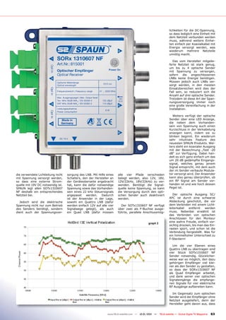 lichkeiten für die DC-Spannung,
                                                                                                              so dass lediglich eine Einheit mit
                                                                                                              dem Netzteil verbunden werden
                                                                                                              muss, während weitere Einhei-
                                                                                                              ten einfach per Koaxialkabel mit
                                                                                                              Energie versorgt werden, was
                                                                                                              wiederum mehrere Netzteile
                                                                                                              unnötig macht.

                                                                                                                Das vom Hersteller mitgelie-
                                                                                                              ferte Netzteil ist stark genug,
                                                                                                              um bis zu 4 optische Sender
                                                                                                              mit Spannung zu versorgen,
                                                                                                              sofern     die  angeschlossenen
                                                                                                              LNBs keine Energie benötigen.
                                                                                                              Müssen jedoch auch LNBs ver-
                                                                                                              sorgt werden, in den meisten
                                                                                                              Einsatzbereichen wird dies der
                                                                                                              Fall sein, so reduziert sich die
                                                                                                              Anzahl auf drei optische Sender.
                                                                                                              Trotzdem ist diese Art der Span-
                                                                                                              nungsversorgung immer noch
                                                                                                              eine große Vereinfachung in der
                                                                                                              Installation.

                                                                                                                 Weiters verfügt der optische
                                                                                                              Sender über eine LED Anzeige,
                                                                                                              die neben dem Vorhanden-
                                                                                                              sein von Spannung auch einen
                                                                                                              Kurzschluss in der Verkabelung
                                                                                                              anzeigen kann, indem sie zu
                                                                                                              blinken beginnt. Ein wiederum
                                                                                                              sehr intuitives Feature des
                                                                                                              neuesten SPAUN Produkts. Wei-
                                                                                                              ters steht ein koaxialer Ausgang
                                                                                                              mit der Bezeichnung „Test -20
                                                                                                              dB“ zur Verfügung. Dabei han-
                                                                                                              delt es sich ganz einfach um das
                                                                                                              um 20 dB gedämpfte Eingangs-
                                                                                                              signal, welches genau jenem
                                                                                                              Signal entspricht, mit dem auch
                                                                                                              der im Sender verbaute Modula-
die verwendete Lichtleitung nicht   sorgung des LNB. Mit Hilfe eines   alle vier Pfade verschieden            tor versorgt wird. Der Anwender
mit Spannung versorgt werden,       Schalters, den der Hersteller an   belegt werden, also 12V, 18V,          kann also genau überprüfen, ob
so dass eine externe Strom-         der Geräteoberseite angebracht     12V/22kHz, 18V/22kHz) zu ver-          ein RF Signal am Sender vor-
quelle mit 19V DC notwendig ist.    hat, kann die dafür notwendige     wenden. Benötigt die Signal-           handen ist und wie hoch dessen
SPAUN legt allen SOTx1310607        Spannung sowie das Vorhanden-      quelle keine Spannung, so kann         Pegel ist.
NF deshalb ein entsprechendes       sein eines 22 kHz Steuersignals    die Versorgung durch den opti-
Netzteil bei.                       angepasst    werden.   Dadurch     schen Sender auch deaktiviert             Der optische Ausgang SC/
                                    ist der Anwender in der Lage,      werden.                                APC ist durch eine schwarze
  Jedoch wird die elektrische       sowohl ein Quattro LNB (dafür                                             Abdeckung geschützt, die vor
Spannung nicht nur zum Betrieb      werden einfach 12V auf alle vier     Der SOTx1310607 NF verfügt           dem Verbinden mit einem Licht-
des Senders benötigt, sondern       Signalwege gelegt), als auch       über zwei als F-Buchse ausge-          leiterkabel   entfernt   werden
dient auch der Spannungsver-        ein Quad LNB (dafür müssen         führte, parallele Anschlussmög-        muss. Nebenbei erwähnt ist
                                                                                                              das Verbinden von optischen
                                                                                                              Anschlüssen für den Monteur
                                                                                                              eine wahre Freude, einfach vor-
                                                                                            graph 2
                                                                                                              sichtig drücken, bis man das Ein-
                                                                                                              rasten spürt, und schon ist die
                                                                                                              Verbindung hergestellt. Was für
                                                                                                              ein himmelhoher Unterschied zu
                                                                                                              F-Steckern!

                                                                                                                 Um die vier Ebenen eines
                                                                                                              Quattro LNB zu übertragen sind
                                                                                                              vier Stück SOTx1310607 NF
                                                                                                              Sender notwendig. Glücklicher-
                                                                                                              weise war es möglich, den dazu
                                                                                                              gehörigen Empfänger viel klei-
                                                                                                              ner als den Sender zu gestalten,
                                                                                                              so dass der SORx1310607 NF
                                                                                                              als Quad Empfänger arbeitet,
                                                                                                              und dank seiner vier optischen
                                                                                                              Signaleingänge die empfange-
                                                                                                              nen Signale für vier elektrische
                                                                                                              RF Ausgänge aufbereiten kann.

                                                                                                                Im Gegensatz zum optischen
                                                                                                              Sender wird der Empfänger ohne
                                                                                                              Netzteil ausgeliefert, denn der
                                                                                                              Hersteller geht davon aus, dass


                                                               www.TELE-satellite.com — 12-01/201 —
                                                                                                1     TELE-satellite — Global Digital TV Magazine   63
 
