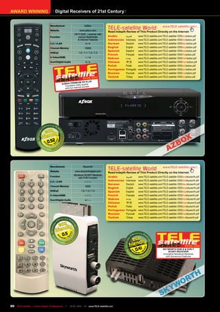 AWARD WINNING                       Digital Receivers of 21st Century


                                Manufacturer                     AZBox
                                Website                     www.azbox.com
                                                                                    TELE-satellite World                            www.TELE-satellite.com/...
                                                                                    Read Indepth Review of This Product Directly on the Internet:
                                                       HDTV         receiver with
                                Function                 various Multimedia         Arabic       ‫ﺍﻟﻌﺮﺑﻴﺔ‬     www.TELE-satellite.com/TELE-satellite-1005/ara/azbox.pdf
                                                         & Internet Features        Indonesian   Indonesia   www.TELE-satellite.com/TELE-satellite-1005/bid/azbox.pdf
                                     /LAN                         ●/●               German       Deutsch     www.TELE-satellite.com/TELE-satellite-1005/deu/azbox.pdf
                                Channel Memory                   15000              English      English     www.TELE-satellite.com/TELE-satellite-1005/eng/azbox.pdf
                                                                                    Spanish      Español     www.TELE-satellite.com/TELE-satellite-1005/esp/azbox.pdf
                                DiSEqC                     1.0 / 1.1 / 1.2 / 1.3
                                                                                    French       Français    www.TELE-satellite.com/TELE-satellite-1005/fra/azbox.pdf
                                S-Video/HDMI                      —/●               Hebrew       ‫עברית‬       www.TELE-satellite.com/TELE-satellite-1005/heb/azbox.pdf
                                Scart/Digital Audio               ●/●               Chinese      中文          www.TELE-satellite.com/TELE-satellite-1005/man/azbox.pdf
                                                                                    Polish       Polski      www.TELE-satellite.com/TELE-satellite-1005/pol/azbox.pdf
                                                                                    Portuguese   Português   www.TELE-satellite.com/TELE-satellite-1005/por/azbox.pdf
                                                                                    Russian      Русский     www.TELE-satellite.com/TELE-satellite-1005/rus/azbox.pdf
                                                                                    Turkish      Türkçe      www.TELE-satellite.com/TELE-satellite-1005/tur/azbox.pdf
                                                                04-05/2010
                                                            IUM HD PLUS
                                           AZ BOX PREM eo quality
                                              Excellent vid
                                                               et ac cess
                                              with full Intern




                             0.52




                                Manufacturer                    Skyworth
                                Website                 www.skyworthdigital.com
                                                                                    TELE-satellite World                            www.TELE-satellite.com/...
                                                                                    Read Indepth Review of This Product Directly on the Internet:
                                                       Miniature SCART Receiver
                                Function
                                                           with PVR Function        Arabic       ‫ﺍﻟﻌﺮﺑﻴﺔ‬     www.TELE-satellite.com/TELE-satellite-1005/ara/skyworth.pdf
                                     /LAN                        —/—                Indonesian   Indonesia   www.TELE-satellite.com/TELE-satellite-1005/bid/skyworth.pdf
                                                                                    German       Deutsch     www.TELE-satellite.com/TELE-satellite-1005/deu/skyworth.pdf
                                Channel Memory                    4000
                                                                                    English      English     www.TELE-satellite.com/TELE-satellite-1005/eng/skyworth.pdf
                                DiSEqC                        1.0 / 1.2 / 1.3       Spanish      Español     www.TELE-satellite.com/TELE-satellite-1005/esp/skyworth.pdf
                                S-Video/HDMI                     —/—                French       Français    www.TELE-satellite.com/TELE-satellite-1005/fra/skyworth.pdf
                                Scart/Digital Audio               ●/—               Hebrew       ‫עברית‬       www.TELE-satellite.com/TELE-satellite-1005/heb/skyworth.pdf
                                                                                    Chinese      中文          www.TELE-satellite.com/TELE-satellite-1005/man/skyworth.pdf
                                                                                    Polish       Polski      www.TELE-satellite.com/TELE-satellite-1005/pol/skyworth.pdf
                                                                                    Portuguese   Português   www.TELE-satellite.com/TELE-satellite-1005/por/skyworth.pdf
                                                                                    Russian      Русский     www.TELE-satellite.com/TELE-satellite-1005/rus/skyworth.pdf
                                                                                    Turkish      Türkçe      www.TELE-satellite.com/TELE-satellite-1005/tur/skyworth.pdf




                                            0.5

                                                                                                                                                         04-05/2010
                                                                                                         0.41                       SKYWORTH DVB-S & DVB-T
                                                                                                                                         SCART-RECEIVER
                                                                                                                                    Innovative Miniature Receiver
                                                                                                                                       with Numerous Features




80 TELE-satellite — Global Digital TV Magazine — 12-01/201 — www.TELE-satellite.com
                                                         1
 