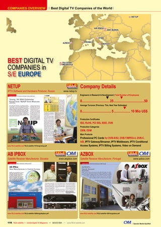 COMPANIES OVERVIEW                                           Best Digital TV Companies of the World

                                                                                                                                                   NETUP




                                                                                                        AB IPBOX 
                                                                                                                          ABC BIZNIS


                                                                                                              STAB

                                                                      AZBOX 
                                                                                         PROMAX
                                                                                                                  ANTECH




BEST DIGITAL TV                                                      PULSTAR


COMPANIES in
                                                                     MENNYFIX




S/E EUROPE
NETUP                                                                                Company Details
IPTV Software and Hardware Producer, Russia                           www.netup.tv
                                                                                     Engineers in Research & Development | Total Number of Employees
                                                                                                                  ▼              ▼
                                                                                     0................................ 25 ...................................50
                                                                                     Average Turnover (Previous, This, Next Year Estimates)
                                                                                                                                      ▼
                                                                                     0.................................. 5 ................... 10 Mio US$

                                                                                     Production Certiﬁcates
                                                                                     ISO, RoHS, PCI SIG, IEEE, DVB
                                                                                     Production Categories
                                                                                     OEM, ODM
                                                                                     Main Products
                                                                                     Professional PC Cards for DVB-S/S2, DVB-T/MPEG-4, DVB-C,
                                                                                     ASI, IPTV Gateway/Streamer, IPTV Middleware, IPTV Conditional
www.TELE-satellite.com/TELE-satellite-1101/eng/netup.pdf                             Access Systems, IPTV Billing Systems, Video on Demand


AB IPBOX                                                                             AZBOX
Satellite Receiver Manufacturer, Slovakia                        www.abipbox.com     Satellite Receiver Manufacturer, Portugal                       www.azbox.com




www.TELE-satellite.com/TELE-satellite-1009/eng/abipbox.pdf                           www.TELE-satellite.com/TELE-satellite-1001/eng/azbox.pdf




116 TELE-satellite — Global Digital TV Magazine — 02-03/201 — www.TELE-satellite.com
                                                          1                                                                                         – Operator Market Qualiﬁed
 