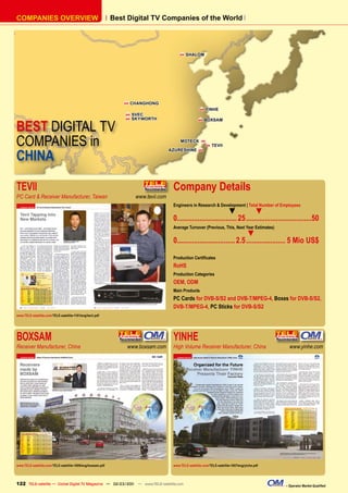 COMPANIES OVERVIEW                                          Best Digital TV Companies of the World



                                                                                             SHALOM




                                                                   CHANGHONG
                                                                                                           YINHE
                                                                   SVEC


BEST DIGITAL TV
                                                                   SKYWORTH                              BOXSAM




COMPANIES in                                                                              MOTECK        
                                                                                                               TEVII


CHINA
                                                                                     AZURESHINE        




TEVII                                                                                 Company Details
PC Card & Receiver Manufacturer, Taiwan                              www.tevii.com
                                                                                      Engineers in Research & Development | Total Number of Employees
                                                                                                                   ▼            ▼
                                                                                      0................................ 25 ...................................50
                                                                                      Average Turnover (Previous, This, Next Year Estimates)
                                                                                                                            ▼
                                                                                      0............................... 2.5 ..................... 5 Mio US$

                                                                                      Production Certiﬁcates
                                                                                      RoHS
                                                                                      Production Categories
                                                                                      OEM, ODM
                                                                                      Main Products
                                                                                      PC Cards for DVB-S/S2 and DVB-T/MPEG-4, Boxes for DVB-S/S2,
                                                                                      DVB-T/MPEG-4, PC Sticks for DVB-S/S2
www.TELE-satellite.com/TELE-satellite-1101/eng/tevii.pdf




BOXSAM                                                                                YINHE
Receiver Manufacturer, China                                    www.boxsam.com        High Volume Receiver Manufacturer, China                     www.yinhe.com




www.TELE-satellite.com/TELE-satellite-1009/eng/boxsam.pdf                             www.TELE-satellite.com/TELE-satellite-1007/eng/yinhe.pdf




122 TELE-satellite — Global Digital TV Magazine — 02-03/201 — www.TELE-satellite.com
                                                          1                                                                                      – Operator Market Qualiﬁed
 