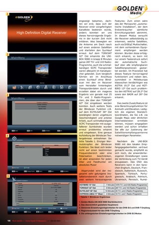 1

                                                                              angezeigt bekamen, dach-             Features: Zum einen wäre
                                                                              ten wir erst, dass sich der          das der Menüpunkt „automa-
                                                                              Receiver einer vorgefertigten        tische Installation“, der dem
                                                                              Kanalliste bedienen würde,           Endverbraucher       sämtliche
                                                                              anders konnten wir uns               Einrichtungsarbeit abnimmt.
                                                                              dieses hervorragende Ergeb-          In diesem Modus versucht
                                                                              nis in der kurzen Zeit nicht         der Receiver selbstständig zu
                                                                              erklären. Also bewegten wir          erkennen, welche Satelliten,
                                                                              die Antenne am Dach rasch            auch via DiSEqC Multischalter,
                                                                              auf einen anderen Satelliten         mit dem vorhandenen Equip-
                                                                              und starteten den Suchlauf           ment     empfangen     werden
                                                                              erneut. Auf dem TÜRKSAT              können. Wurden diese erfolg-
2
                                                                              42° Ost erkannte die UNI-            reich erkannt, so kann mit
                                                                              BOX 9080 in knapp 8 Minuten          nur einem Tastendruck sofort
                                                                              ganze 287 TV- und 143 Radio-         der     automatische     Such-
                                                                              Programme, auch die schmal-          lauf über alle empfangbaren
                                                                              bandigen SCPC Transponder            Satellitenpositionen gestar-
                                                                              waren allesamt im Kanalspei-         tet werden. Im Praxistest hat
                                                                              cher gelandet. Zum Vergleich         dieses Feature hervorragend
                                                                              führten wir im Anschluss             funktioniert und neben den,
                                                                              einen Suchlauf ohne Blind-           zumindest in Mitteleuropa
                                                                              scan mit den im Receiver             klassischen Verdächtigen wie
                                                                              vom Hersteller hinterlegten          ASTRA 19.2° Ost und HOT-
                                                                              Transponderdaten durch und           BIRD 13° Ost auch problem-
                                                                              erzielten dabei ein mageres          los den ASTRA2 auf 28.2° Ost
3                                                                             Ergebnis von gerade mal 25           sowie den BADR auf 26° Ost
                                                                              TV- und 3 Radio-Program-             erkannt.
                                                                              men, die über den TÜRKSAT
                                                                              42° Ost eingelesen werden               Das zweite Zusatzfeature ist
                                                                              konnten. Auch weitere Tests          eine Berechnungsfunktion für
                                                                              der Blindscan Funktion z.B.          Azimuth und Elevation. Ledig-
                                                                              auf dem EUTELSAT 36° Ost             lich die eigenen Standort-
                                                                              bestätigten deren ungeheure          koordinaten, die Sie z.B. via
                                                                              Geschwindigkeit und präzise          Google Maps oder ähnlichen
                                                                              Arbeit, auch schmalbandigste         Internetdiensten     ermitteln
                                                                              SCPC Transponder mit ausge-          können, müssen eingegeben
                                                                              fallener Symbolrate wurden           werden und schon erhalten
                                                                              erneut problemlos erkannt            Sie alle zur Justierung der
                                                                              und eingelesen. Eine genaue          Satellitenempfangsantenne
4                                                                             Aufstellung der Blindscan Tes-       notwendigen Parameter.
                                                                              tergebnisse entnehmen Sie
                                                                              bitte Tabelle 1. Einziger Wer-         Nachdem       die   UNI-BOX
                                                                              mutstropfen der Blindscan            9080 mit den lokalen Emp-
                                                                              Funktion: Sie lässt sich leider      fangsgegebenheiten vertraut
                                                                              nicht auf einen bestimmten           gemacht wurde, empﬁehlt es
                                                                              Frequenzbereich oder eine            sich noch, die anwenderbe-
                                                                              Polarisation     beschränken,        zogenen Einstellungen sowie
                                                                              ist aber ansonsten für jeden         die Verbindung zum TV-Gerät
                                                                              DXer und Feedhunter ein              anzupassen. Das OSD des
                                                                              absolutes Muss!                      Receivers kann in den Spra-
                                                                                                                   chen Englisch, Deutsch, Fran-
                                                                                Abgerundet wird der ins-           zösisch, Italienisch, Russisch,
                                                                              gesamt sehr gelungene Ins-           Spanisch, Türkisch, Portu-
5                                                                             tallationsbereich noch durch         giesisch, Arabisch, Polnisch,
                                                                              zwei weitere herausragende           Ukrainisch, Persisch, Rumä-

                                                                               HOTBIRD 13° Ost            7 Minuten 1479 TV- und 430 Radio-Programme
                                                                               TÜRKSAT 42° Ost            8 Minuten 287 TV- und 143 Radio-Programme
                                                                               EUTELSAT 36° Ost          10 Minuten 35 TV- und 3 Radio-Programme
                                                                               EXPRESS AM44 11° West      4 Minuten 19 TV- und 1 Radio-Programm
                                                                              ■ Tabelle 1: Blindscan Ergebnisse
                                                                              1. Golden Media UNI-BOX 9080 Startbildschirm
                                                                              2. Das übersichtlich gestaltete Hauptmenü
                                                                              3. Getrennte Einstellungsmöglichkeiten für den DVB-S/2 und DVB-T Empfang
                                                                              4. Regionenauswahl für den DVB-T Empfang
                                                                              5. Die umfangreichen Einstellungsmöglichkeiten im DVB-S/2 Modus


14 TELE-satellite — Global Digital TV Magazine — 02-03/201 — www.TELE-satellite.com
                                                         1
 