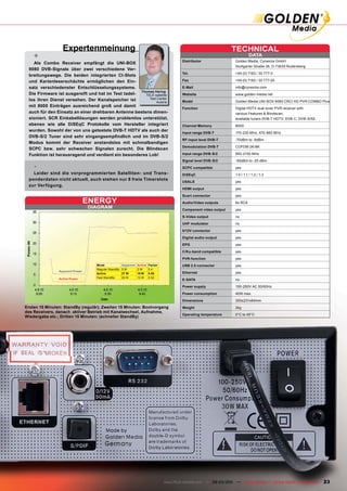 Expertenmeinung                                                                                  TECHNICAL
    +                                                                                                                       DATA
                                                                                          Distributor              Golden Media, Cynextra GmbH
   Als Combo Receiver empfängt die UNI-BOX
                                                                                                                   Stuttgarter Straße 36, D-73635 Rudersberg
 9080 DVB-Signale über zwei verschiedene Ver-
                                                                                          Tel.                     +49 (0) 7183 / 30 777-0
 breitungswege. Die beiden integrierten CI-Slots
 und Kartenleserschächte ermöglichen den Ein-                                             Fax                      +49 (0) 7183 / 30 777-20

 satz verschiedenster Entschlüsselungssysteme.                                            E-Mail                   info@cynextra.com
                                                    Thomas Haring
 Die Firmware ist ausgereift und hat im Test tadel-   TELE-satellite                      Website                  www.golden-media.net
 los ihren Dienst versehen. Der Kanalspeicher ist       Test Center
                                                            Austria                       Model                    Golden Media UNI-BOX 9080 CRCI HD PVR COMBO Plus
 mit 8000 Einträgen ausreichend groß und damit
                                                                                          Function                 Digital HDTV dual tuner PVR receiver with
 auch für den Einsatz an einer drehbaren Antenne bestens dimen-                                                    various Features & Blindscan,
 sioniert. SCR Einkabellösungen werden problemlos unterstützt,                                                     available tuners DVB-T HDTV, DVB-C, DVB-S/S2
 ebenso wie alle DiSEqC Protokolle vom Hersteller integriert                              Channel Memory           8000
 wurden. Sowohl der von uns getestete DVB-T HDTV als auch der
                                                                                          Input range DVB-T        170-230 MHz, 470-860 MHz
 DVB-S/2 Tuner sind sehr eingangsempﬁndlich und im DVB-S/2
                                                                                          RF-input level DVB-T     -70dBm to -8dBm
 Modus kommt der Receiver anstandslos mit schmalbandigen
                                                                                          Demodulation DVB-T       COFDM 2K/8K
 SCPC bzw. sehr schwachen Signalen zurecht. Die Blindscan
 Funktion ist herausragend und verdient ein besonderes Lob!                               Input range DVB-S/2      950-2150 MHz

                                                                                          Signal level DVB-S/2     -65dBm to -25 dBm
    -                                                                                     SCPC compatible          yes
   Leider sind die vorprogrammierten Satelliten- und Trans-                               DiSEqC                   1.0 / 1.1 / 1.2 / 1.3
 ponderdaten nicht aktuell, auch stehen nur 8 freie Timerslots
                                                                                          USALS                    yes
 zur Verfügung.
                                                                                          HDMI output              yes

                                                                                          Scart connector          yes
                                 ENERGY                                                   Audio/Video outputs      6x RCA
                                 DIAGRAM                                                  Component video output   yes

                                                                                          S-Video output           no

                                                                                          UHF modulator            no

                                                                                          0/12V connector          yes

                                                                                          Digital audio output     yes

                                                                                          EPG                      yes

                                                                                          C/Ku-band compatible     yes

                                                                                          PVR-function             yes
                                   Mode              Apparent   Active   Factor           USB 2.0 connector        yes
                                   Regular StandBy   5W         2W       0.4
                Apparent Power
                                   Active            27 W       15 W     0.55             Ethernet                 yes
                Active Power       Fast StandBy      25 W       13 W     0.52
                                                                                          E-SATA                   no

                                                                                          Power supply             100-250V AC 50/60Hz

                                                                                          Power consumption        40W max.

                                                                                          Dimensions               300x231x64mm
Ersten 15 Minuten: StandBy (regulär); Zweiten 15 Minuten: Bootvorgang                     Weight                   2kg
des Receivers, danach aktiver Betrieb mit Kanalwechsel, Aufnahme,
                                                                                          Operating temperature    0°C to 45°C
Wiedergabe etc.; Dritten 15 Minuten: (schneller StandBy)




                                                                                  www.TELE-satellite.com — 02-03/201 —
                                                                                                                   1      TELE-satellite — Global Digital TV Magazine   23
 