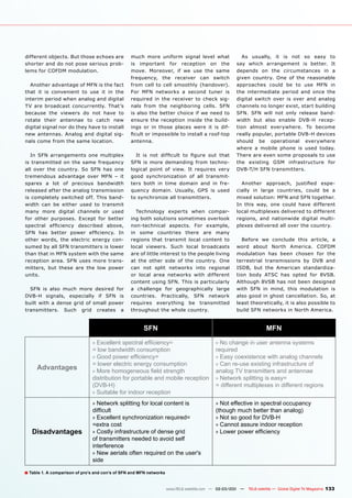 different objects. But those echoes are          much more uniform signal level what                   As usually, it is not so easy to
shorter and do not pose serious prob-            is important for reception on the                   say which arrangement is better. It
lems for COFDM modulation.                       move. Moreover, if we use the same                  depends on the circumstances in a
                                                 frequency, the receiver can switch                  given country. One of the reasonable
  Another advantage of MFN is the fact           from cell to cell smoothly (handover).              approaches could be to use MFN in
that it is convenient to use it in the           For MFN networks a second tuner is                  the intermediate period and once the
interim period when analog and digital           required in the receiver to check sig-              digital switch over is over and analog
TV are broadcast concurrently. That’s            nals from the neighboring cells. SFN                channels no longer exist, start building
because the viewers do not have to               is also the better choice if we need to             SFN. SFN will not only release band-
rotate their antennae to catch new               ensure the reception inside the build-              width but also enable DVB-H recep-
digital signal nor do they have to install       ings or in those places were it is dif-             tion almost everywhere. To become
new antennas. Analog and digital sig-            ﬁcult or impossible to install a roof-top           really popular, portable DVB-H devices
nals come from the same location.                antenna.                                            should be operational everywhere
                                                                                                     where a mobile phone is used today.
  In SFN arrangements one multiplex                It is not difﬁcult to ﬁgure out that              There are even some proposals to use
is transmitted on the same frequency             SFN is more demanding from techno-                  the existing GSM infrastructure for
all over the country. So SFN has one             logical point of view. It requires very             DVB-T/H SFN transmitters.
tremendous advantage over MFN – it               good synchronization of all transmit-
spares a lot of precious bandwidth               ters both in time domain and in fre-                  Another approach, justiﬁed espe-
released after the analog transmission           quency domain. Usually, GPS is used                 cially in large countries, could be a
is completely switched off. This band-           to synchronize all transmitters.                    mixed solution: MFN and SFN together.
width can be either used to transmit                                                                 In this way, one could have different
many more digital channels or used                 Technology experts when compar-                   local multiplexes delivered to different
for other purposes. Except for better            ing both solutions sometimes overlook               regions, and nationwide digital multi-
spectral efﬁciency described above,              non-technical aspects. For example,                 plexes delivered all over the country.
SFN has better power efﬁciency. In               in some countries there are many
other words, the electric energy con-            regions that transmit local content to                Before we conclude this article, a
sumed by all SFN transmitters is lower           local viewers. Such local broadcasts                word about North America. COFDM
than that in MFN system with the same            are of little interest to the people living         modulation has been chosen for the
reception area. SFN uses more trans-             at the other side of the country. One               terrestrial transmissions by DVB and
mitters, but these are the low power             can not split networks into regional                ISDB, but the American standardiza-
units.                                           or local area networks with different               tion body ATSC has opted for 8VSB.
                                                 content using SFN. This is particularly             Although 8VSB has not been designed
  SFN is also much more desired for              a challenge for geographically large                with SFN in mind, this modulation is
DVB-H signals, especially if SFN is              countries. Practically, SFN network                 also good in ghost cancellation. So, at
built with a dense grid of small power           requires everything be transmitted                  least theoretically, it is also possible to
transmitters. Such grid creates a                throughout the whole country.                       build SFN networks in North America.


                                                       SFN                                                            MFN
                               » Excellent spectral efﬁciency=                             » No change in user antenna systems
                               = low bandwidth consumption                                 required
                               » Good power efﬁciency=                                     » Easy coexistence with analog channels
                               = lower electric energy consumption                         » Can re-use existing infrastructure of
     Advantages                » More homogeneous ﬁeld strength                            analog TV transmitters and antennae
                               distribution for portable and mobile reception              » Network splitting is easy=
                               (DVB-H)                                                     = different multiplexes in different regions
                               » Suitable for indoor reception
                               » Network splitting for local content is                    » Not effective in spectral occupancy
                               difﬁcult                                                    (though much better than analog)
                               » Excellent synchronization required=                       » Not so good for DVB-H
                               =extra cost                                                 » Cannot assure indoor reception
   Disadvantages               » Costly infrastructure of dense grid                       » Lower power efﬁciency
                               of transmitters needed to avoid self
                               interference
                               » New aerials often required on the user's
                               side

■ Table 1. A comparison of pro’s and con’s of SFN and MFN networks

                                                                     www.TELE-satellite.com — 02-03/201 —
                                                                                                      1     TELE-satellite — Global Digital TV Magazine   133
 