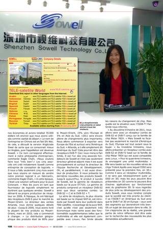 SOWELL                                                                              Company Details
 OEM Receiver Manufacturer, China                              www.sowell-tech.com
                                                                                     Engineers in Research & Development | Total Number of Employees
                                                                                                                                            ▼               ▼
                                                                                     0................................ 50 ................................ 100
                                                                                     Average Turnover (Previous, This, Next Year Estimates)
                                                                                                                                            ▼
                                                                                     0................................ 25 ................... 50 Mio US$

                                                                                     Production Certiﬁcates
                                                                                     DVB
                                                                                     Main Products
                                                                                     Receiver for DVB-S/S2, DVB-T/T2, DVB-C and ISDB-T, Receivers
                                                                                     with 3D graphics



 www.TELE-satellite.com/TELE-satellite-1103/eng/sowell.pdf




 TELE-satellite World                                                                                www.TELE-satellite.com/...
 Download this report in other languages from the Internet:
 Arabic                                     ‫ﺍﻟﻌﺮﺑﻴﺔ‬             www.TELE-satellite.com/TELE-satellite-1103/ara/sowell.pdf
 Indonesian                                 Indonesia           www.TELE-satellite.com/TELE-satellite-1103/bid/sowell.pdf
 German                                     Deutsch             www.TELE-satellite.com/TELE-satellite-1103/deu/sowell.pdf
 English                                    English             www.TELE-satellite.com/TELE-satellite-1103/eng/sowell.pdf
 Spanish                                    Español             www.TELE-satellite.com/TELE-satellite-1103/esp/sowell.pdf
 French                                     Français            www.TELE-satellite.com/TELE-satellite-1103/fra/sowell.pdf
 Hebrew                                     ‫עברית‬               www.TELE-satellite.com/TELE-satellite-1103/heb/sowell.pdf
 Chinese                                    中文                  www.TELE-satellite.com/TELE-satellite-1103/man/sowell.pdf
 Polish                                     Polski              www.TELE-satellite.com/TELE-satellite-1103/pol/sowell.pdf
 Portuguese                                 Português           www.TELE-satellite.com/TELE-satellite-1103/por/sowell.pdf
 Russian                                    Русский             www.TELE-satellite.com/TELE-satellite-1103/rus/sowell.pdf                                                                 les raisons du changement de chip. Mais
 Turkish                                    Türkçe              www.TELE-satellite.com/TELE-satellite-1103/tur/sowell.pdf                                        ■ La réceptionniste
                                                                                                                                                                 Lisa présente un salut   quelle est la situation avec l’ISDB-T? Pan
                                                             Available online starting from 28 January 2011
                                                                                                                                                                 amical à tous les        Smile nous informe,
                                                                                                                                                                 visiteurs.                  « Au deuxième trimestre de 2011, nous
nos économies et avions totalisé 70.000                                                                             le Moyen-Orient, 15% vers l’Europe et                                 allons venir avec un récepteur combo de
dollars US environ que nous avons utili-                                                                            5% en Asie du Sud. «2011 sera encore                                  DVB-S2 et DVB-T conçu sur la famille de
sés comme capital de départ.» Le nom de                                                                             pleine de changements plus importants;                                chip Mstar 782X. » Mais Sowell ne foca-
l’entreprise en Chinois est en fait Shi Wei;                                                                        Nous allons commencer à exporter vers                                 lise pas seulement le marché d’Amérique
de cela, a découlé la version Anglicisée                                                                            Europe de l’Est et surtout vers l’Amérique                            du Sud, l’Europe est tout autant sous la
Siwei de sorte que ca consonnait mieux                                                                              du Sud. » Attends, a-t-elle simplement dit                            loupe: « Au troisième trimestre, nous
en Anglais, puis l’appellation est devenue                                                                          Amérique du Sud? Cela pourrait être des                               allons présenter un récepteur combo avec
Sowell. « Ce nom correspond effective-                                                                              récepteurs DVB-T! Ceci nous mena à Pan                                DVB-S2 et DVB-T2 basé sur la famille de
ment à notre philosophie d’entreprise»,                                                                             Smile, Il est l’un des cinq associés fon-                             chip Mstar 785X qui est aussi compatible
commente Eagle Chaîn, «Nous voulons                                                                                 dateurs de Sowell et n’est pas seulement                              avec Linux. » Pour le quatrième trimestre,
faire tout “très bien”.» Les cinq asso-                                                                             directeur général adjoint mais il est aussi                           ils envisagent une unité multimédia: «
ciés ont créé initialement Sowell comme                                                                             principalement et surtout le directeur de                             Elle sera basée sur les nouvelles séries de
entreprise de conception de logiciels. «                                                                            l’équipe Recherche et Développement.                                  chips Trident Apollo avec lequel l’OSD sera
Il nous a fallu seulement cinq mois avant                                                                           Oh, et parallèlement, il est aussi direc-                             présenté pour la première fois, en 3D.»
que nous soyons en mesure de vendre                                                                                 teur de production. Il nous présente les                              Comme il sera un récepteur multimédia,
notre premier logiciel à un fabricant»,                                                                             dernières nouvelles des produits Sowell.                              il ne sera pas nécessairement juste un
commente Eagle Chaîn, « A cette époque,                                                                             Jusqu’à aujourd’hui, le produit à succès                              OSD en 3D; mais les jeux peuvent être
c’était une solution software pour la puce                                                                          de Sowell, est la gamme de récepteurs                                 présentées en 3D comme le peuvent être
Conexant. » Mais les jours en tant que                                                                              basés sur la puce ST7101. La gamme de                                 d’autres applications qui fonctionnent
fournisseur de logiciels simplement ne                                                                              produits comprend un récepteur DVB-S2                                 avec du graphisme 3D. Si vous regardez
durèrent que quelques années: Sowell a                                                                              ainsi que deux variantes combo: Le                                    de plus près au développement des pro-
démarré sa propre production de récep-                                                                              DVB-S2 + C et le DVB-S2 + T.                                          duits Sowell, vous vous rendrez compte
teur en 2006. À l’époque, ils ont fabriqué                                                                             La série de récepteurs, la plus récente                            que la société est très proche du client:
des récepteurs DVB-S pour le marché du                                                                              est basée sur le chipset NXP et, est intro-                           il ya l’ISDB-T en Amérique du Sud ainsi
Moyen-Orient. Le directeur des ventes                                                                               duite par Sowell dans leur publicité dans                             que le DVB-T et 3D en Europe - ceux sont
Amanda, nous donne quelques détails                                                                                 Télé-satellite. «L’avantage de la puce NXP,                           des segments qui deviendront très bien-
de plus: «Jusqu’à 2009, nous avons livré                                                                            c’est qu’elle n’est pas seulement très                                tôt un sujet de discussion dans la ville. Si
la plupart de nos produits au Moyen-                                                                                économique mais vante aussi des fonc-                                 l’on s’approche de la réalité, une grande
Orient, mais en 2010, cela a commencé                                                                               tionnalités supplémentaires telles que le                             partie de notre réﬂexion doit être axée
à changer. » La distribution géogra-                                                                                multimédia et elle est également com-                                 sur la recherche des nouveautés les plus
phique des produits était de 80% pour                                                                               patible avec Linux», Pan Smile dévoile                                demandées actuellement.


106 TELE-satellite — Global Digital TV Magazine — 02-03/201 — www.TELE-satellite.com
                                                          1
 