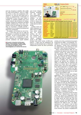TRIMAX                                                                          Company Details
                                                                                 Signal Analyzer Manufacturer, China                         www.trimaxtec.com
                                                                                                                                                                 Engineers in Research & Development | Total Number of Employees
                                                                                                                                                                                 ▼                                              ▼
                                                                                                                                                                 0................................ 25 .................................. 50
                                                                                                                                                                 Average Turnover (Previous, This, Next Year Estimates)
                                                                                                                                                                                                                       ▼
                                                                                                                                                                 0.................................. 1 ..................... 2 Mio US$
pait des récepteurs satellite, tête (LNB)      avec écran intégré.
                                                                                                           Production Certiﬁcates
et multi-commutateurs. Ainsi en 2006,          D’autres employés                                           RoHS, FCC, DVB

Jerry Chu a vécu une expérience inté-          ont     été   rapide-                                       Main Products
                                                                                                           Signal Analyzer with built-in Monitor for DVB-S/S2, DVB-T and
ressante: Un vieil ami des Etats-Unis a        ment embauchés -                                            DVB-C

acquis un appartement à Shenzhen et            Aujourd’hui Trimax
a demandé à Jerry Chu pour l’aider à           emploie     12 per-               www.TELE-satellite.com/TELE-satellite-1103/eng/trimax.pdf



installer un système satellite pour qu’il      sonnes - Et Trimax                TELE-satellite World                       www.TELE-satellite.com/...
puisse recevoir des émissions en langue        a été en mesure de      Download this report in other languages from the Internet:
anglaise. Equipé d’un analyseur de signal      livrer les premières    Arabic       ‫ﺍﻟﻌﺮﺑﻴﺔ‬     www.TELE-satellite.com/TELE-satellite-1103/ara/trimax.pdf
satellite professionnel, Jerry Chu com-        unités dans la même     Indonesian Indonesia www.TELE-satellite.com/TELE-satellite-1103/bid/trimax.pdf
mença à faire le pointage de l’antenne.        année.                  German       Deutsch     www.TELE-satellite.com/TELE-satellite-1103/deu/trimax.pdf
                                                                       English      English     www.TELE-satellite.com/TELE-satellite-1103/eng/trimax.pdf
Mais la frustration s’installa bientôt ;          «C’était moins de
                                                                       Spanish      Español     www.TELE-satellite.com/TELE-satellite-1103/esp/trimax.pdf
L’utilisation de cet appareil professionnel    1000 analyseurs en      French       Français    www.TELE-satellite.com/TELE-satellite-1103/fra/trimax.pdf
était trop compliquée.                         2007 mais en 2008,      Hebrew       ‫עברית‬       www.TELE-satellite.com/TELE-satellite-1103/heb/trimax.pdf
   Et soudain, une lumière lui vint à l’es-    nous avons vendu        Chinese      中文          www.TELE-satellite.com/TELE-satellite-1103/man/trimax.pdf
prit: « C’est ainsi que j’ai eu l’idée de      plus     de   10.000    Polish       Polski      www.TELE-satellite.com/TELE-satellite-1103/pol/trimax.pdf
développer un analyseur de signal facile       unités», dit Jerry      Portuguese Português www.TELE-satellite.com/TELE-satellite-1103/por/trimax.pdf
                                                                       Russian      Русский     www.TELE-satellite.com/TELE-satellite-1103/rus/trimax.pdf
à utiliser et de le commercialiser.» En        Chu ﬁèrement sur
                                                                       Turkish      Türkçe      www.TELE-satellite.com/TELE-satellite-1103/tur/trimax.pdf
2007, Jerry Chu a embauché un ingé-            leur succès initial,                          Available online starting from 28 January 2011
nieur software qui a développé ainsi le        «Notre      meilleure
premier analyseur de signal satellite          année a été 2009,
                                               lorsque nous avons vendu 12.000 ana-           années, Jerry Chu a commencé sa propre
■ Un premier échantillon de fabrication        lyseurs. » Alors que les analyseurs de         production en 2008: « 20 employés tra-
PCB du nouvel analyseur de signal TVHD
                                               signaux ont été produits par un fabricant      vaillent ici pour produire les analyseurs
de Trimax: Cet échantillon mènera bientôt
à un analyseur de THDV avec tuner              indépendant durant les deux premières          de signaux». Trimax livre uniquement
interchangeable sur le marché international.                                                  aux distributeurs, mais fabrique en tant
                                                                                              que OEM pour certains fournisseurs.
                                                                                                 «Nous commercialisons 80% de nos
                                                                                              analyseurs de signaux sous notre propre
                                                                                              marque Trimax, les autres 20% sont
                                                                                              des expéditions OEM», explique Jerry
                                                                                              Chu. En 2007, les premiers analyseurs
                                                                                              de signaux étaient de simples modèles
                                                                                              DVB-S, mais déjà en 2008, ils ont pro-
                                                                                              duit des modèles dont l’analyseur de
                                                                                              spectre est généré par software. En
                                                                                              2009, un modèle avec un analyseur de
                                                                                              spectre en temps réel a été introduit
                                                                                              et pour 2011, Jerry Chu nous signale, «
                                                                                              Nous allons présenter un modèle TVHD!
                                                                                              » Au moment où ce numéro de Télé-
                                                                                              satellite est publié, les premiers modèles
                                                                                              TVHD auront déjà été livrés et ce, avec
                                                                                              un tuner permutable à cela:
                                                                                                 «Nous offrons un tuner pour chaque
                                                                                              application - Pour le DVB-S2, DVB-C et
                                                                                              TNT. L’utilisateur peut facilement insérer
                                                                                              et retirer le tuner, le software reconnaît
                                                                                              automatiquement le tuner en place ».
                                                                                              C’est un développement passionnant;
                                                                                              Un rapport de test de TELE-satellite de
                                                                                              cet analyseur sera établi prochainement.
                                                                                              Une version CI + fera également son
                                                                                              apparition très prochainement sur le
                                                                                              marché: « Le software est ﬁn prêt, nous
                                                                                              attendons seulement l’échantillon de
                                                                                              production », explique Jerry Chu.
                                                                                                 Cependant, il ya autres choses de plus
                                                                                              chez Trimax: «Récemment, nous avons
                                                                                              conclu un accord de coopération avec
                                                                                              la société Hillton Optoélectronique dont
                                                                                              le siège social est situé pas trop loin
                                                                                              de nous.» Trimax envisage d’offrir des
                                                                                              produits optiques pour les systèmes de
                                                                                              télévision par câble et pour les câblo-
                                                                                              opérateurs, «car l’avenir, c’est la ﬁbre
                                                                                              optique. » Et ce n’est toujours pas tout!
                                                                                              En 2011, Trimax lancera le démarrage
                                                                                              d’une division de produit complètement



                                                                    www.TELE-satellite.com — 02-03/201 —
                                                                                                     1                                               TELE-satellite — Global Digital TV Magazine                                         73
 