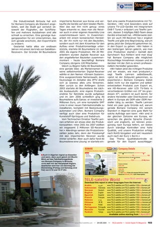 Die Industriestadt Birtouta hat sich        importierte Receiver aus Korea und ver-                                                   fach eine zweite Produktionslinie mit TV-
für Bomare Company als Standort ange-         kaufte die Geräte auf dem lokalen Markt.                                                  Geräten. «Wir sind besonders stolz auf
boten, weil die Stadt gut vernetzt ist:       Aber das war ihm nicht genug: eines                                                       unsere TV-LCD-Geräte mit integriertem
sowohl der Flughafen, der Schiffsha-          Tages erkannte er, dass man die Recei-                                                    DVB-T Tuner,» erläutert uns Tewfik Lam-
fen und mehrere Autobahnen sind alle          ver auch in einer eigenen Assembly-Line                                                   rani, dessen 5-köpfiges R&D-Team diese
schnell zu erreichen. Eine günstige Aus-      zusammenbauen kann. In Zusammen-                                                          Geräte entwickelt hat. «Mittlerweile stel-
gangsposition für ein Unternehmen, das        arbeit mit einem koreanischen Herstel-                                                    len wir auch HD-Receiver her,» ergänzt
sich gerade anschickt, den Exportmarkt        ler, der ihn nicht nur mit den Bauteilen,                                                 Tewfik und gibt eine Begründung, warum
zu erobern.                                   sondern auch mit dem KnowHow für den                                                      genau jetzt der Zeitpunkt gekommen ist,
  Gestartet hatte alles vor endlosen          Aufbau einer Produktionsanlage unter-                                                     in den Export zu gehen: «Wir haben in
Jahren mit einem Vertrieb von Satelliten-     stützte, startete Ali Boumediene im Jahr                                                  den bisherigen Jahren gelernt, wie man
Receivern. Der Gründer Ali Boumediene         2001 die eigene Produktion. Mit 20 Mit-                                                   eine Produktion startet.» Gemäß dem
                                              arbeitern wurden digitale Receiver aus                                                    Sprichwort 'Aus Fehlern wird man klug'
                                              den angelieferten Bauteilen zusammen-                                                     hat Bomare Company alle möglichen
                                              montiert - heute beschäftigt Bomare                                                       Rückschläge hinnehmen müssen und ist
                                              Company übrigens 120 Mitarbeiter.                                                         darüber mit der Zeit zu einem professio-
                                                 Gleich zu Beginn hatte Ali Boumediene                                                  nellem Hersteller geworden.
                                              eine geniale Idee: als Markennamen für                                                       «Wir haben jetzt die richtigen Produkte
                                              seine selbstmontierten Digital-Receiver                                                   und wir wissen, wie man produziert,»
                                              wählte er den Namen «Stream System».                                                      sagt Tewfik Lamrani selbstbewußt,
                                              Eine ausgezeichnete Namenswahl, denn                                                      «jetzt ist der Zeitpunkt gekommen, zu
                                              heutzutage im Zeitalter des IPTV dreht                                                    exportieren.» Bomare Company bietet
                                              sich ja sowieso alles ums Streamen.                                                       dabei nicht nur die eigenen und selbst-
                                              Aber zurück zu den Anfängen: Schon                                                        entwickelten Produkte zum Export an,
                                              2003 startete Ali Boumediene die näch-                                                    wie HD-Receiver oder LCD TV-Sets in
                                              ste Ausbaustufe: eine eigene Produkti-                                                    verschiedenen Größen von 19“ bis gran-
                                              onslinie für Netzteile wurde aufgebaut                                                    diosen 47“, sondern ist auch bereit, für
                                              und im Jahr 2006 schließlich ging Ali                                                     andere Hersteller oder Distributoren vor
                                              Boumediene aufs Ganze: er investierte 2                                                   allem in Europa als OEM oder ODM Her-
                                              Millionen Euro, um eine komplette SMT                                                     steller tätig zu werden. Tewfik Lamrani
                                              Linie in einer neuen Fabrikationshalle zu                                                 listet ein paar gute Gründe auf, warum
                                              installieren, komplett mit Bestückungs-                                                   gerade Bomare Company mit seinem
                                              automaten und Ofen. Bomare Company                                                        Standort in Algerien eine gute Wahl für
                                              verfügt auch über eine Produktion für                                                     solche Aufträge sein kann: «Wir sind in
                                              Kunststoff-Spritzguss und Siebdruck.                                                      der gleichen Zeitzone wie Europa, wir
                                                 Vom Technischen Direktor Tewfik Lam-                                                   sprechen die gleiche Sprache (franzö-
                                              rani erfahren wir etwas über die Produk-                                                  sisch und englisch), wir können preis-
                                              tionszahlen: «Von 2001 bis 2007 stellten                                                  günstig nach Europa liefern, wir bieten
                                              wir insgesamt 3 Millionen SD-Receiver                                                     durch ständige Kontrollen eine hohe
                                              her.» Allerdings sanken die Produktions-                                                  Qualität, und unsere Produktion erfolgt
                                              zahlen jedes Jahr, denn der Preiskampf                                                    nach RoHS-Vorgaben und seit neuestem
                                              mit den importierten Receiver wurde                                                       auch nach der Euro 1 Norm.»
                                              immer schärfer. Aber auch dafür fand Ali                                                     Das Thema Qualitätskontrolle ist
                                              Boumediene eine Lösung: er startete ein-                                                  gerade für den Export ausschlagge-


                                                                        BOMARE                                                                              Company Details
                                                                        TV and Receiver Manufacturer, Algeria                       www.bomarecompany.com
                                                                                                                                                            Engineers in Research & Development | Total Number of Employees
                                                                                                                                                                     ▼                                                 ▼
                           ■ Auch in Algerien regnet es bisweilen                                                                                           0................................ 75 ................................ 150
                           und wenn, dann auch gleich mit Wucht:                                                                                            Average Turnover (Previous, This, Next Year Estimates)

                           Blick auf das Fabrikationsgelände                                                                                                                                    ▼
                                                                                                                                                            0............................. 12.5 ...................25 Mio €uro
                           von Bomare Company in Birtouta,
                           nicht weit von der Hauptstadt Algiers.                                                                                           Production Certiﬁcates
                           Gearbeitet wird hier von Sonntag bis                                                                                             RoHS, DVB
                           Donnerstag (Freitag und Samstag sind                                                                                             Production Categories
                                                                                                                                                            OEM, ODM
                           frei) von 8-12 und 13-17 Uhr.                                                                                                    Main Products
                                                                                                                                                            LCD and Plasma TV-Sets with integrated DVB-Tuner, Satellite
                                                                                                                                                            Receiver for DVB-S/S2, DVB-T, Home Theatre Systems
                                                                        www.TELE-satellite.com/TELE-satellite-1103/eng/bomare.pdf




                                                                        TELE-satellite World                                                                                www.TELE-satellite.com/...
                                                                        Download this report in other languages from the Internet:
                                                                        Arabic                                  ‫العربية‬                 www.TELE-satellite.com/TELE-satellite-1105/ara/bomare.pdf
                                                                        Indonesian                              Indonesia               www.TELE-satellite.com/TELE-satellite-1105/bid/bomare.pdf
                                                                        German                                  Deutsch                 www.TELE-satellite.com/TELE-satellite-1105/deu/bomare.pdf
                                                                        English                                 English                 www.TELE-satellite.com/TELE-satellite-1105/eng/bomare.pdf
                                                                        Spanish                                 Español                 www.TELE-satellite.com/TELE-satellite-1105/esp/bomare.pdf
                                                                        French                                  Français                www.TELE-satellite.com/TELE-satellite-1105/fra/bomare.pdf
                                                                        Hebrew                                  ‫עברית‬                   www.TELE-satellite.com/TELE-satellite-1105/heb/bomare.pdf
                                                                        Chinese                                 中文                      www.TELE-satellite.com/TELE-satellite-1105/man/bomare.pdf
                                                                        Polish                                  Polski                  www.TELE-satellite.com/TELE-satellite-1105/pol/bomare.pdf
                                                                        Portuguese                              Português               www.TELE-satellite.com/TELE-satellite-1105/por/bomare.pdf
                                                                        Russian	                                Русский		               www.TELE-satellite.com/TELE-satellite-1105/rus/bomare.pdf
                                                                        Turkish                                 Türkçe                  www.TELE-satellite.com/TELE-satellite-1105/tur/bomare.pdf
                                                                                                                                           Available online starting from 1 April 2011



                                                              www.TELE-satellite.com — 04-05/201 —
                                                                                               1                                                TELE-satellite — Global Digital TV Magazine                                     103
 